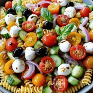 - 2 cups rotini pasta - 1 cup cherry tomatoes, halved - 1 cup cucumber, diced - 1/2 cup red onion, finely chopped - 1/2 cup black olives, sliced - 1/2 cup mozzarella balls, halved - 1/4 cup fresh basil, chopped For a great Italian pasta salad, use these fresh ingredients. The rotini pasta is perfect for holding flavors. Cherry tomatoes add sweetness and a pop of color. Diced cucumber gives a nice crunch. Finely chopped red onion adds a mild bite, while black olives bring a salty taste. Mozzarella balls make the salad creamy. Fresh basil adds an aromatic touch that brightens the dish. - 1/4 cup extra virgin olive oil - 2 tablespoons balsamic vinegar - 1 teaspoon dried oregano - 1/2 teaspoon garlic powder - Salt and pepper, to taste The dressing is simple but full of flavor. Extra virgin olive oil gives richness. Balsamic vinegar adds tanginess, which balances the salad. Dried oregano brings a hint of earthiness. Garlic powder adds depth. Don't forget to season with salt and pepper. This dressing ties all the ingredients together beautifully. - Additional vegetables (bell peppers, zucchini) - Protein options (chicken, salami) - Cheese alternatives (feta, goat cheese) Feel free to personalize your salad! Bell peppers and zucchini add more color and texture. If you want protein, diced chicken or salami works great. For a different cheesy taste, try feta or goat cheese. These options can elevate your pasta salad and make it unique. For more detailed steps, refer to the Full Recipe. To start, fill a large pot with water. Bring it to a rolling boil. Once boiling, add 2 cups of rotini pasta. Cook the pasta for about 8-10 minutes until it is al dente. This means it should be firm to the bite. After cooking, drain the pasta in a colander. Rinse it under cold water to stop it from cooking further. Let the pasta cool completely before you mix it with the other ingredients. While the pasta cools, grab a large mixing bowl. Chop the following vegetables: - 1 cup cherry tomatoes, halved - 1 cup cucumber, diced - 1/2 cup red onion, finely chopped - 1/2 cup black olives, sliced - 1/2 cup mozzarella balls, halved Add all the chopped veggies to the bowl. Gently toss them together to mix the colors and flavors. After the pasta has cooled, add it to your bowl of vegetables. Use a spatula to fold the pasta into the mix. Be careful not to break the pasta. Next, make the dressing. In a small bowl, whisk together: - 1/4 cup extra virgin olive oil - 2 tablespoons balsamic vinegar - 1 teaspoon dried oregano - 1/2 teaspoon garlic powder - Salt and pepper, to taste Once mixed, pour the dressing over the pasta and vegetables. Toss everything gently to coat it well. Cover the bowl with plastic wrap or a lid. Place it in the refrigerator. Let it chill for at least 30 minutes. This time allows the flavors to mix and improve. You can now enjoy a fresh, vibrant Italian pasta salad. For the full recipe, check out the details above. To make the best pasta salad, cook your pasta to al dente. This means it should be firm to the bite. If you overcook the pasta, it will get mushy in the salad. You want it to hold its shape. After boiling, drain the pasta and rinse it under cold water. This stops the cooking and cools it down fast. Next, choose ripe tomatoes for better flavor. Look for tomatoes that feel heavy and have a rich color. When you slice them, they should be juicy and sweet. Add them to your salad for a bright taste. Making the dressing in advance can save you time. Whisk together olive oil, balsamic vinegar, and spices in a bowl. Let it sit for an hour. This helps the flavors blend well. You can adjust the flavors to taste. If you like it tangy, add more vinegar. Want it richer? Add more olive oil. For presentation, use a large, colorful bowl. You can also serve in mason jars. They are great for picnics and look cute. Top with fresh basil to add a pop of green. Pair your pasta salad with grilled chicken or shrimp for a complete meal. Try serving it alongside crusty bread for a feast. For the full recipe, check out the Italian Pasta Party Salad. {{image_4}} Italian pasta salad is a dish full of possibilities. You can change it to fit the seasons or your diet. Let’s explore some fun variations! In summer, you can add fresh, colorful vegetables. Try bell peppers, zucchini, or even sweet corn. They add a nice crunch and taste. In autumn, roasted butternut squash gives the salad warmth. It adds a sweet flavor and lovely color. These seasonal twists keep the salad exciting! If you need gluten-free options, look for gluten-free rotini. There are many brands available that taste great. For a vegan twist, swap mozzarella with a plant-based cheese. You can also increase the veggies, like adding chickpeas for protein. These changes keep the dish tasty and healthy! Herbs can change your salad's taste. Try adding fresh parsley or dill for a bright touch. If you like heat, sprinkle in red pepper flakes or add diced jalapeños. These spicy twists can make the salad extra special. Experimenting with flavors keeps every serving unique! For the full recipe, check out the Italian Pasta Party Salad section! To keep your pasta salad fresh, use airtight containers. This helps prevent air from spoiling the flavors. Before storing, let the salad cool down. Cooling keeps the ingredients crisp and tasty. In the fridge, your pasta salad lasts about three to five days. After this, check for spoilage. Signs of spoilage include an off smell or a change in texture. If it looks slimy or smells bad, it’s best to toss it. You can freeze pasta salad, but some ingredients may change texture. To freeze, use a freezer-safe container. When ready to eat, thaw it in the fridge overnight. After thawing, give it a good stir. This helps mix the flavors back together. Enjoy your Italian Pasta Party Salad straight from the fridge or at room temperature! To make Italian pasta salad, follow these simple steps: 1. Cook the Pasta: Boil water and add 2 cups of rotini pasta. Cook until al dente, about 8-10 minutes. Drain and rinse with cold water. 2. Prep the Vegetables: In a large bowl, combine 1 cup of halved cherry tomatoes, 1 cup of diced cucumber, 1/2 cup of finely chopped red onion, 1/2 cup of sliced black olives, and 1/2 cup of halved mozzarella balls. 3. Combine Pasta and Vegetables: Add the cooled pasta to the bowl. Fold gently to mix without breaking the pasta. 4. Make the Dressing: In a small bowl, whisk together 1/4 cup of extra virgin olive oil, 2 tablespoons of balsamic vinegar, 1 teaspoon of dried oregano, 1/2 teaspoon of garlic powder, and salt and pepper to taste. 5. Dress the Salad: Pour the dressing over the pasta and vegetables. Toss gently to coat all ingredients. 6. Add Fresh Basil: Fold in 1/4 cup of chopped fresh basil. 7. Chill to Enhance Flavors: Cover the bowl and refrigerate for at least 30 minutes to let the flavors meld. Yes, you can make pasta salad ahead of time. This makes meal prep easy. You can store it in the fridge for up to 3 days. Making it in advance lets the flavors blend well. It’s a perfect choice for potlucks or picnics. You can easily swap ingredients based on your needs. If you prefer gluten-free, use gluten-free pasta. For a vegan version, skip the cheese or use a dairy-free option. You can also add more veggies like bell peppers or zucchini for extra crunch. Italian pasta salad lasts about 3-5 days in the fridge. Store it in an airtight container to keep it fresh. Check for any off smells or changes in color before eating. If it looks or smells bad, it’s best to throw it away. Absolutely! While rotini is great, you can use other pasta shapes. Bowtie, penne, or fusilli all work well. Each type gives a unique twist to your salad. Experiment to find your favorite! For the full recipe, check out the Italian Pasta Party Salad section. Italian pasta salad is a fresh and fun dish. It uses rotini, ripe veggies, and tasty dressing. We covered main ingredients, options for add-ins, and step-by-step directions. The tips helped you improve flavor and presentation. Remember, pasta salad is versatile. You can customize it for any season or diet. Make it your own, store it well, and enjoy it for days. Dive into your next pasta salad with confidence; great meals await you!
