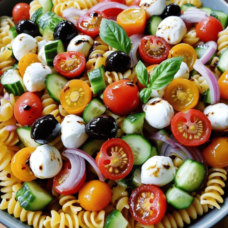 - 2 cups rotini pasta - 1 cup cherry tomatoes, halved - 1 cup cucumber, diced - 1/2 cup red onion, finely chopped - 1/2 cup black olives, sliced - 1/2 cup mozzarella balls, halved - 1/4 cup fresh basil, chopped For a great Italian pasta salad, use these fresh ingredients. The rotini pasta is perfect for holding flavors. Cherry tomatoes add sweetness and a pop of color. Diced cucumber gives a nice crunch. Finely chopped red onion adds a mild bite, while black olives bring a salty taste. Mozzarella balls make the salad creamy. Fresh basil adds an aromatic touch that brightens the dish. - 1/4 cup extra virgin olive oil - 2 tablespoons balsamic vinegar - 1 teaspoon dried oregano - 1/2 teaspoon garlic powder - Salt and pepper, to taste The dressing is simple but full of flavor. Extra virgin olive oil gives richness. Balsamic vinegar adds tanginess, which balances the salad. Dried oregano brings a hint of earthiness. Garlic powder adds depth. Don't forget to season with salt and pepper. This dressing ties all the ingredients together beautifully. - Additional vegetables (bell peppers, zucchini) - Protein options (chicken, salami) - Cheese alternatives (feta, goat cheese) Feel free to personalize your salad! Bell peppers and zucchini add more color and texture. If you want protein, diced chicken or salami works great. For a different cheesy taste, try feta or goat cheese. These options can elevate your pasta salad and make it unique. For more detailed steps, refer to the Full Recipe. To start, fill a large pot with water. Bring it to a rolling boil. Once boiling, add 2 cups of rotini pasta. Cook the pasta for about 8-10 minutes until it is al dente. This means it should be firm to the bite. After cooking, drain the pasta in a colander. Rinse it under cold water to stop it from cooking further. Let the pasta cool completely before you mix it with the other ingredients. While the pasta cools, grab a large mixing bowl. Chop the following vegetables: - 1 cup cherry tomatoes, halved - 1 cup cucumber, diced - 1/2 cup red onion, finely chopped - 1/2 cup black olives, sliced - 1/2 cup mozzarella balls, halved Add all the chopped veggies to the bowl. Gently toss them together to mix the colors and flavors. After the pasta has cooled, add it to your bowl of vegetables. Use a spatula to fold the pasta into the mix. Be careful not to break the pasta. Next, make the dressing. In a small bowl, whisk together: - 1/4 cup extra virgin olive oil - 2 tablespoons balsamic vinegar - 1 teaspoon dried oregano - 1/2 teaspoon garlic powder - Salt and pepper, to taste Once mixed, pour the dressing over the pasta and vegetables. Toss everything gently to coat it well. Cover the bowl with plastic wrap or a lid. Place it in the refrigerator. Let it chill for at least 30 minutes. This time allows the flavors to mix and improve. You can now enjoy a fresh, vibrant Italian pasta salad. For the full recipe, check out the details above. To make the best pasta salad, cook your pasta to al dente. This means it should be firm to the bite. If you overcook the pasta, it will get mushy in the salad. You want it to hold its shape. After boiling, drain the pasta and rinse it under cold water. This stops the cooking and cools it down fast. Next, choose ripe tomatoes for better flavor. Look for tomatoes that feel heavy and have a rich color. When you slice them, they should be juicy and sweet. Add them to your salad for a bright taste. Making the dressing in advance can save you time. Whisk together olive oil, balsamic vinegar, and spices in a bowl. Let it sit for an hour. This helps the flavors blend well. You can adjust the flavors to taste. If you like it tangy, add more vinegar. Want it richer? Add more olive oil. For presentation, use a large, colorful bowl. You can also serve in mason jars. They are great for picnics and look cute. Top with fresh basil to add a pop of green. Pair your pasta salad with grilled chicken or shrimp for a complete meal. Try serving it alongside crusty bread for a feast. For the full recipe, check out the Italian Pasta Party Salad. {{image_4}} Italian pasta salad is a dish full of possibilities. You can change it to fit the seasons or your diet. Let’s explore some fun variations! In summer, you can add fresh, colorful vegetables. Try bell peppers, zucchini, or even sweet corn. They add a nice crunch and taste. In autumn, roasted butternut squash gives the salad warmth. It adds a sweet flavor and lovely color. These seasonal twists keep the salad exciting! If you need gluten-free options, look for gluten-free rotini. There are many brands available that taste great. For a vegan twist, swap mozzarella with a plant-based cheese. You can also increase the veggies, like adding chickpeas for protein. These changes keep the dish tasty and healthy! Herbs can change your salad's taste. Try adding fresh parsley or dill for a bright touch. If you like heat, sprinkle in red pepper flakes or add diced jalapeños. These spicy twists can make the salad extra special. Experimenting with flavors keeps every serving unique! For the full recipe, check out the Italian Pasta Party Salad section! To keep your pasta salad fresh, use airtight containers. This helps prevent air from spoiling the flavors. Before storing, let the salad cool down. Cooling keeps the ingredients crisp and tasty. In the fridge, your pasta salad lasts about three to five days. After this, check for spoilage. Signs of spoilage include an off smell or a change in texture. If it looks slimy or smells bad, it’s best to toss it. You can freeze pasta salad, but some ingredients may change texture. To freeze, use a freezer-safe container. When ready to eat, thaw it in the fridge overnight. After thawing, give it a good stir. This helps mix the flavors back together. Enjoy your Italian Pasta Party Salad straight from the fridge or at room temperature! To make Italian pasta salad, follow these simple steps: 1. Cook the Pasta: Boil water and add 2 cups of rotini pasta. Cook until al dente, about 8-10 minutes. Drain and rinse with cold water. 2. Prep the Vegetables: In a large bowl, combine 1 cup of halved cherry tomatoes, 1 cup of diced cucumber, 1/2 cup of finely chopped red onion, 1/2 cup of sliced black olives, and 1/2 cup of halved mozzarella balls. 3. Combine Pasta and Vegetables: Add the cooled pasta to the bowl. Fold gently to mix without breaking the pasta. 4. Make the Dressing: In a small bowl, whisk together 1/4 cup of extra virgin olive oil, 2 tablespoons of balsamic vinegar, 1 teaspoon of dried oregano, 1/2 teaspoon of garlic powder, and salt and pepper to taste. 5. Dress the Salad: Pour the dressing over the pasta and vegetables. Toss gently to coat all ingredients. 6. Add Fresh Basil: Fold in 1/4 cup of chopped fresh basil. 7. Chill to Enhance Flavors: Cover the bowl and refrigerate for at least 30 minutes to let the flavors meld. Yes, you can make pasta salad ahead of time. This makes meal prep easy. You can store it in the fridge for up to 3 days. Making it in advance lets the flavors blend well. It’s a perfect choice for potlucks or picnics. You can easily swap ingredients based on your needs. If you prefer gluten-free, use gluten-free pasta. For a vegan version, skip the cheese or use a dairy-free option. You can also add more veggies like bell peppers or zucchini for extra crunch. Italian pasta salad lasts about 3-5 days in the fridge. Store it in an airtight container to keep it fresh. Check for any off smells or changes in color before eating. If it looks or smells bad, it’s best to throw it away. Absolutely! While rotini is great, you can use other pasta shapes. Bowtie, penne, or fusilli all work well. Each type gives a unique twist to your salad. Experiment to find your favorite! For the full recipe, check out the Italian Pasta Party Salad section. Italian pasta salad is a fresh and fun dish. It uses rotini, ripe veggies, and tasty dressing. We covered main ingredients, options for add-ins, and step-by-step directions. The tips helped you improve flavor and presentation. Remember, pasta salad is versatile. You can customize it for any season or diet. Make it your own, store it well, and enjoy it for days. Dive into your next pasta salad with confidence; great meals await you!