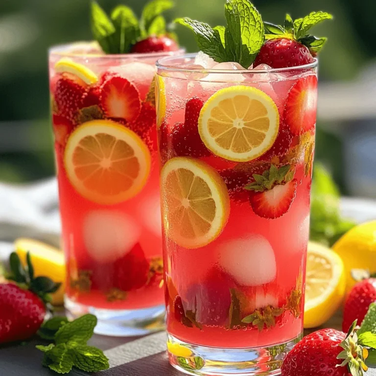 To start, use fresh strawberries. Choose ripe, juicy strawberries for the best flavor. You need 2 cups of hulled and sliced strawberries. This gives your drink a bright color and a sweet base. Next, grab some fresh lemons. You will need 1 cup of lemon juice, which is about 4-6 lemons. Fresh lemon juice brings a nice tartness to the drink. It balances the sweet strawberries perfectly. You will also need sugar and water. For sweetness, use 1/2 cup of granulated sugar. Feel free to adjust this amount to your taste. You’ll need 4 cups of cold water to mix with the juices. This dilutes the strong flavors and makes it refreshing. Lastly, consider your garnishes. Slice a few lemons and keep whole strawberries for decoration. Fresh mint leaves are a nice touch, too. They add a pop of color and a hint of flavor. For the full recipe, check out the details above! Start by washing the fresh strawberries. Remove the green tops and slice them. This helps release their sweet juice. Place the sliced strawberries in a blender. Add one cup of cold water to help with blending. Blend until you have a smooth mixture. This usually takes about 30 seconds. The bright color and sweet scent will make your mouth water! Now, take a fine mesh sieve and place it over a pitcher. Pour the blended strawberry mixture into the sieve. Use a spoon to press down on the mixture. This will help push the juice through the sieve. The pulp will stay in the sieve. Discard the pulp; we only want the juice for our lemonade. You should have a vibrant strawberry juice in your pitcher. Next, squeeze fresh lemons to get one cup of lemon juice. You will need about four to six lemons for this. Pour the lemon juice into the pitcher with the strawberry juice. Add half a cup of granulated sugar. Stir well until the sugar completely dissolves. Taste the mixture and adjust the sweetness if needed. You might want it sweeter or less sweet. Pour in the remaining three cups of cold water and mix. Now, chill the lemonade in the refrigerator for at least 30 minutes. This helps the flavors blend well. When ready, fill glasses with ice. Pour the chilled strawberry lemonade over the ice. Garnish each glass with a lemon slice and a whole strawberry. If you like, add a sprig of fresh mint for a pop of color and flavor. This homemade strawberry lemonade is perfect for hot days. Enjoy your refreshing drink! For the full recipe, check out the details above. When choosing strawberries, look for bright red color. They should smell sweet and fresh. Avoid any with dark spots or mushy areas. If possible, buy them from local farms. Fresh strawberries taste better and have more flavor. If you can pick your own, that’s even better! After mixing your lemonade, taste it. You can add more sugar if it’s too sour. Start with a little, then mix and taste again. You can also use honey or agave syrup for a different flavor. Remember, everyone likes their drinks a bit different. Find the sweetness that you enjoy best. Adding herbs can give your strawberry lemonade a nice twist. Fresh mint or basil works well. Just crush the leaves a bit before adding them. This helps release their oils and flavor. You can also try adding a sprig of rosemary for a unique taste. Experiment and find your favorite mix! {{image_2}} You can spice up your strawberry lemonade with other fruits. Try adding raspberries, blueberries, or peaches. Berries mix well and add color. Peaches give a nice sweet touch. Just blend them the same way you do strawberries. You can use the same amount of each fruit to keep it balanced. This adds fun flavors and makes the drink more colorful. Infusing your lemonade is a great way to add extra taste. You can use herbs like basil or rosemary. Just add a few sprigs to the pitcher with the lemonade. Let it sit for a few hours to soak up the flavors. You can also use spices like ginger or cinnamon for a warm twist. This gives your drink a unique and refreshing character. If you want a healthier option, try using honey or agave syrup. They are natural sweeteners and add extra flavor. Use less than the sugar amount, as they are sweeter. You can also try stevia for a zero-calorie option. Just remember to mix well so it dissolves completely. This way, you can enjoy a tasty drink without the guilt. For the complete recipe, check out the Full Recipe section. After making your homemade strawberry lemonade, store any leftovers in a pitcher. Cover it tightly with a lid or plastic wrap. This keeps the lemonade fresh and prevents it from absorbing other smells in the fridge. Homemade strawberry lemonade lasts about three to five days in the fridge. The flavors taste best within the first two days. After that, the taste may fade. Always check for any signs of spoilage before drinking. You can freeze leftover lemonade for later. Pour it into ice cube trays or freezer-safe containers. This method makes it easy to add to drinks or smoothies later. When ready to use, just thaw the cubes in the fridge or at room temperature. Enjoy your refreshing drink whenever you like! For the full recipe, check out the earlier section. Yes, you can use frozen strawberries. They work well in this recipe. Thaw them first for easier blending. Frozen strawberries may make your drink a bit thicker. This can add nice texture to your lemonade. Homemade lemonade lasts about five days in the fridge. Store it in a sealed container. After a few days, the flavor may change slightly. Always check for freshness before drinking. Yes, you can make lemonade without sugar. Use honey, maple syrup, or a sugar substitute. Adjust the amount to fit your taste. Remember, natural sweeteners may change the flavor a bit. You can use sparkling water or coconut water instead of plain water. This will add a fun twist to your drink. You might also try using tea for an interesting flavor mix. You’ve learned how to make a tasty strawberry lemonade. We discussed the fresh ingredients needed and how to mix them. I shared tips on selecting berries and adjusting the sweetness. You also explored fun variations and storage tips for your lemonade. Enjoy this refreshing drink at any time. Remember, simple changes can make it new each time you make it. Now, go ahead and create your perfect blend!