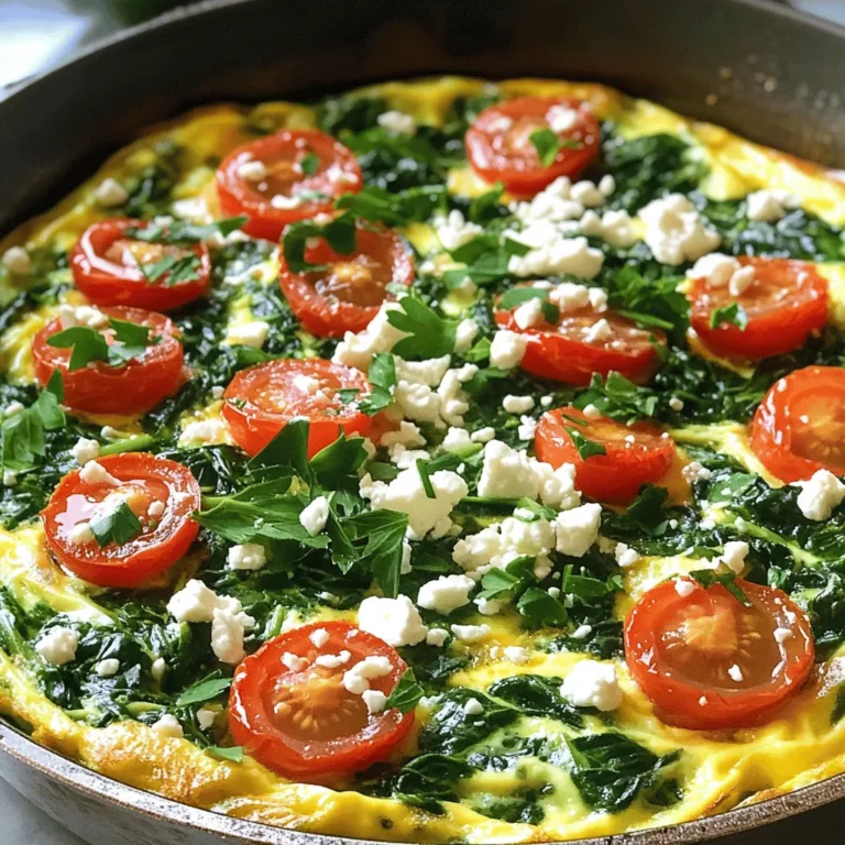 To make a tasty Quick Spinach Frittata, you need simple ingredients. Here’s what you’ll need: - Eggs and dairy components - 6 large eggs - 1/4 cup milk - 1/4 cup crumbled feta cheese - Fresh vegetables and seasonings - 2 cups fresh spinach, chopped - 1/2 cup cherry tomatoes, halved - 1/4 cup onion, finely chopped - 2 tablespoons olive oil - Salt and pepper to taste - 1 teaspoon garlic powder - Optional garnishes - Fresh parsley, for garnish Each ingredient plays a key role. The eggs bring protein. Milk makes it creamy. Feta adds a nice tang. Spinach and tomatoes add freshness and color. Onion gives it depth. Garlic powder boosts the flavor. And don’t forget the salt and pepper! These will enhance everything. Feel free to get creative. You can swap out the feta for other cheeses. Add more veggies or herbs you love. Try this full recipe to explore all the flavors! 1. Preheat your oven to 375°F (190°C). This step warms the oven for baking the frittata. A hot oven helps it cook evenly and puff up nicely. 2. Prepare the skillet. Use an oven-safe skillet for this recipe. This allows you to start cooking on the stovetop and finish in the oven. 3. Whisk together the egg mixture. In a bowl, beat the eggs with milk, garlic powder, salt, and pepper. Mix well until everything is combined and smooth. This mixture is the base of your frittata. 1. Sauté the vegetables on the stovetop. In your heated skillet, add olive oil. Then, toss in the chopped onion. Cook for 2-3 minutes until it softens. Next, add the chopped spinach. Stir and cook for 2 more minutes until it wilts. Finally, add the halved cherry tomatoes and mix well. 2. Bake the frittata in the oven. Pour your egg mixture over the sautéed veggies. Gently stir to mix everything. Now sprinkle crumbled feta cheese on top. Cook on the stovetop for 2-3 minutes until the edges set. Then, move the skillet to the oven. Bake for 10-12 minutes until the center is set and slightly puffs up. 3. Cool and garnish. Once the frittata bakes, take it out of the oven. Let it cool for a few minutes before slicing. Garnish with fresh parsley for a bright touch. By following these steps, you will create a delicious Quick Spinach Frittata. For more detailed instructions, refer to the Full Recipe. Enjoy your healthy breakfast! To get the right texture in your frittata, focus on the egg mixture. You want it to be smooth and well-blended. Whisk the eggs with the milk until you see bubbles. This adds air and fluffiness. Avoid overcooking by watching the frittata closely in the oven. Check it at the 10-minute mark. You want the center to be set but still soft. If it looks too firm, it may be overcooked. Spices can add a punch to your frittata. Try adding black pepper and a pinch of paprika for warmth. Fresh herbs can brighten the dish. Consider using basil, thyme, or dill for a fresh taste. Incorporate extra ingredients to customize your frittata. You can add bell peppers, zucchini, or cooked sausage for depth. Just remember to chop them small so they cook evenly. For a creamy touch, consider adding more cheese. Crumbled goat cheese or cheddar can work well. For the full recipe, you can refer back to the main article. {{image_2}} You can change this frittata by swapping ingredients. Try using different veggies. Bell peppers, zucchini, or mushrooms work well. They add great flavor and texture. You can also mix in some cooked potatoes for a heartier meal. Cheese can change the taste too. If you want a stronger flavor, use goat cheese or sharp cheddar. For a milder taste, try mozzarella or Swiss. You can even skip cheese if you prefer. This frittata will still taste great! To make the frittata gluten-free, just use fresh ingredients. All the main ingredients are gluten-free. For a dairy-free version, swap the milk and cheese. You can use almond milk or cashew cheese instead. These options will keep the dish creamy. For vegetarians, this recipe is already meat-free. If you want a vegan frittata, replace the eggs with chickpea flour. Mix chickpea flour with water for a creamy base. This way, you can enjoy a tasty meal without eggs! These variations let you customize the frittata to your taste. You can create a dish that fits your diet and cravings. For the full recipe, check out Quick Spinach Frittata! To keep your Quick Spinach Frittata fresh, store leftovers in the fridge. Place it in an airtight container. This way, it stays tasty for up to three days. If you want to save it for later, you can freeze the frittata. Cut it into slices and wrap each one tightly in plastic wrap. Then, place the wrapped slices in a freezer bag. They will last for about two months in the freezer. When you are ready to enjoy your frittata again, reheating it right is key. For the best taste, use the oven. Preheat it to 350°F (175°C). Place the frittata slices on a baking sheet. Heat for about 10-15 minutes. This will keep the frittata moist and warm. If you need a quicker way, you can use the microwave. Place a slice on a microwave-safe plate. Cover it with a damp paper towel. Heat for about 30-45 seconds. Check it to ensure it’s heated evenly. Enjoy your delicious frittata just like the first time! Can I use frozen spinach instead of fresh? Yes, you can use frozen spinach. Just thaw and drain it well first. Frozen spinach works great in a frittata. It saves time and still tastes good. How can I tell when the frittata is done? The frittata is done when the center is set and slightly puffed. You can gently shake the skillet. If it jiggles a lot, it needs more time. A toothpick should come out clean when you test it. What pairs well with a spinach frittata? A spinach frittata goes well with a fresh salad or some crusty bread. You can also serve it with sliced avocado. A side of fruit adds a nice touch too. Can this dish be made ahead of time? Yes, you can make the frittata ahead of time. It keeps well in the fridge for a few days. Just reheat it in the oven or microwave before serving. This makes it a great option for busy mornings or meal prep. For the full recipe, check out the recipe section above. To make a great frittata, gather your ingredients, prep your skills, and follow the steps. Pay attention to texture and flavor for the best outcome. You can explore many variations to suit your taste and dietary needs. After cooking, store leftovers correctly and heat them up for a tasty meal. With these tips, you can enjoy a delicious frittata any time. Cooking can be fun, and now, you can impress anyone with your skills!