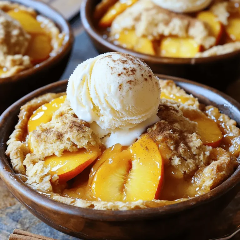 For this peach cobbler, you need six ripe peaches. Choose peaches that feel soft but not mushy. They should smell sweet and have a nice color. Peel them, pit them, and slice them into thin wedges. Fresh peaches give a juicy texture and rich flavor to the dish. You will use several sweeteners and flavorings. First, grab one cup of granulated sugar. This helps to balance the tartness of the peaches. Add one tablespoon of lemon juice for a hint of brightness. You also need one teaspoon of cinnamon for warmth and flavor. Lastly, include one teaspoon of vanilla extract for added depth. For the dry ingredients, you will need one and a half cups of all-purpose flour. This gives the cobbler its structure. Add one tablespoon of baking powder to help it rise. Don't forget half a teaspoon of salt. Salt is key to enhancing the overall taste. You will also need one cup of milk and half a cup of melted unsalted butter to create a creamy batter. Finally, include one teaspoon of almond extract for a lovely nutty note. This mix of ingredients makes a fantastic cobbler. For the full recipe, check out the instructions later in this article. Start by peeling the peaches. Use a sharp knife for easy peeling. Next, cut the peaches in half and remove the pits. After that, slice the peaches into thin pieces. This helps them cook well. Place the sliced peaches in a large bowl. Add the granulated sugar, lemon juice, cinnamon, and vanilla extract. Mix gently until the peaches are well-coated. Let them sit for 15 minutes. This step makes the peaches juicy and sweet. In a separate bowl, whisk together the flour, baking powder, and salt. This helps mix the dry ingredients well. Next, slowly add milk and melted butter to the dry mix. Stir until the batter is smooth and creamy. Then, add the almond extract for a nice flavor boost. Mix again until everything is well combined. The batter should be thick but pourable. Grease a 9x13 inch baking dish with butter or cooking spray. Pour the batter into the dish and spread it evenly. Next, spoon the macerated peaches over the batter. Make sure to include all the juices. This helps the cobbler stay moist. Finally, sprinkle brown sugar over the peach filling. This will create a nice, caramelized topping. Bake in your preheated oven for 40 to 45 minutes. Look for a golden-brown top. A toothpick should come out clean when inserted. Once done, let the cobbler cool for 10 minutes before serving. Enjoy with a scoop of vanilla ice cream for a perfect treat! For the full recipe, check the Peach Paradise Cobbler. To make the best peach cobbler, use ripe, juicy peaches. They should smell sweet and feel soft when you squeeze them lightly. Slice the peaches evenly to ensure they cook at the same rate. Toss them with sugar, lemon juice, and cinnamon. This mix brings out their natural flavors and makes them sweet. Letting the peaches sit for about 15 minutes allows them to release their juices. This step is key for a tasty filling. When making the batter, don’t overmix it. Stir just enough to combine the wet and dry ingredients. You want a smooth batter, but lumps are okay. Pour the batter into a greased dish before adding the peaches. This method keeps the peaches from sinking. One common mistake is using unripe peaches. They won’t be sweet or juicy, which can ruin your cobbler. Another mistake is overbaking. Keep an eye on it, and check after 40 minutes. The top should be golden brown, and a toothpick should come out clean. Don’t skip the brown sugar topping! It adds a delicious caramelized crunch. Also, be careful not to rush the cooling time. Letting the cobbler sit for 10 minutes makes serving easier and lets the filling set. Serving peach cobbler warm makes it extra special. A scoop of vanilla ice cream adds creaminess and enhances the flavors. You can also sprinkle some cinnamon on top for a warm spice kick. If you want more texture, try whipped cream or even a drizzle of caramel sauce. For drinks, sweet tea or lemonade pairs well with peach cobbler. Both drinks balance the sweetness and make for a refreshing combo. Explore these ideas to make your dessert experience delightful! For the complete recipe, check out the Full Recipe section. {{image_2}} You can change the fruit in your cobbler for fun twists. Try using berries like blueberries or raspberries. They add a nice tartness and color. Apples also work well; just slice them thin. If you prefer tropical flavors, use pineapple or mango. Each fruit brings a unique taste that can surprise you. Mix and match to find your favorite combo! To make a gluten-free peach cobbler, swap all-purpose flour for a gluten-free blend. Look for blends that include rice flour and starches. This change keeps the texture light and fluffy. You can also use almond flour for a nutty flavor. Make sure your baking powder is gluten-free too. Then, you can enjoy peach cobbler without worry! You can add extra flavors to your cobbler for a unique touch. Try a dash of nutmeg for warmth alongside cinnamon. If you enjoy zest, add some lemon or orange zest to the peaches. This gives a bright pop of flavor. You can even toss in some chopped nuts for crunch. Pecans or walnuts are great choices! For a dessert twist, add a splash of bourbon to the batter. These enhancements make your peach cobbler truly special. Check out the Full Recipe for more ideas! To keep your peach cobbler fresh, let it cool completely. Then, cover it tightly with plastic wrap or aluminum foil. You can also place it in an airtight container. Store it in the fridge for up to four days. This method keeps the cobbler moist and tasty. When you're ready to enjoy your leftovers, preheat your oven to 350°F (175°C). Place the cobbler in an oven-safe dish. Cover it loosely with foil to prevent burning. Heat for about 15-20 minutes. If you want a crisp top, remove the foil for the last five minutes. You can freeze peach cobbler for later. First, let it cool completely. Then, cut it into squares for easy serving. Wrap each piece in plastic wrap, then place them in a freezer bag. You can freeze it for up to three months. To thaw, move it to the fridge overnight before reheating. Enjoy it warm, just like the first time! Check out the Full Recipe for more details on how to make this delicious dish. The best peaches for cobbler are juicy and sweet. I recommend using freestone peaches. They are easy to slice and remove the pit. Look for ripe, but slightly firm peaches. Yellow peaches are great for their sweet flavor. White peaches can add a light, floral taste. When in season, fresh peaches shine in this dessert. Yes, you can use canned or frozen peaches. If using canned peaches, drain them well to avoid extra liquid. Frozen peaches work well, too. Just thaw them first and drain excess water. Both options will save you time and still taste great. Just remember to adjust the sugar based on their sweetness. Peach cobbler lasts about 3 to 5 days in the fridge. Store it in an airtight container to keep it fresh. You can also freeze it for up to three months. Just make sure to let it cool completely before freezing. When ready to eat, reheat it in the oven for a warm treat. Enjoy it warm, perhaps with ice cream! For the full recipe, check out the Peach Paradise Cobbler. You learned all the steps to make a tasty peach cobbler. Fresh peaches, sweet flavors, and dry ingredients create a great dish. I shared tips to help you avoid common mistakes. You can also explore fruit variations and gluten-free options for more fun. Remember, the key is in preparation and careful assembly. Store leftovers properly to keep them fresh. With these ideas, your peach cobbler will impress everyone. Enjoy making and sharing this dessert!