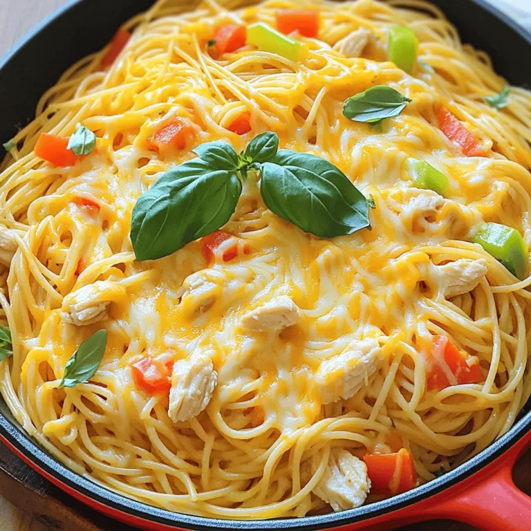 To make Easy Cheesy Chicken Spaghetti, gather these ingredients: - 8 ounces spaghetti - 1 pound boneless, skinless chicken breasts, diced - 2 tablespoons olive oil - 1 medium onion, chopped - 2 cloves garlic, minced - 1 bell pepper (any color), chopped - 1 can (14.5 ounces) diced tomatoes, drained - 1 cup chicken broth - 1 cup shredded cheddar cheese - 1 cup shredded mozzarella cheese - 1 teaspoon Italian seasoning - Salt and pepper to taste - Optional: Fresh basil or parsley for garnish When measuring ingredients, keep these tips in mind: - Use a kitchen scale for the chicken for accuracy. - For liquids, use a clear measuring cup for easier reading. - Pack the shredded cheese lightly, so it measures correctly. - Chop vegetables evenly for uniform cooking. Sometimes, you may need to swap ingredients. Here are some good ideas: - Use whole wheat spaghetti for a healthier option. - Swap chicken for turkey or cooked shrimp if you prefer. - Replace olive oil with butter for a richer taste. - Use vegetable broth instead of chicken broth for a vegetarian version. - If you don’t have bell peppers, try zucchini or mushrooms. These substitutions will keep your dish tasty and fun! For the full recipe, check out the detailed instructions. To start, gather all your ingredients. You need spaghetti, chicken, and veggies. This recipe takes about 30 minutes. It serves four people, so it’s great for family meals or friends. 1. Cook the spaghetti as directed on the package. Aim for al dente. This means it should be firm but not hard. Drain the pasta and set it aside. 2. Heat 2 tablespoons of olive oil in a large skillet over medium heat. Add 1 pound of diced chicken. Season it with salt and pepper. Cook until the chicken is brown, about 5-7 minutes. 3. Once the chicken is done, add 1 chopped onion and 1 chopped bell pepper. Sauté them until soft, which takes about 3-4 minutes. 4. Next, add 2 minced garlic cloves. Cook for 1 more minute until you smell the garlic. 5. Pour in 1 can of drained diced tomatoes and 1 cup of chicken broth. Mix in 1 teaspoon of Italian seasoning. Bring this mixture to a simmer. 6. Let it simmer for about 5 minutes. This will help thicken the sauce a bit. 7. Lower the heat and add the cooked spaghetti to the skillet. Toss it well so everything mixes nicely. 8. Sprinkle 1 cup each of shredded cheddar and mozzarella cheese on top. Cover the skillet and let it sit for 2-3 minutes for the cheese to melt. 9. Finally, remove from heat. If you like, you can add fresh basil or parsley for a nice touch. - Use a large pot for boiling spaghetti. This helps it cook evenly. - Don’t forget to stir the pasta while it cooks. This prevents it from sticking together. - Taste the spaghetti a minute or two before the cooking time ends. You want it firm, not mushy. - If you want more flavor, add a pinch of salt to the boiling water. For more details, check the Full Recipe. To boost the flavor of your Easy Cheesy Chicken Spaghetti, use fresh herbs. Fresh basil or parsley adds a nice touch. For a zing, add a squeeze of lemon juice. This brightens up the dish and makes it pop. You can also try using smoked paprika for a deeper flavor. For tender chicken, cut your chicken breasts into small, even pieces. This helps them cook faster and evenly. Searing the chicken in olive oil until golden brown keeps it juicy. Don't overcrowd the pan; cook in batches if needed. This way, each piece gets that nice color and flavor. To get that gooey, delicious cheese, use a mix of cheeses. Combine cheddar and mozzarella for great taste and texture. Add the cheese when the dish is on low heat. Cover the skillet to trap the heat. This helps the cheese melt evenly and become bubbly. {{image_2}} You can make this dish gluten-free. Swap regular spaghetti for gluten-free pasta. Many brands offer great options. Look for brown rice or chickpea pasta. They taste good and cook well. Just follow the package instructions for best results. Adding vegetables boosts nutrition and flavor. You can toss in spinach, zucchini, or broccoli. Just chop them small so they cook fast. Sauté them with the chicken for extra taste. This makes your meal colorful and healthy. Cheese is key to this dish. Try different cheeses for new flavors. Instead of cheddar and mozzarella, use pepper jack for heat. Feta cheese adds a tangy twist. You can even mix in cream cheese for creaminess. Experiment to find your favorite combo! For the full recipe, check out the instructions provided. To keep your Easy Cheesy Chicken Spaghetti fresh, let it cool first. Then, transfer it to an airtight container. Store it in the fridge for up to three days. Make sure to label the container with the date. This way, you know when to eat it next. When you're ready to eat your leftovers, reheat them gently. Use a microwave-safe dish and cover it with a lid or a damp paper towel. Heat it in short bursts, about one minute at a time. Stir in between to ensure even heating. You want it warm, not hot, to keep the cheese from getting tough. If you want to freeze your Easy Cheesy Chicken Spaghetti, do it right after cooking. Place it in a freezer-safe container. Make sure to leave some space at the top, as it will expand when frozen. It will last for about two months in the freezer. When you're ready to eat, thaw it overnight in the fridge. Reheat it like you would with leftovers for the best taste. Yes, you can make this dish ahead. Cook it as directed and cool it down. Store it in a covered dish in the fridge for up to three days. When you're ready to eat, just reheat it on the stove or in the oven until warm. This saves time on busy days and lets the flavors blend well. Some great side dishes to serve are: - Garlic bread - A simple green salad - Steamed broccoli - Roasted vegetables These sides add nice flavors and balance to the meal. They also make your plate look colorful and inviting. You can easily change the spice level. If you want it mild, skip spicy ingredients. For medium heat, add a pinch of red pepper flakes. If you like it hot, try adding diced jalapeños or hot sauce. Adjust according to your taste, and enjoy the perfect bite! This article walked you through making Easy Cheesy Chicken Spaghetti. We covered the required ingredients, measurements, and helpful substitutions. I shared step-by-step cooking instructions and tips for great results. You learned techniques for adding flavor, cooking chicken, and achieving melted cheese. We explored variations for gluten-free diets and added nutrition with vegetables. Lastly, we discussed proper storage, reheating, and FAQs. With these tips, you can enjoy a tasty meal anytime. Dive into your cooking with confidence!