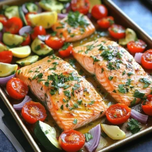 - 4 salmon fillets (about 6 oz each) - 1 cup cherry tomatoes, halved - 1 bell pepper (any color), chopped - 1 zucchini, sliced into half-moons - 1 red onion, cut into wedges - 3 tablespoons olive oil - 2 teaspoons garlic powder - 1 teaspoon smoked paprika - Salt and pepper to taste - Fresh lemon wedges for serving - Fresh parsley, chopped (for garnish) You can easily make this dish gluten-free by checking labels on all ingredients. For those who avoid dairy, this recipe is already dairy-free. You can swap out veggies based on your taste. Try broccoli, carrots, or asparagus for a fun twist. Each serving has about 350 calories. - Protein: 30g - Carbs: 10g - Fat: 20g This dish provides a good balance of protein and healthy fats. It is low in carbs, making it great for many diets. For the full recipe, check the details above. 1. Preheat your oven to 425°F (220°C). This makes sure the salmon cooks perfectly. 2. Line your baking sheet with parchment paper. This helps with easy cleanup later. 1. In a large bowl, toss the cherry tomatoes, bell pepper, zucchini, and red onion with 2 tablespoons of olive oil. 2. Add garlic powder, smoked paprika, salt, and pepper. Coat the veggies well. 3. Spread the veggies evenly on one side of the prepared baking sheet. 4. Place the salmon fillets on the other side. Drizzle the last tablespoon of olive oil over them. 5. Season the salmon with salt and pepper. 1. Bake everything in the preheated oven for 12 to 15 minutes. 2. Check for doneness by seeing if the salmon flakes easily with a fork. 3. The veggies should be tender and slightly caramelized. 4. When done, remove from the oven and squeeze fresh lemon juice over the salmon and veggies. 5. Garnish with chopped parsley for a fresh touch. For more details, you can refer to the Full Recipe! To make sure your salmon and veggies cook evenly, follow some key steps. First, cut all vegetables to similar sizes. This helps them cook at the same rate. You can also spread the veggies out on the sheet pan. Avoid crowding them to allow for proper airflow. This prevents steaming and promotes crispness. To prevent overcooking salmon, keep an eye on the time. Bake at 425°F for just 12-15 minutes. The salmon is ready when it flakes easily with a fork. If you're unsure, use a meat thermometer. Salmon should reach 145°F for perfect doneness. Adding herbs and spices can boost flavor. I recommend using fresh dill, thyme, or rosemary. These herbs pair well with salmon. For a kick, try adding red pepper flakes. Another great way to elevate this dish is with marinades. A simple mix of olive oil, lemon juice, and garlic can add zest. Marinate your salmon for 30 minutes before cooking for more flavor. Pair your salmon and veggies with a light side like quinoa or a fresh salad. This adds a nice texture and keeps the meal balanced. For a fun twist, serve in a taco format. Use corn tortillas and fill them with salmon and veggies. Top with avocado and lime for a fresh bite. {{image_2}} Using seasonal veggies makes your dish fresh and tasty. In spring, try asparagus and peas. Summer is perfect for bell peppers and corn. Fall brings squash and carrots, while winter is great for root veggies like potatoes and parsnips. Leafy greens like spinach or kale are great year-round. They add color and nutrients. If you want a change, use chicken, tofu, or shrimp. Chicken thighs work well and cook similarly to salmon. For tofu, press and cube it before cooking. Shrimp cooks fast, so reduce the baking time to about 8-10 minutes. Adjust times based on protein thickness to ensure everything cooks just right. Add a twist to your dish with citrus or spices. Squeeze fresh lemon or lime juice over everything before serving. Try spices like cumin or chili powder for heat. You can also use sauces or glazes. Teriyaki, honey mustard, or balsamic glaze can change the flavor profile. Each addition will make your meal unique and fun. For the full recipe, check the earlier section. To store leftovers, let your salmon and veggies cool first. Place them in airtight containers. This keeps them fresh and prevents odors. Glass containers are great for storage. They are safe for the microwave and easy to clean. Reheat your leftovers in the oven or microwave. For the oven, preheat to 350°F (175°C). Place the salmon and veggies on a baking dish. Heat for about 10 minutes, or until warm. If using a microwave, use a microwave-safe plate. Heat for one minute, then check. You want them warm, not hot. To freeze, put the cooled salmon and veggies in freezer-safe bags. Squeeze out as much air as possible. This helps keep the flavor. When you're ready to eat, thaw in the fridge overnight. For best quality, use within three months. Reheat as mentioned above for the best taste. By following these steps, you can enjoy your sheet pan salmon and veggies long after cooking. Check the Full Recipe for more details and tips! The salmon needs about 12 to 15 minutes to bake. The baking time may change based on the thickness of the fillets. Thicker fillets may take a bit longer, while thinner ones may cook faster. Always check that the salmon flakes easily with a fork. This means it is done and ready to eat! Yes, you can use frozen salmon. Just remember to thaw it first. Place it in the fridge overnight or run it under cold water for a quick thaw. Cooking from frozen can lead to uneven cooking, so it is best to use thawed salmon. This way, you ensure a moist and tasty dish. You can serve this dish with many sides. Some great options are: - Quinoa or rice for a filling meal - A fresh green salad for crunch - Roasted potatoes or sweet potatoes for heartiness - A glass of white wine or sparkling water for a refreshing drink These pair well with the flavors of salmon and veggies, making your meal complete. To make this recipe low-carb, focus on the veggies you use. Here are some tips: - Use broccoli, spinach, or asparagus instead of starchy vegetables - Skip the quinoa or rice on the side - Replace any high-carb sauces with lemon juice or herbs for flavor These small changes will keep the dish tasty while lowering carbs. If you need alternatives to olive oil, consider these options: - Avocado oil for a mild taste - Coconut oil for a rich flavor - Grapeseed oil for a light option Each oil has its own unique taste, so choose one that fits your dish well. This blog post covered a delicious sheet pan salmon recipe. We explored the key ingredients, like salmon, veggies, and seasonings. I shared easy cooking steps and tips to make your dish shine. You learned about variations, substitutions, and how to store leftovers. In conclusion, this recipe is simple and flexible. You can customize it to fit your taste and dietary needs. Try it out, have fun, and enjoy every bite!
