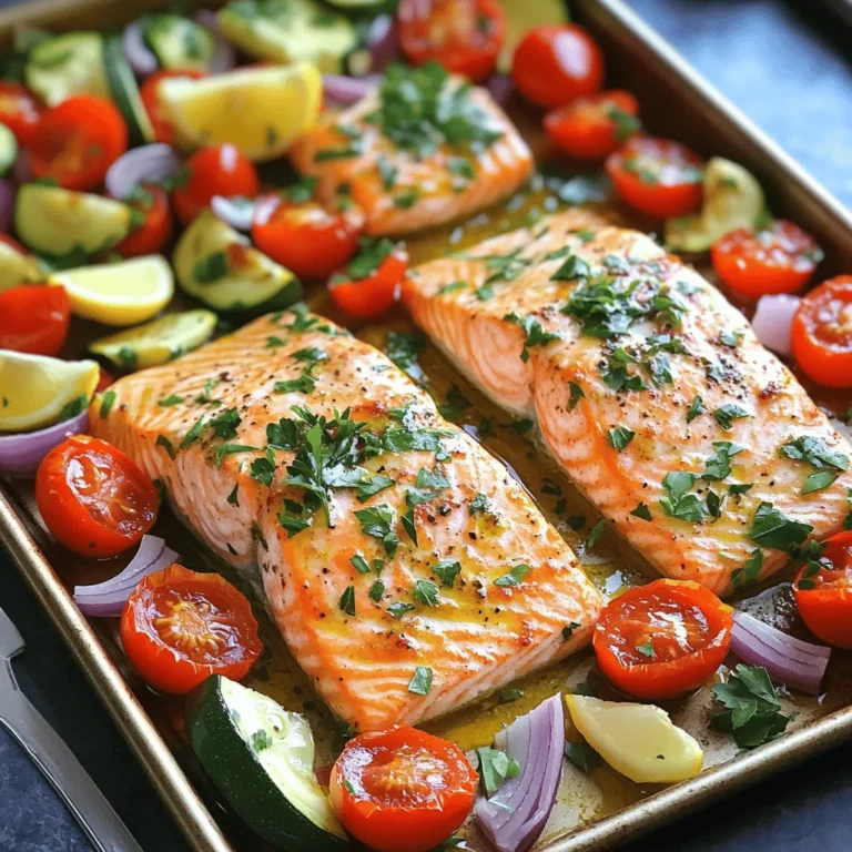 - 4 salmon fillets (about 6 oz each) - 1 cup cherry tomatoes, halved - 1 bell pepper (any color), chopped - 1 zucchini, sliced into half-moons - 1 red onion, cut into wedges - 3 tablespoons olive oil - 2 teaspoons garlic powder - 1 teaspoon smoked paprika - Salt and pepper to taste - Fresh lemon wedges for serving - Fresh parsley, chopped (for garnish) You can easily make this dish gluten-free by checking labels on all ingredients. For those who avoid dairy, this recipe is already dairy-free. You can swap out veggies based on your taste. Try broccoli, carrots, or asparagus for a fun twist. Each serving has about 350 calories. - Protein: 30g - Carbs: 10g - Fat: 20g This dish provides a good balance of protein and healthy fats. It is low in carbs, making it great for many diets. For the full recipe, check the details above. 1. Preheat your oven to 425°F (220°C). This makes sure the salmon cooks perfectly. 2. Line your baking sheet with parchment paper. This helps with easy cleanup later. 1. In a large bowl, toss the cherry tomatoes, bell pepper, zucchini, and red onion with 2 tablespoons of olive oil. 2. Add garlic powder, smoked paprika, salt, and pepper. Coat the veggies well. 3. Spread the veggies evenly on one side of the prepared baking sheet. 4. Place the salmon fillets on the other side. Drizzle the last tablespoon of olive oil over them. 5. Season the salmon with salt and pepper. 1. Bake everything in the preheated oven for 12 to 15 minutes. 2. Check for doneness by seeing if the salmon flakes easily with a fork. 3. The veggies should be tender and slightly caramelized. 4. When done, remove from the oven and squeeze fresh lemon juice over the salmon and veggies. 5. Garnish with chopped parsley for a fresh touch. For more details, you can refer to the Full Recipe! To make sure your salmon and veggies cook evenly, follow some key steps. First, cut all vegetables to similar sizes. This helps them cook at the same rate. You can also spread the veggies out on the sheet pan. Avoid crowding them to allow for proper airflow. This prevents steaming and promotes crispness. To prevent overcooking salmon, keep an eye on the time. Bake at 425°F for just 12-15 minutes. The salmon is ready when it flakes easily with a fork. If you're unsure, use a meat thermometer. Salmon should reach 145°F for perfect doneness. Adding herbs and spices can boost flavor. I recommend using fresh dill, thyme, or rosemary. These herbs pair well with salmon. For a kick, try adding red pepper flakes. Another great way to elevate this dish is with marinades. A simple mix of olive oil, lemon juice, and garlic can add zest. Marinate your salmon for 30 minutes before cooking for more flavor. Pair your salmon and veggies with a light side like quinoa or a fresh salad. This adds a nice texture and keeps the meal balanced. For a fun twist, serve in a taco format. Use corn tortillas and fill them with salmon and veggies. Top with avocado and lime for a fresh bite. {{image_2}} Using seasonal veggies makes your dish fresh and tasty. In spring, try asparagus and peas. Summer is perfect for bell peppers and corn. Fall brings squash and carrots, while winter is great for root veggies like potatoes and parsnips. Leafy greens like spinach or kale are great year-round. They add color and nutrients. If you want a change, use chicken, tofu, or shrimp. Chicken thighs work well and cook similarly to salmon. For tofu, press and cube it before cooking. Shrimp cooks fast, so reduce the baking time to about 8-10 minutes. Adjust times based on protein thickness to ensure everything cooks just right. Add a twist to your dish with citrus or spices. Squeeze fresh lemon or lime juice over everything before serving. Try spices like cumin or chili powder for heat. You can also use sauces or glazes. Teriyaki, honey mustard, or balsamic glaze can change the flavor profile. Each addition will make your meal unique and fun. For the full recipe, check the earlier section. To store leftovers, let your salmon and veggies cool first. Place them in airtight containers. This keeps them fresh and prevents odors. Glass containers are great for storage. They are safe for the microwave and easy to clean. Reheat your leftovers in the oven or microwave. For the oven, preheat to 350°F (175°C). Place the salmon and veggies on a baking dish. Heat for about 10 minutes, or until warm. If using a microwave, use a microwave-safe plate. Heat for one minute, then check. You want them warm, not hot. To freeze, put the cooled salmon and veggies in freezer-safe bags. Squeeze out as much air as possible. This helps keep the flavor. When you're ready to eat, thaw in the fridge overnight. For best quality, use within three months. Reheat as mentioned above for the best taste. By following these steps, you can enjoy your sheet pan salmon and veggies long after cooking. Check the Full Recipe for more details and tips! The salmon needs about 12 to 15 minutes to bake. The baking time may change based on the thickness of the fillets. Thicker fillets may take a bit longer, while thinner ones may cook faster. Always check that the salmon flakes easily with a fork. This means it is done and ready to eat! Yes, you can use frozen salmon. Just remember to thaw it first. Place it in the fridge overnight or run it under cold water for a quick thaw. Cooking from frozen can lead to uneven cooking, so it is best to use thawed salmon. This way, you ensure a moist and tasty dish. You can serve this dish with many sides. Some great options are: - Quinoa or rice for a filling meal - A fresh green salad for crunch - Roasted potatoes or sweet potatoes for heartiness - A glass of white wine or sparkling water for a refreshing drink These pair well with the flavors of salmon and veggies, making your meal complete. To make this recipe low-carb, focus on the veggies you use. Here are some tips: - Use broccoli, spinach, or asparagus instead of starchy vegetables - Skip the quinoa or rice on the side - Replace any high-carb sauces with lemon juice or herbs for flavor These small changes will keep the dish tasty while lowering carbs. If you need alternatives to olive oil, consider these options: - Avocado oil for a mild taste - Coconut oil for a rich flavor - Grapeseed oil for a light option Each oil has its own unique taste, so choose one that fits your dish well. This blog post covered a delicious sheet pan salmon recipe. We explored the key ingredients, like salmon, veggies, and seasonings. I shared easy cooking steps and tips to make your dish shine. You learned about variations, substitutions, and how to store leftovers. In conclusion, this recipe is simple and flexible. You can customize it to fit your taste and dietary needs. Try it out, have fun, and enjoy every bite!