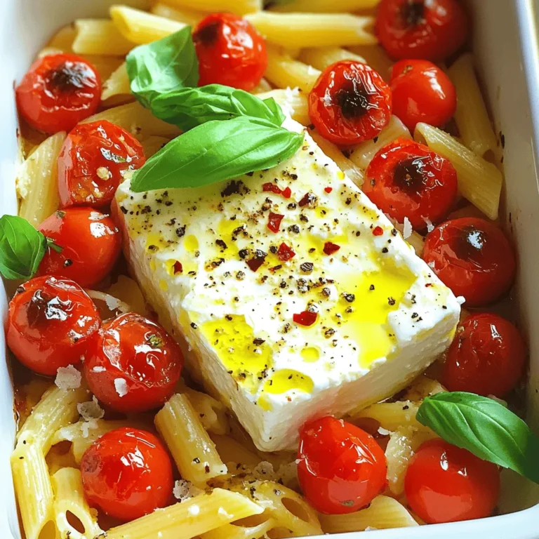 To make baked feta pasta, gather these key ingredients: - 1 block (8 oz) of feta cheese - 2 cups cherry tomatoes, halved - 4 cloves garlic, minced - 1/4 cup olive oil - 1 teaspoon dried oregano - 1/2 teaspoon red pepper flakes (optional) - 12 oz pasta (penne or fusilli work well) - Fresh basil leaves, for garnish - Salt and pepper to taste - Grated Parmesan cheese, for serving (optional) These ingredients create a creamy, rich dish full of flavor. The feta cheese melts into a sauce, while tomatoes add sweetness. Garlic gives it a nice kick. You can boost the taste of your baked feta pasta with these options: - Fresh lemon juice for brightness - Spinach or arugula for added greens - Olives for a briny touch - Sun-dried tomatoes for extra depth These ingredients help you make the dish your own. You can mix and match to find your favorite flavor combinations. If you can't find certain ingredients, don't worry! Here are some swaps: - Use goat cheese instead of feta for a tangy flavor. - Swap cherry tomatoes with diced regular tomatoes. - Any pasta type can work. Try spaghetti or rigatoni. These substitutes keep the dish delicious. They also allow you to work with what you have at home. Enjoy experimenting while following the Full Recipe for baked feta pasta! First, set your oven to 400°F (200°C). This temperature lets the feta and tomatoes roast well. Preheating is key for great flavor. Grab a large baking dish. Add the halved cherry tomatoes and minced garlic. Pour in the olive oil. Then, sprinkle the oregano, red pepper flakes, salt, and pepper over the top. Toss everything together. This mix is full of flavor. Now, place the block of feta cheese in the center of the dish. Surround it with the seasoned tomatoes. Bake this in the preheated oven for about 25-30 minutes. You want the feta to be soft and golden, while the tomatoes should blister. While the feta and tomatoes bake, cook the pasta. Follow the package instructions. Aim for al dente, which means it should still have a little bite. Once done, drain it and set it aside. After baking, take the dish out of the oven. Use a fork to mash the baked feta into the tomatoes. This creates a creamy sauce. Next, add the cooked pasta into the dish. Toss everything to coat the pasta well in that delicious sauce. Serve your baked feta pasta hot. Garnish with fresh basil leaves. If you like, sprinkle some grated Parmesan cheese on top. This adds a lovely touch! For the full recipe, check the earlier section. Enjoy your comforting dish! To get that creamy sauce, mash the feta well with the tomatoes. Use a fork to break it apart as soon as you take it out of the oven. Stir until it becomes smooth. If it feels too thick, add a splash of pasta water. This will help thin it out. The heat from the pasta will also help blend everything nicely. You can prep this dish in advance. Just bake the feta and tomatoes earlier in the day. Then, when you’re ready to eat, cook the pasta and mix it in. This makes dinner easy. You can also store the baked mix in the fridge for up to two days. Just reheat before adding the pasta. Pair this dish with a simple green salad. A light vinaigrette works well. You can also add crusty bread for dipping. For a drink, try a crisp white wine or sparkling water with lemon. Both will balance the flavors of the baked feta pasta delight. {{image_2}} Baked feta pasta shines as a vegetarian dish. You can swap the pasta for zucchini noodles or whole grain options. Add veggies like spinach, bell peppers, or mushrooms for extra flavor and nutrition. You can also mix in olives for a briny kick. This makes the dish even more colorful and tasty! Adding protein is easy! Cooked chicken or shrimp pairs well with this dish. For chicken, use grilled or roasted pieces. Toss them in when you mix the pasta and sauce. For shrimp, sauté them until pink and add them at the end. This boosts the meal's heartiness and keeps it filling. You can play with spice levels to fit your taste. For mild heat, add red pepper flakes. For more spice, try chopped jalapeños or even a dash of hot sauce. If you want different flavors, consider adding lemon zest or a splash of balsamic vinegar. These tweaks keep the dish fresh and exciting. You can explore more ideas in the Full Recipe for Baked Feta Pasta. To store leftovers, place Baked Feta Pasta in an airtight container. Make sure it is cooled down before sealing. This dish stays fresh for up to three days in the fridge. Label the container with the date to keep track of freshness. To reheat, you can use the oven or microwave. If using the oven, preheat it to 350°F (175°C). Place the pasta in a baking dish and cover it with foil. Heat for about 15-20 minutes until warm. If using the microwave, put a serving in a bowl and heat for 1-2 minutes. Stir halfway to ensure even warming. You can freeze Baked Feta Pasta for up to three months. Let it cool completely, then transfer it to a freezer-safe container. For easier servings, portion it into smaller containers. When ready to eat, thaw it in the fridge overnight. Reheat it in the oven or microwave as described above. Baked feta pasta is a simple, creamy dish made with baked feta cheese and tomatoes. You bake the feta with garlic and olive oil until it gets soft and golden. Then, you mix it with cooked pasta, creating a rich and tasty sauce. This dish is perfect for weeknight dinners or when you want comfort food. Yes, you can try different cheeses. Goat cheese or ricotta can work well. Each cheese gives a different taste. Just keep in mind that feta adds a unique flavor. Experiment to find what you like best! You can store baked feta pasta in the fridge for up to three days. Make sure to put it in an airtight container. To keep it fresh, eat it within this time. The flavors will change if you keep it longer. Baked feta pasta goes well with a simple green salad or garlic bread. You can also add grilled vegetables for a healthy side. Want to keep it light? Serve it with a glass of white wine. This balance makes the meal even better. For the full recipe, check out the details above! In this post, we explored baked feta pasta, from key ingredients to final tips. You learned about the essentials, optional flavors, and easy swaps. The step-by-step guide showed you how to bake and mix everything into a creamy delight. Variations and storage tips help you customize and save this dish. Baked feta pasta is not just tasty; it's fun to make. Enjoy experimenting with flavors and enjoy this dish with friends and family. Happy cooking!