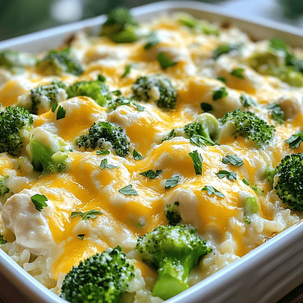 - 2 cups cooked rice (white or brown) - 1 lb boneless, skinless chicken breasts, diced - 2 cups broccoli florets (fresh or frozen) - 1 cup heavy cream - 1 cup chicken broth - 1 cup grated Parmesan cheese - 2 cups shredded mozzarella cheese - 2 tablespoons olive oil - 3 cloves garlic, minced - 1 teaspoon Italian seasoning - Salt and pepper to taste - Fresh parsley, chopped (for garnish) When creating my Chicken and Rice Skillet Alfredo Bake, I focus on fresh and simple ingredients. The rice serves as the base, and you can use either white or brown rice. Both options bring a nice texture. I always use boneless, skinless chicken breasts because they are lean and cook quickly. Adding broccoli is a great way to boost nutrition. You can use fresh florets or frozen ones, whichever you have on hand. The heavy cream and chicken broth create a rich sauce that binds everything together. I love using both Parmesan and mozzarella cheese. Parmesan adds a sharp flavor, while mozzarella gives a creamy melt. Olive oil is my go-to for sautéing the chicken. Garlic brings a wonderful aroma and taste to the dish. Italian seasoning adds depth to the flavor. Finally, I season with salt and pepper to enhance all the ingredients. A sprinkle of fresh parsley adds a pop of color and freshness to finish the dish. This recipe is perfect for families or a cozy dinner with friends. You can find the full recipe [here]. - Preheat your oven to 375°F (190°C). Getting the oven hot is key to a great bake. This helps the cheese melt perfectly and gives a nice color to the top. - Heat olive oil over medium heat. - Season and cook diced chicken until no longer pink (5-7 mins). In a large skillet, add olive oil. Let it heat for a minute. Then, toss in your seasoned chicken. You want to cook it until it’s no longer pink. This usually takes about 5 to 7 minutes. Stir often to make sure it cooks evenly. - Add garlic, rice, and broccoli to the skillet. - Combine the cream mixture and cheese before baking. Once the chicken is cooked, add minced garlic. Cook it for just a minute until fragrant. Then, stir in the cooked rice and broccoli. Mix well. In a bowl, whisk together heavy cream, chicken broth, and half the Parmesan cheese. Pour this over the chicken and rice. Stir until everything is combined. This step is crucial because it brings all the flavors together. It’s the heart of the dish. After mixing, sprinkle the top with mozzarella and the rest of the Parmesan. Now, your dish is ready for the oven! For the full recipe, refer to the above ingredients and steps. - Make sure the chicken is cooked through but not dry. - To check, cut into a piece. It should be white, not pink. If it is still pink, keep cooking it for a bit longer. - Choose the right type of rice for the perfect texture. - I suggest using long-grain rice. It holds up well when mixed with sauce. Brown rice gives a nutty taste, while white rice is softer. - Garnish with freshly chopped parsley for color. - Just a sprinkle adds bright green and freshness to your dish. It makes it look fancy! - Serve with a side salad for a balanced meal. - A simple green salad with a light dressing can complement the creamy dish well. It adds crunch and freshness. These tips can help you create a tasty Chicken and Rice Skillet Alfredo Bake that looks great on the table. For the full recipe, check the above section. {{image_2}} You can easily change this recipe to fit your needs. Here are some quick ideas: - Use cauliflower rice for a low-carb version. This swap keeps the dish tasty and light. - Substitute chicken with shrimp or tofu for different proteins. Both options add unique flavors and textures. Want to spice things up? Here are some flavor additions: - Add spicy seasonings for heat. A pinch of cayenne or red pepper flakes can make it pop. - Incorporate different vegetables like bell peppers or spinach. These veggies not only add color but also boost nutrition. Feel free to mix and match these ideas to create your perfect Chicken and Rice Skillet Alfredo Bake. Your taste buds will thank you! For the full recipe, check out the details above. Store your Chicken and Rice Skillet Alfredo Bake in an airtight container. It keeps well in the fridge for up to three days. If you have extra portions, freezing them is a great option. For freezing, use freezer-safe bags or containers. Remove as much air as possible to prevent freezer burn. Label the container with the date before placing it in the freezer. You can reheat your dish in the microwave or oven. For the microwave, place a portion in a bowl and cover it with a damp paper towel. Heat for one to two minutes, stirring halfway. For the oven, preheat it to 350°F (175°C). Place the dish in an oven-safe container, cover it with foil, and heat for about 20 minutes. This method helps keep the cheese nice and melty. To maintain texture, add a splash of cream or broth before reheating. This helps prevent it from drying out. Enjoy your comforting meal again! - Can I make this dish ahead of time? Yes, you can. Prepare the dish up to the baking step, then store it in the fridge. When ready, bake it for about 25 minutes at 375°F (190°C). This makes it easy for busy days. - How do I know when the chicken is cooked through? The chicken should be white and no longer pink in the center. You can also use a meat thermometer. It should read 165°F (74°C) to ensure it's safe to eat. - What can I serve with Chicken and Rice Skillet Alfredo Bake? This dish pairs well with a fresh side salad or steamed vegetables. You can also serve garlic bread for added comfort. - Is it possible to make this dish gluten-free? Yes, you can make it gluten-free. Just use gluten-free pasta or rice. Check that your chicken broth does not contain gluten. This way, everyone can enjoy the meal! For the full recipe, check out the detailed instructions above and enjoy a hearty comfort meal! This Chicken and Rice Skillet Alfredo Bake is simple and tasty. We covered every step, from selecting fresh ingredients to storing leftovers. Remember, you can customize the recipe with different proteins and spices. This dish is perfect for a quick dinner. Keep experimenting with flavors and textures. Enjoy the cooking process and have fun with your food. Your family will love this meal!
