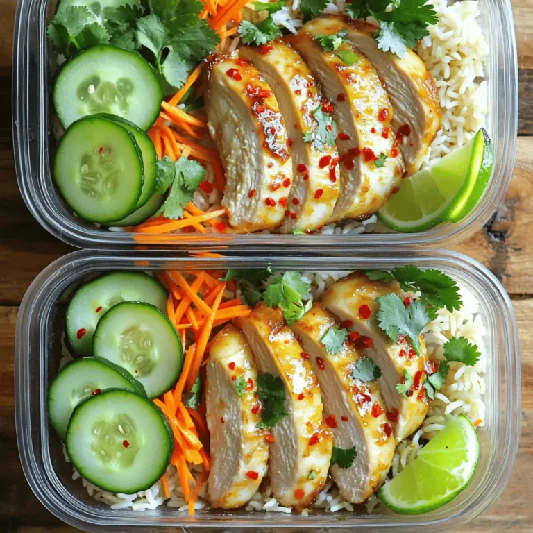 For these tasty bowls, you need: - 2 boneless, skinless chicken breasts - 1 cup jasmine rice - 1 cucumber, thinly sliced - 1 carrot, julienned - Fresh cilantro leaves for garnishing - Lime wedges for serving - Sliced red chili (optional, for heat) These ingredients create a base full of flavor and texture. The chicken offers protein, while the jasmine rice adds a nice touch of sweetness. The veggies give crunch and freshness. The marinade brings all the flavors together. Here’s what you need: - 3 tablespoons fish sauce - 2 tablespoons honey - 1 tablespoon soy sauce (low-sodium is fine) - 2 cloves garlic, minced - 1 tablespoon fresh ginger, grated - 1/2 teaspoon black pepper This mix makes the chicken tender and packed with taste. Fish sauce adds a salty depth, while honey balances it with sweetness. Garlic and ginger provide warmth and depth. Feel free to add more veggies to your bowls. Some great options include: - Bell peppers, sliced - Snap peas, trimmed - Radishes, thinly sliced You can also switch up the garnishes. Consider adding: - Chopped green onions - Sesame seeds - Fresh mint leaves These additions enhance the meal's look and flavor. They also add extra nutrients, making your meal even better. For the full recipe, check out the Vietnamese Chicken Meal Prep Bowls section. To start, you need to make the marinade. In a mixing bowl, whisk together: - 3 tablespoons fish sauce - 2 tablespoons honey - 1 tablespoon soy sauce - 2 cloves garlic, minced - 1 tablespoon fresh ginger, grated - 1/2 teaspoon black pepper Mix well until everything blends together. This marinade gives the chicken a great flavor. Next, add the chicken breasts to the bowl. Make sure each breast is coated with the marinade. Cover the bowl and let it sit in the fridge for at least 30 minutes. If you have time, let it marinate for up to 2 hours for more flavor. While the chicken marinates, it’s time to cook the jasmine rice. In a medium pot, combine: - 1 cup jasmine rice - 1 3/4 cups water or low-sodium chicken broth - A pinch of salt Bring the mixture to a boil over medium-high heat. Once it boils, lower the heat and cover with a lid. Let it simmer for about 15 minutes until the rice is fluffy. After cooking, keep it covered for an extra 5 minutes. This helps the rice steam and become perfect. Now, heat a non-stick skillet on medium-high heat. Add a little cooking oil once it’s hot. Carefully place the marinated chicken in the skillet. Cook each side for 6-7 minutes. You want the chicken to be golden-brown and fully cooked. Use a meat thermometer to ensure it reaches 165°F (75°C). Once cooked, take the chicken out of the skillet. Let it rest for a few minutes on a cutting board. After it rests, slice the chicken into thin strips. This makes it tender and easy to eat. Now for the fun part: assembling the bowls! Start by dividing the cooked jasmine rice into 4 airtight containers. Top each serving of rice with sliced chicken. Then, add: - Thinly sliced cucumber - Julienned carrots Garnish each bowl with fresh cilantro leaves. Place lime wedges on the side for a burst of flavor when you eat. If you like some heat, add sliced red chili on top. Allow the bowls to cool before sealing them with lids. You can store them in the fridge for up to 4 days. These meal prep bowls are perfect for quick lunches or dinners. For the complete recipe, check out the [Full Recipe]. To make meal prep easy, I like to set up a workspace. First, gather all your tools. This includes cutting boards, knives, and bowls. Having everything close by cuts down on time. I also recommend cooking in batches. Make extra rice or chicken. This way, you can use them in other meals too. To ensure juicy chicken, marinate it well. A good marinade adds flavor and moisture. I suggest marinating for at least 30 minutes. For best results, go for 2 hours. When cooking, use medium-high heat. This helps create a nice golden color. Always check the chicken's temperature. It should reach 165°F (75°C). Letting it rest after cooking is key. This keeps the juices in the meat. There are many ways to boost flavor in your meal prep bowls. Try adding fresh herbs like mint or basil. You can also squeeze lime juice over each bowl. For extra crunch, add chopped peanuts or cashews. If you like spice, toss in some sliced chili. These small touches make a big difference. For the full recipe, check out the complete guide on Vietnamese Chicken Meal Prep Bowls. {{image_4}} You can easily swap chicken for other proteins. Shrimp is a great choice. Cook the shrimp for just 2-3 minutes until they turn pink. Tofu works well too. Use firm tofu and press it first to remove extra moisture. This helps it absorb flavors. Another option is beef. Use thinly sliced flank steak instead of chicken. Cook it quickly over high heat for a tender bite. If you want a vegetarian or vegan meal prep bowl, try using tempeh or seitan. Both have a great texture and soak up flavors well. Marinate them just like the chicken. Cook tempeh for about 5-7 minutes in a skillet. For a vegan option, skip the fish sauce and use soy sauce instead. You can also add more veggies like bell peppers or mushrooms for added taste and nutrition. Make your bowls unique with different toppings. Try adding sliced radishes for crunch. You can also add avocado for creaminess. Fresh herbs like mint or basil work wonders too. For extra flavor, drizzle some sriracha or hoisin sauce on top. You can even add nuts for a tasty crunch. These simple tweaks let you enjoy a new meal every time. To see the full recipe, check out the [Full Recipe]. To keep your Vietnamese Chicken Meal Prep Bowls fresh, use airtight containers. Divide the bowls into four portions. Store rice, chicken, and veggies separately if you can. This will help maintain texture and flavor. Let the meal prep bowls cool before sealing them. This step helps prevent steam from making everything soggy. When you're ready to enjoy your meal prep bowls, use the microwave. Place a bowl in the microwave for 1-2 minutes. Stir halfway through to heat evenly. Check that the chicken reaches 165°F (75°C) before eating. If you prefer, you can reheat on the stove. Just add a splash of water to prevent sticking. These bowls last for up to four days in the fridge. After that, the flavors may fade. Always check for any off smells or changes in color before eating. If you want to store them longer, consider freezing. Just make sure to label them, so you know what's inside. Enjoy your delicious meal prep with confidence! To make Vietnamese Chicken Meal Prep Bowls, start with chicken breasts. First, mix fish sauce, honey, soy sauce, garlic, ginger, and black pepper in a bowl. This creates a tasty marinade. Coat the chicken in this marinade and let it sit for 30 minutes in the fridge. While it marinates, cook jasmine rice in water or broth for about 15 minutes. Heat a skillet, add oil, and cook the chicken for 6-7 minutes on each side until it’s golden and reaches 165°F. Slice the chicken and assemble the bowls with rice, chicken, cucumber, and carrots. Don’t forget the cilantro and lime! For more details, check the Full Recipe. Vietnamese Chicken Meal Prep Bowls pair well with light sides. Here are some great choices: - Steamed broccoli - Pickled vegetables - Fresh spring rolls - Asian-style slaw - Edamame These sides add color and different textures to your meal. They also keep the meal fresh and exciting. Yes, you can freeze Vietnamese Chicken Meal Prep Bowls. Just make sure to cool them completely before sealing them in airtight containers. They can last in the freezer for up to three months. When you want to eat them, thaw them in the fridge overnight and reheat in the microwave. This keeps your meal fresh and tasty. Vietnamese Chicken Meal Prep Bowls are healthy and balanced. Here is a rough idea of the nutrition per serving: - Calories: 400 - Protein: 30g - Carbohydrates: 45g - Fat: 10g - Fiber: 3g - Sugar: 6g This dish provides protein, carbs, and healthy fats. You can adjust ingredients for your dietary needs. In this blog post, we covered the key ingredients and step-by-step instructions for making Vietnamese Chicken Meal Prep Bowls. We discussed marinades and cooking tips to ensure great flavor. You can also explore various protein options and learn how to store and reheat these bowls effectively. These meal prep bowls are easy to customize and perfect for busy days. With simple steps and tasty ingredients, you can enjoy delicious, healthy meals throughout the week. Happy cooking!