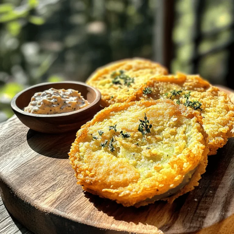 To make crispy Southern fried green tomatoes, you’ll need the following: - 4 medium green tomatoes, sliced into 1/4-inch thick rounds - 1 cup buttermilk - 1 cup cornmeal - 1/2 cup all-purpose flour - 1 teaspoon paprika - 1/2 teaspoon garlic powder - 1/2 teaspoon onion powder - 1/4 teaspoon cayenne pepper (adjust based on heat preference) - Salt and freshly ground black pepper to taste - Oil for frying (such as vegetable or canola oil) You can swap some ingredients if you need to. For the buttermilk, use regular milk mixed with a little vinegar or lemon juice. It gives a similar taste. If you want a gluten-free option, use almond flour or a gluten-free flour blend instead of all-purpose flour. For cornmeal, you can use ground oats or crushed rice crackers for a different texture. Using fresh ingredients makes a big difference. Fresh green tomatoes have a firm texture that holds up well when fried. They bring a bright, tangy flavor that balances the crispy coating. Fresh spices add more flavor to your dish. They also help create the perfect crust that everyone loves. Always choose the best quality ingredients. This choice makes your dish taste great and keeps your cooking fun! Start by washing the green tomatoes well. This removes dirt and debris. Next, slice them into 1/4-inch thick rounds. Lay the slices on a paper towel. Sprinkle salt over them to bring out the flavor. This also helps draw out some moisture. Let them sit for 10 to 15 minutes. You will notice some water pooling around the tomato slices. This step is very important for a crispy finish. Set up two shallow bowls for the breading. In the first bowl, pour 1 cup of buttermilk. In the second bowl, mix the dry ingredients: 1 cup of cornmeal, 1/2 cup of flour, paprika, garlic powder, onion powder, cayenne pepper, salt, and black pepper. Stir this mix until it is well combined. This creates a tasty coating that makes the tomatoes crispy. Heat about 1 inch of oil in a large skillet over medium heat. Use a thermometer to check the temperature. You want it to reach 350°F (175°C). This is the sweet spot for frying. Dip each tomato slice in the buttermilk first. Let the excess drip off. Then, coat it in the cornmeal mixture. Press lightly to cover the slice evenly. Carefully place the breaded slices into the hot oil, avoiding overcrowding. Fry each side for 3 to 4 minutes until golden brown. Once done, transfer them to a plate lined with paper towels to absorb extra oil. Enjoy your crispy fried green tomatoes! For the full recipe, check out the complete instructions. The oil must be hot but not smoking. I heat the oil to 350°F (175°C). Use a thermometer to check. If your oil is too cool, the coating will soak up oil. This makes it soggy. If it’s too hot, the outside burns before the inside cooks. Use medium heat to keep a steady temperature. To avoid soggy fried green tomatoes, salt the tomato slices first. Place them on paper towels for about 10-15 minutes. This draws out moisture. When you bread them, make sure to coat them well. Press the cornmeal mixture onto the slices. This helps the coating stick better and stay crispy. Don’t skip the seasonings! Mix paprika, garlic powder, and onion powder into the cornmeal. You can add more spices if you like heat. A pinch of cayenne gives a nice kick. Adjust it based on your taste. Salt and black pepper are key too. They bring out the natural flavor of the tomatoes. {{image_4}} You can make this dish gluten-free. Swap the all-purpose flour for a gluten-free blend. Many brands offer great options that work well. Just ensure your cornmeal is also gluten-free. This way, everyone can enjoy crispy fried green tomatoes! If you love heat, add more cayenne pepper to the coating mix. You can also mix in some hot sauce into the buttermilk. This will give your tomatoes a nice kick. A touch of chili powder can also spice things up. Adjust the heat to fit your taste! Dipping sauces can change the whole dish. Try a classic ranch dressing for a cool contrast. A zesty remoulade adds a bold flavor that many love. For something unique, mix yogurt with fresh herbs for a fresh dip. Pairing these sauces makes the meal fun and tasty. You’ll want to experiment with each one! After you enjoy your crispy Southern fried green tomatoes, store any leftovers in an airtight container. This keeps them fresh for up to three days in the fridge. Place a paper towel at the bottom of the container to absorb moisture. This helps maintain the crispiness for a little longer. To reheat, use an oven or an air fryer for the best results. Preheat your oven to 375°F (190°C). Place the tomatoes on a baking sheet lined with parchment paper. Bake for about 10-12 minutes until they are hot and crispy again. If using an air fryer, set it to 350°F (175°C) and reheat for 5-7 minutes. Avoid microwaving, as this can make them soggy. You can freeze fried green tomatoes for later enjoyment. First, let them cool completely. Then, place them in a single layer on a baking sheet and freeze for 1-2 hours. Once frozen, transfer them to a freezer-safe bag or container. They can last up to three months in the freezer. When ready to eat, thaw in the fridge overnight and follow the reheating tips for crispy results. For the full recipe, check out the main article. For this recipe, I recommend using firm green tomatoes. Varieties like unripe Cherokee Purple and Green Zebra work well. They have a tart flavor, which contrasts nicely with the crispy coating. Ripe tomatoes are too soft and will not hold their shape. Look for tomatoes that feel heavy and have smooth skin. This ensures you get the best texture and taste. Yes, you can bake fried green tomatoes if you prefer a healthier option. Preheat your oven to 425°F (220°C). After you bread the tomato slices, place them on a baking sheet lined with parchment paper. Spray or brush them lightly with oil. Bake for about 20-25 minutes, flipping halfway through. They won’t be as crispy as fried ones, but they will still taste great. Fried green tomatoes have roots in Southern cuisine. They became popular in the late 19th century. Farmers often used green tomatoes because they harvested them before frost. The dish is a staple in Southern homes and restaurants. It symbolizes comfort food and rustic cooking. Fried green tomatoes gained even more fame from a novel and movie called *Fried Green Tomatoes at the Whistle Stop Cafe*. This brought the dish into the spotlight, celebrating its rich history and flavor. For a full recipe, check out the full recipe provided above. In this blog post, we covered how to make fried green tomatoes. We looked at the best ingredients and substitutions to use fresh produce. The step-by-step instructions helped you prepare and fry tomatoes perfectly. We shared tips to keep your coating crispy and flavorful. You also learned tasty variations and how to store leftovers. Fried green tomatoes can be a fun dish with many options. Experiment with spices and sauces to make them your own. Enjoy these crunchy bites as a side or snack!