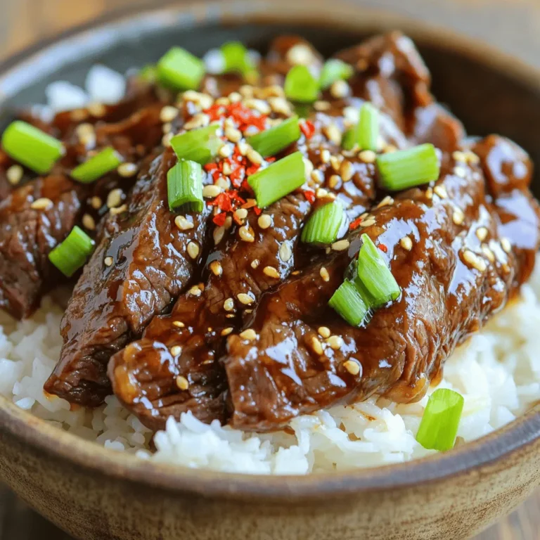 - 1 lb flank steak - 2 tablespoons cornstarch - 3 tablespoons vegetable oil - 4 green onions, chopped - 3 cloves garlic, minced - 1 inch ginger, grated - 1/2 cup soy sauce - 1/4 cup brown sugar These main ingredients create a rich and flavorful dish. The flank steak gives it a nice texture. Cornstarch makes the beef crispy. The vegetable oil helps with cooking and adds richness. Garlic and ginger bring a fresh, aromatic touch. Soy sauce adds saltiness, while brown sugar balances the flavors with sweetness. - 1 teaspoon red pepper flakes (optional) - Salt and pepper to taste Red pepper flakes can add some heat to your dish. If you like it spicy, use them wisely. Salt and pepper help to enhance the overall taste. Adjust them based on your preference. These small touches can make a big difference in flavor. For more details on how to combine these ingredients, check the Full Recipe. First, start with the flank steak. Slice it thinly against the grain. This helps the meat stay tender. In a bowl, toss the sliced beef with cornstarch. Make sure each piece is well coated. This helps create a nice crust when you cook it. Let the beef rest for 10 minutes. This resting time helps the cornstarch stick better. Heat 2 tablespoons of vegetable oil in a skillet or wok over medium-high heat. When the oil is hot, add the beef. Arrange the slices in a single layer. Cook for 1-2 minutes on each side. You want them browned but not cooked through. If your pan is small, cook in batches. Remove the beef and set it aside. In the same skillet, add the last tablespoon of oil. Then, toss in the minced garlic and grated ginger. Sauté for about 30 seconds. You want to smell the garlic and ginger but not burn them. Next, pour in the soy sauce and add the brown sugar. Stir well until the sugar dissolves. If you like heat, sprinkle in some red pepper flakes now. Return the cooked beef to the skillet. Toss everything together to coat in the sauce. Cook for 2-3 more minutes. This allows the sauce to thicken a bit. Finally, add the chopped green onions and mix well. Cook for another minute. Season with salt and pepper to taste if needed. Now, your Easy Mongolian Beef is ready to serve! Check out the Full Recipe for more details. To make great Mongolian beef, avoid overcrowding the skillet. When you add too much beef at once, it steams instead of browning. Cook the beef in batches. This step helps it get that nice golden color. Make sure your skillet is hot before adding the meat. A hot skillet sears the beef quickly. This keeps the juices inside, making the beef tender and tasty. You can adjust the sweetness and heat levels of your sauce. If you like it sweet, add more brown sugar. For extra spice, add more red pepper flakes. Taste as you go to find the right balance for you. Try different garnishes to make your dish pop. Chopped cilantro or sesame seeds can add flavor and color. They also make your dish visually appealing. Serve your Mongolian beef over rice or stir-fried vegetables. The rice soaks up the sauce and adds great texture. You can also use cauliflower rice for a low-carb option. For a fun twist, arrange the beef on a platter. Add colorful veggies around it for a beautiful display. Garnish with extra green onions to make it look fresh and inviting. For the complete process, check the Full Recipe for more details. {{image_2}} If you need a gluten-free option, you can swap soy sauce for tamari. Tamari tastes similar but does not contain wheat. This small change keeps your dish flavorful without gluten. You can also change the protein. If you prefer chicken, use boneless, skinless chicken thighs. Slice them thinly, just like the flank steak. For a plant-based option, try tofu. Firm tofu works best. Cut it into cubes and follow the same steps as the beef. Adding more veggies can brighten your dish. Try bell peppers, broccoli, or snap peas. Chop them into bite-sized pieces. Add them to the skillet after cooking the garlic and ginger. This keeps them crisp and colorful. You can also mix up the spices. Try adding a pinch of five-spice powder for warmth. Or, use a splash of sesame oil for a nutty flavor. These small tweaks help create new and exciting tastes in your Easy Mongolian Beef. For the full recipe, check the section above. To keep your Easy Mongolian Beef fresh, store it in an airtight container. Make sure the dish cools first. This way, it will not steam and get soggy. Place the container in the fridge. Your leftovers will stay tasty for up to three days. If you want to save some for later, freezing is a great option. First, let the beef cool completely. Then, place it in a freezer-safe bag or container. Try to remove as much air as possible. When you are ready to eat, thaw it in the fridge overnight. To reheat, warm it in a skillet over medium heat. Add a splash of soy sauce to keep it moist. Mongolian beef can stay fresh in the fridge for about three days. If frozen, it can last up to three months. After that, the taste may fade. For the best flavor, try to use it within this time frame. Enjoy your meal, knowing you can save some for later! You can enjoy Easy Mongolian Beef with many sides. Here are some tasty options: - Steamed white rice - Fried rice with veggies - Stir-fried broccoli or green beans - Asian-style coleslaw - Crispy spring rolls These sides pair well and add color to your plate. Yes, you can make this dish ahead of time. Here are some tips: - Cook the beef and sauce, then store them separately in the fridge. - Reheat the beef in a pan over low heat. - Add a splash of soy sauce or water to keep it moist. This method saves time on busy nights. Mongolian beef is not from Mongolia. It is inspired by Chinese-American cuisine. The dish started in the United States in the 20th century. It combines tender beef with sweet and savory flavors, often using soy sauce and ginger. This dish is popular in many Asian restaurants today. To serve more people, follow these tips: - Double the amount of beef and sauce ingredients. - Keep the cooking times the same. Make sure not to overcrowd the pan. - You can cook in batches if needed. This way, you can enjoy the same great taste in larger amounts. For the complete method, check the full recipe. Easy Mongolian Beef is a simple dish that you can prepare at home. We covered the key ingredients, from flank steak to soy sauce. You learned the steps for cooking and making the sauce, plus tips for perfect flavor. Don't forget the variations, like using tofu or adding veggies. Store leftovers correctly for longer enjoyment. Experimenting with this dish can lead to fun twists. Whether you eat it over rice or veggies, there's plenty for everyone to enjoy. Now, get cooking and impress your family with this tasty meal!