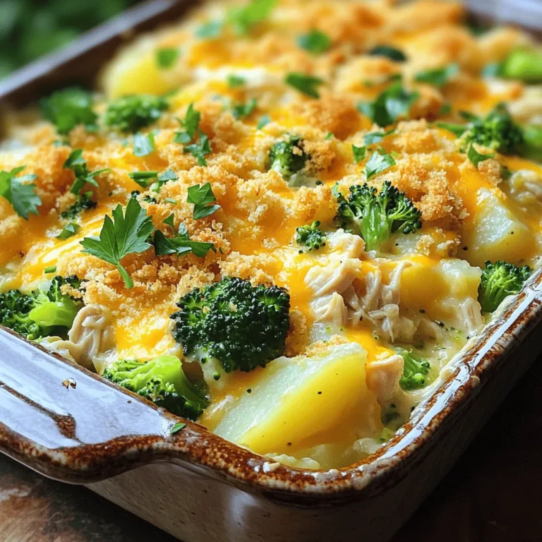 Here’s what you need for a tasty Baked Potato Chicken Broccoli Casserole: - 4 medium-sized potatoes, peeled and diced - 2 cups cooked chicken, shredded - 2 cups fresh broccoli florets - 1 cup shredded cheddar cheese - 1 cup sour cream - 1/2 cup milk - Spices: garlic powder, onion powder, salt, and pepper - Topping: 1/2 cup breadcrumbs and 1/4 cup grated Parmesan cheese - 2 tablespoons olive oil Each ingredient plays a role in the final dish. The potatoes provide a hearty base. Chicken adds protein and flavor. Fresh broccoli brings in a nice crunch and color. The cheddar cheese gives it that creamy, cheesy goodness. Sour cream and milk keep it moist. Don’t forget the spices; they boost the taste. Lastly, the breadcrumbs and Parmesan create a crunchy topping that everyone loves. You can find the full recipe for this delicious casserole in the [Full Recipe] section. Enjoy cooking! 1. Preheat the oven to 375°F (190°C). This ensures even cooking. 2. Boil the diced potatoes in salted water until they are fork-tender. This takes about 10-15 minutes. Drain the potatoes and let them cool slightly. 3. In a large bowl, mix the shredded chicken, boiled potatoes, fresh broccoli, shredded cheddar cheese, sour cream, milk, garlic powder, onion powder, and a pinch of salt and pepper. Stir until all ingredients are well combined. 1. Drizzle olive oil over the mixture and stir again to mix it well. 2. Transfer the mixture to a greased 9x13 inch casserole dish. Spread it out evenly for even baking. 3. In a small bowl, combine breadcrumbs and grated Parmesan cheese. Sprinkle this mixture evenly on top of the casserole. 1. Bake the casserole in the preheated oven for 25-30 minutes, or until the top is golden brown and bubbly. 2. Once baked, remove it from the oven and let it cool for about 5 minutes. This helps the casserole set before serving. For the full recipe, check out the details above. Enjoy your delicious meal! - Use rotisserie chicken for convenience. - Adjust liquid ingredients based on desired creaminess. Using rotisserie chicken saves time and adds great flavor. It’s tender and juicy, making your casserole richer. If you want a creamy texture, add more sour cream or milk. If you prefer a thicker mix, use less liquid. This way, you can customize to your taste. - Overcooking the potatoes. - Not seasoning adequately. Be careful not to overcook the potatoes. They should be fork-tender but not mushy. If they cook too long, your casserole will turn out soggy. Also, don’t skimp on seasoning. Salt and pepper are key to bringing out all the flavors in the dish. - Garnish with parsley. - Pair with a crisp side salad for balance. Garnish your casserole with fresh parsley for color and taste. This small touch makes it look fancy! Pairing it with a crisp side salad adds freshness. The salad balances the creamy casserole and makes the meal complete. For the full recipe, check the main sections above! {{image_4}} You can change the recipe to fit your taste. For a twist, substitute broccoli with fresh spinach or tender asparagus. Both options add a nice touch and keep the dish colorful. You can also use different cheese varieties. Try mozzarella for a mild flavor or pepper jack for a spicy kick. Each cheese brings its own charm to the casserole. If you want a lighter version, replace sour cream with Greek yogurt. It adds creaminess while cutting calories. You can also switch out regular potatoes for sweet potatoes. Sweet potatoes bring a hint of sweetness and more nutrients. Both swaps keep the dish tasty and satisfying. To give your casserole a fun twist, think about adding spices. A sprinkle of cumin and chili powder can create a Tex-Mex vibe. For an Italian touch, mix in dried oregano and basil. These spices can turn a simple casserole into something special and unique. Remember, small changes can lead to big flavors! You can keep your baked potato chicken broccoli casserole in the fridge. Store it in an airtight container. It will stay fresh for 3-4 days. Before you put it in the fridge, let it cool down. This helps keep the texture nice. For longer storage, you can freeze your casserole. I recommend freezing it in individual portions. This makes it easy to reheat later. Use freezer-safe containers or bags to avoid freezer burn. Label each bag or container with the date to track freshness. When it's time to enjoy your leftovers, reheating is key. For the best texture, reheat in the oven. Preheat the oven to 350°F (175°C) and heat for about 20 minutes. The oven will keep the top crunchy. Microwaving is quick, but it might change the texture. If you use the microwave, heat in short intervals and stir between to warm evenly. For the full recipe, you can refer to the Baked Potato Chicken Broccoli Casserole section above. Yes, prepare the casserole and refrigerate it before baking. This saves time on busy days. You can make it in the morning and bake it later. Just be sure to cover it tightly. A crisp side salad or steamed vegetables complement it well. The freshness of a salad balances the creamy casserole. Try adding some cherry tomatoes or cucumbers for crunch. Look for a golden brown top and bubbling edges. It should smell amazing, too! If you see this, it is ready to eat. A meat thermometer can help, aiming for 165°F in the center ensures safety. It can be made gluten-free by using gluten-free breadcrumbs. Many brands offer great options. This way, everyone can enjoy the dish without worry. Plus, it can still be delicious and crunchy! This baked potato chicken broccoli casserole combines simple ingredients for a wholesome meal. We covered the easy steps to prepare, assemble, and bake your dish perfectly. Remember to adjust for creaminess and avoid overcooking the potatoes. Try variations to suit your taste and enjoy leftovers with proper storage. This dish is not just tasty; it’s customizable and convenient. Have fun creating your delicious version!