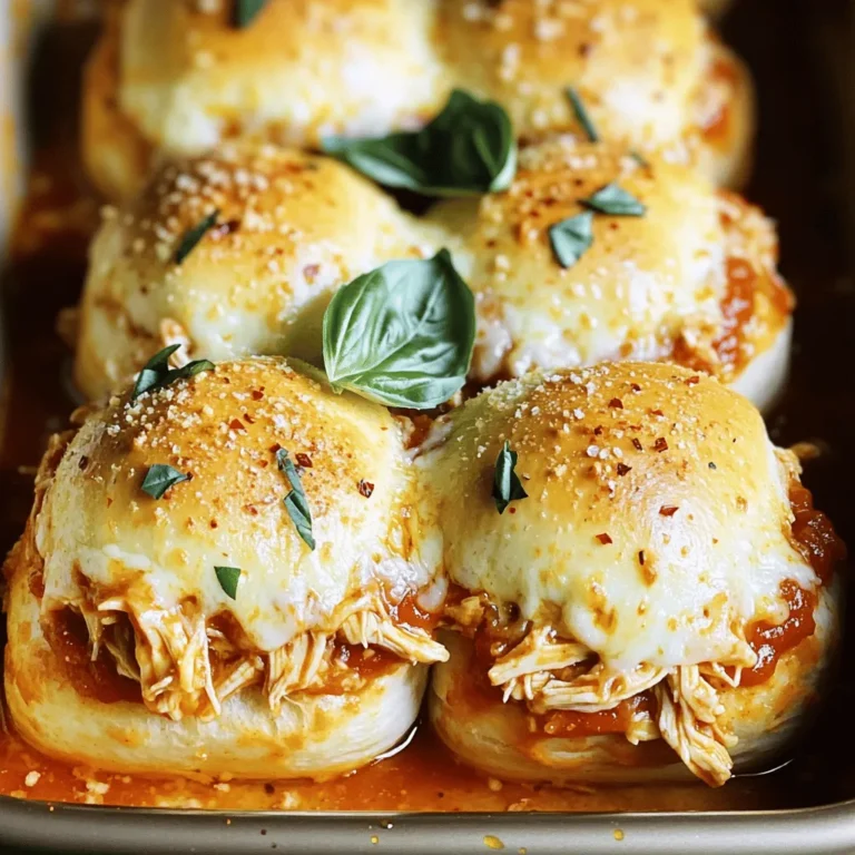 - 12 slider rolls - 2 cups cooked chicken, shredded - 1 cup marinara sauce - 1 cup mozzarella cheese, shredded - ½ cup Parmesan cheese, grated - 2 tablespoons olive oil - 1 teaspoon garlic powder - 1 teaspoon dried oregano To make Baked Chicken Parmesan Sliders, start with these essential ingredients. Slider rolls are the base, soft and perfect for holding the toppings. Cooked chicken, shredded, provides protein and flavor. Marinara sauce adds moisture and a rich taste. Cheese is key; use mozzarella for meltiness and Parmesan for a salty bite. Seasonings like garlic powder and oregano give depth to the dish. - ½ teaspoon red pepper flakes - Fresh basil leaves for garnish You can jazz up your sliders with optional ingredients. Red pepper flakes add a nice kick, making each bite exciting. Fresh basil gives a burst of color and fresh flavor. These little touches can elevate your sliders from tasty to amazing. Feel free to mix and match according to your taste! For the full recipe, check out the details above. First, preheat your oven to 350°F (175°C). This step warms the oven evenly. Next, grab a baking dish and grease it lightly. This helps the sliders not stick. In a bowl, mix your cooked chicken with the marinara sauce. Make sure the chicken is well coated. Now, take the bottom halves of the slider rolls and place them in your greased baking dish. Spoon the chicken mixture evenly over the rolls. Then, sprinkle the shredded mozzarella cheese on top of the chicken. For added flavor, layer the grated Parmesan cheese over the mozzarella. Finally, place the top halves of the slider rolls on the cheese. In a small bowl, mix the olive oil, garlic powder, oregano, and red pepper flakes if you want a kick. Brush this mixture on the tops of the slider rolls. Cover your baking dish with aluminum foil and bake for 15 minutes. Next, remove the foil and bake for another 10 minutes. You want the tops to be golden brown and the cheese to be bubbling. Once baked, take the sliders out and let them cool for a few minutes. Slice them into individual sliders. If you like, garnish with fresh basil leaves before serving warm. For the full recipe, check the previous sections! - Choosing the right chicken: Use cooked chicken that is moist and flavorful. Shredded rotisserie chicken works well. It saves time and adds great taste. - Marinara sauce options: Pick a marinara sauce you love. A chunky sauce adds texture. You can also make a homemade version for a personal touch. - Different cheese combinations: Mozzarella is a must, but mix in provolone or gouda for extra flavor. These cheeses melt nicely and bring richness. - Adding veggies or spices: Toss in some spinach or roasted red peppers. They add color and nutrients. For spice, try a pinch of cayenne or some Italian herbs. - Pairing with sides: Serve with a fresh salad or crispy fries. These add crunch and balance to your meal. - Ideal dips and complements: Marinara on the side is perfect for dipping. A creamy ranch dressing can also enhance the flavors. {{image_2}} You can make your sliders healthier. Start with whole grain slider rolls. They add fiber and nutrients. Next, choose low-fat cheese options. This will cut calories while keeping the taste. Look for part-skim mozzarella or reduced-fat Parmesan. To amp up the flavor, consider adding pesto or sun-dried tomatoes. These ingredients add a rich taste. If you like heat, try a spicy version with jalapeños. They bring a nice kick to the dish. You can adapt this recipe to a slow cooker. Simply layer the ingredients and cook on low for a few hours. Another method is grilling the sliders. This gives them a smoky flavor that enhances the overall taste. For the full recipe, check out the Baked Chicken Parmesan Sliders . To keep your baked chicken Parmesan sliders fresh, store them properly. Refrigerate them in an airtight container. They will stay good for up to three days. If you want to keep them longer, freezing is a great option. Wrap each slider individually in plastic wrap, then place them in a freezer bag. They can last for about two months in the freezer. When it's time to enjoy your sliders again, reheating is key. The best method is to use the oven. Preheat it to 350°F (175°C). Place the sliders on a baking sheet and cover them with foil. Bake for about 10 to 15 minutes, until they're warm. This method helps keep the bread soft and the cheese melty. If you're in a hurry, you can use the microwave. Place the sliders on a microwave-safe plate. Heat them for 30 seconds, then check if they are warm. Add more time if needed, but be careful not to overdo it. This can make the bread tough. To maintain the texture, avoid reheating them too long. Keeping an eye on them helps ensure they stay tasty. You can replace chicken with plant-based options. Try using jackfruit or mushrooms. Mix them with marinara sauce just like the chicken. Top with mozzarella and Parmesan cheese for a tasty layer. Yes! You can assemble the sliders a day before. Just cover them and place them in the fridge. Bake them when you are ready to serve. This keeps them fresh and easy. If you don't have marinara, try Alfredo or pesto sauce. You could even use barbecue sauce for a twist. Each option will change the flavor but still taste great. To keep sliders crispy, follow these tips: - Use fresh rolls for better texture. - Bake them uncovered for the last few minutes. - Don’t over-saturate with sauce; a light layer works best. Each slider has about 250 calories. It contains protein from chicken and cheese. You also gain vitamins from the marinara sauce. For exact nutrition details, check the Full Recipe. Baked Chicken Parmesan Sliders are a tasty and easy dish that anyone can make. We covered essential ingredients and how to assemble them. I shared tips for making them juicy and tasty, plus fun variations and storage tips. Remember, you can get creative with flavors and textures. Enjoy these sliders with your favorite sides or dips for a fun meal. Try it out and impress your family or friends with this simple dish!