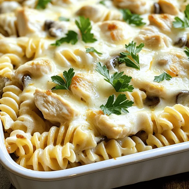 - 2 cups rotini pasta - 2 tablespoons olive oil - 1 pound chicken breast, diced - 1 cup mushrooms, sliced - 3 cloves garlic, minced - 1 cup heavy cream - 1 cup whole milk - 1 cup grated Parmesan cheese - 1 cup shredded mozzarella cheese - 1 teaspoon Italian seasoning - Salt and pepper to taste - Fresh parsley for garnish You will need 2 cups of rotini pasta. This pasta shape holds sauce well. Use 2 tablespoons of olive oil to cook the chicken and mushrooms. The chicken should be one pound, diced into small pieces. For mushrooms, one cup of sliced mushrooms will add great flavor. Use 3 cloves of minced garlic to enhance the dish. For creaminess, use 1 cup each of heavy cream and whole milk. You’ll want 1 cup of grated Parmesan cheese for richness and 1 cup of shredded mozzarella cheese for a gooey texture. Add 1 teaspoon of Italian seasoning for that classic flavor. Finally, season with salt and pepper to taste. Fresh parsley will make a nice garnish. You will need a large pot for boiling the pasta. A large skillet is key for cooking the chicken and mushrooms. Use a large mixing bowl to combine everything. A greased baking dish will hold the final mixture. Don’t forget a spatula for mixing and a measuring cup for accurate ingredients. To make Chicken and Mushroom Alfredo Bake, gather all your ingredients first. This will save you time. You will need rotini pasta, chicken, mushrooms, garlic, cream, milk, cheeses, and spices. Preheat your oven to 350°F (175°C) before you start cooking. 1. Cook the Pasta: Boil water in a large pot. Add rotini pasta and cook until it's al dente. This takes about 8-10 minutes. Drain the pasta and set it aside. 2. Cook the Chicken: Heat olive oil in a large skillet over medium heat. Add the diced chicken and cook for 7-8 minutes. Ensure the chicken turns golden brown. Once done, take it out and set it aside. 3. Sauté the Mushrooms: In the same skillet, add sliced mushrooms. Cook them for about 5 minutes until they soften. Then, add minced garlic and cook for another minute. The smell will be amazing! 4. Make the Sauce: Put the chicken back into the skillet. Pour in heavy cream and whole milk. Add grated Parmesan cheese, Italian seasoning, salt, and pepper. Let it simmer for 3-4 minutes. This will make a creamy sauce. 5. Combine Everything: In a large bowl, mix the cooked pasta with the creamy chicken and mushroom sauce. Stir well so every piece of pasta is coated. 6. Transfer to Baking Dish: Grease your baking dish and pour the mixture into it. Top it with shredded mozzarella cheese. 7. Bake: Place the dish in the oven and bake for 25-30 minutes. You will know it’s ready when the cheese is bubbly and golden brown. 8. Serve: Take it out of the oven and let it cool for a few minutes. Garnish with fresh parsley for a pop of color. - Prep Ahead: You can cook the chicken and pasta earlier in the day. This saves time when you are ready to bake. - Taste as You Go: Always taste your sauce. Adjust the salt and pepper to your liking. - Cheese Choices: Feel free to mix different cheeses for a unique flavor. - Presentation: Serve your Alfredo bake in the dish. Add some extra parsley and Parmesan cheese on top for a nice touch. Make sure to check out the Full Recipe for more details! To make your Alfredo bake stand out, focus on the sauce. Use fresh ingredients for the best flavor. I love to add a pinch of nutmeg for warmth. This small touch makes the sauce richer. Always taste your sauce before adding it to the pasta. Adjust salt and pepper to your liking. Let the dish rest after baking. This helps the flavors meld together. Cook your chicken in a hot skillet. This gives it a nice brown color and keeps it juicy. Don't overcrowd the pan; cook in batches if needed. For the mushrooms, sauté them until they are golden. This enhances their flavor. Adding garlic at the end keeps it fragrant and fresh. Make sure to stir gently to avoid breaking the mushrooms. Serve the Alfredo bake in the dish you cooked it in. This keeps it warm and inviting. Garnish with fresh parsley for a pop of color. I like to sprinkle extra Parmesan on top for a cheesy finish. Pair it with a simple side salad or garlic bread. A light white wine complements the dish well. If you want the full experience, check out the Full Recipe for more details. {{image_2}} You can change a few ingredients to suit your taste. Try using different pasta shapes like penne or fusilli. Swap chicken for turkey or shrimp for a fun twist. You can also add spinach or bell peppers for extra color and flavor. Using garlic powder instead of fresh garlic is another option. To make a vegetarian version, simply omit the chicken. Replace it with more mushrooms or add zucchini and broccoli. Use vegetable broth instead of chicken broth for more flavor. For a creamy base, stick with the heavy cream and add more cheese to keep it rich. If you run out of something, don’t worry! You can use plain yogurt instead of heavy cream for a lighter meal. Almond milk or oat milk works well if you need a dairy-free option. If you lack Parmesan, use Pecorino Romano or nutritional yeast for a cheese-like flavor. These swaps can still make your Chicken and Mushroom Alfredo Bake delicious. Check the Full Recipe for more details! To keep your Chicken and Mushroom Alfredo Bake fresh, first let it cool. Transfer any leftovers to an airtight container. Store them in the fridge for up to three days. Make sure to label the container with the date. This way, you always know how long it has been stored. If you want to keep it longer, consider freezing. When you’re ready to enjoy your leftovers, reheating is simple. Preheat your oven to 350°F (175°C). Place the Alfredo bake in a baking dish. Cover it with foil to keep it moist. Bake for about 20 minutes until heated through. You can also microwave it in a bowl, heating it in 30-second bursts. Stir in between to ensure even heating. For long-term storage, freezing is a great option. Cut the Alfredo bake into portions. Wrap each piece tightly in plastic wrap. Then, place the wrapped portions in a freezer-safe bag. Remove as much air as possible to prevent freezer burn. You can freeze it for up to three months. When ready to use, thaw it overnight in the fridge before reheating. This method keeps the flavors fresh and delicious. For the full recipe, check out the initial section. To make Chicken and Mushroom Alfredo Bake from scratch, you start by cooking pasta. I recommend rotini for its great texture. Next, sauté diced chicken in olive oil until it’s golden and cooked through. After that, add sliced mushrooms and minced garlic to the same skillet. Cook them until the mushrooms are soft. Now, stir in heavy cream, whole milk, and Parmesan cheese. Season with Italian seasoning, salt, and pepper. Let it simmer until the sauce thickens. Then, mix the cooked pasta with the creamy chicken and mushroom sauce. Transfer everything to a greased baking dish. Top it with mozzarella cheese. Finally, bake it in a preheated oven until the cheese is bubbly and golden. Let it cool a bit before serving. You can find the full recipe above for all the details! Yes, you can use different types of pasta! While rotini works well, feel free to try penne or fusilli. They both hold the sauce nicely. If you prefer a lighter option, whole wheat or gluten-free pasta is also a great choice. Just remember to adjust the cooking time based on the pasta you choose. If you want to replace heavy cream, you have a few options. You can use half-and-half for a lighter texture. Another choice is to mix milk with a bit of flour or cornstarch. This will help thicken your sauce. You can also use coconut milk for a dairy-free version. It adds a nice flavor too. Just choose what fits your taste or dietary needs! In this post, we covered the key ingredients for your Chicken and Mushroom Alfredo Bake. I detailed the cooking steps and shared tips to improve your dish. You learned about ingredient variations and storage methods to keep leftovers fresh. Enjoy making this dish your own and impress your friends or family. With the right tools and a few tricks, you can create a tasty meal any day. Happy cooking!