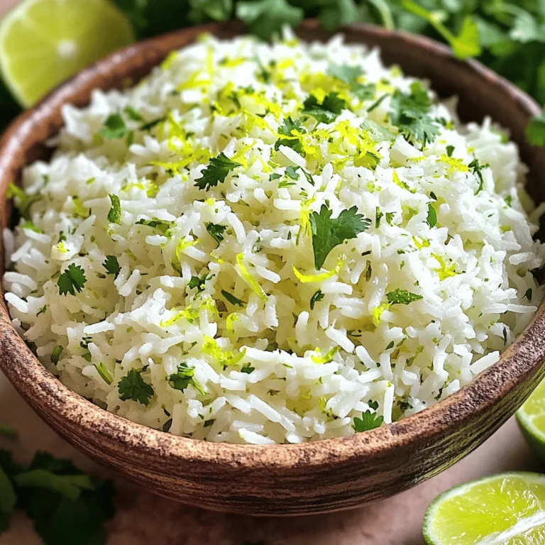 - 1 cup long-grain white rice - 2 cups vegetable broth - 1/4 cup fresh cilantro, finely chopped - 2 tablespoons lime juice - Zest of 1 lime - 1 tablespoon olive oil - 1 teaspoon garlic powder - 1/2 teaspoon cumin - Salt and pepper to taste - Additional herbs (e.g., parsley, green onions) - Jalapeños for heat - Avocado for creaminess Cilantro lime rice is simple yet packed with flavor. This dish shines with its fresh ingredients. The long-grain white rice serves as the base. I like using vegetable broth instead of water for extra taste. Fresh cilantro adds a vibrant kick. The lime juice and zest give it a refreshing twist. Garlic powder and cumin round out the taste beautifully. You can customize it with optional ingredients. Add more herbs for depth. If you like spice, toss in jalapeños. For a creamy touch, include avocado. Follow the [Full Recipe] to see how to combine these ingredients perfectly. Enjoy how easy it is to make this dish your own! 1. Rinse the rice Start by rinsing 1 cup of long-grain white rice under cold water. Do this until the water runs clear. Rinsing helps remove excess starch. This simple step keeps the rice fluffy and light. 2. Combine rice and broth Next, take the rinsed rice and put it in a medium saucepan. Add 2 cups of vegetable broth to the pan. This broth adds rich flavor to the rice. 1. Bring to a boil Place the saucepan on the stove over medium-high heat. Bring the mixture to a boil. Watch it closely so it doesn’t overflow. 2. Reduce heat and simmer Once it boils, reduce the heat to low. Cover the pot and let it simmer. Cook for 18 to 20 minutes. The rice will become tender, and the broth will be absorbed. 1. Fluff and mix in additional ingredients After cooking, remove the pot from heat. Keep it covered for 5 more minutes to let the rice steam. Then, fluff the rice gently using a fork. Add 1 tablespoon of olive oil, 2 tablespoons of lime juice, and the zest of 1 lime. Sprinkle in 1 teaspoon of garlic powder and 1/2 teaspoon of cumin. Add salt and pepper to taste. 2. Taste and adjust seasoning Finally, stir in 1/4 cup of finely chopped fresh cilantro. Mix well so all the flavors blend. Taste your rice and adjust the seasoning if needed. You can add more lime juice or salt based on your preference. This is how you can create a bright, zesty Cilantro Lime Rice that pairs perfectly with many dishes. For the full recipe, check the earlier section! To make fluffy rice, rinsing is key. Rinsing removes extra starch. This helps prevent the rice from being sticky. Just put the rice in a fine mesh strainer. Run cold water over it until the water runs clear. After cooking, let the rice steam. Once you take the pot off the heat, keep it covered. Let it sit for 5 more minutes. This extra time lets the rice absorb steam. The result is light, fluffy rice. You can make this rice even better with a few tweaks. Try adding lime zest. The zest gives a bright flavor that pops in your mouth. You can also add spices like chili powder or smoked paprika. These will give it a new twist that you’ll love. Many people overcook their rice. This makes it mushy and unappetizing. Always check the rice a few minutes before the suggested cooking time. Another mistake is not tasting as you cook. Tasting helps you adjust flavors. If you find it needs more salt or lime juice, add a bit. Always trust your taste buds! For the full recipe, check out the complete instructions provided above. {{image_2}} You can swap rice for quinoa in this recipe. Quinoa cooks faster than rice. Use 1 cup of quinoa and 2 cups of vegetable broth. Bring it to a boil, then reduce heat. Cook for 15 minutes until tender. Fluff it like rice, and mix in the lime and cilantro. This gives a nutty flavor and is also gluten-free. Try adding coconut milk for a creamy twist. Use 1 cup of coconut milk and 1 cup of broth. This makes the rice rich and sweet. When mixing, adjust the lime juice to balance the sweetness. Coconut cilantro rice works great with spicy dishes. For a kick, add chili powder or fresh chilies. Mix in 1 teaspoon of chili powder when you add the spices. You can also swap the vegetable broth with spicy broth. The heat boosts the flavor and adds excitement to your meal. For more details, check the Full Recipe. To keep your cilantro lime rice fresh, use these tips: - Refrigeration tips: Let the rice cool to room temperature. Then, place it in the fridge. Store it in an airtight container. This keeps moisture in and prevents it from drying out. Your rice can last for about 4 to 5 days in the fridge. - Best containers for storage: Use glass or plastic containers with tight lids. These help keep the rice fresh. Label the containers with the date you made the rice. This way, you can keep track of how long it has been stored. Want to save some for later? Follow these steps to freeze your rice: - How to freeze portions efficiently: Divide the rice into smaller portions. This makes it easier to thaw later. Use freezer bags or containers. Remove as much air as possible before sealing. This helps to prevent freezer burn. - Reheating methods: To reheat, let the rice thaw in the fridge overnight. If you're in a hurry, you can microwave it straight from the freezer. Add a splash of water to keep it moist. Heat in short bursts, stirring in between, until warm. Enjoy your tasty cilantro lime rice anytime! To make great cilantro lime rice, start by rinsing the rice. This removes extra starch and makes the rice fluffy. Use two cups of vegetable broth for cooking. It adds a nice flavor. After cooking, let the rice steam for five more minutes. This step makes a big difference. Then, mix in lime juice, zest, and chopped cilantro. Taste it before serving. Adjust the salt and lime juice to your liking. Yes, this dish is already vegan! It uses vegetable broth and olive oil. If you want to add more flavor, try using different spices. You can also add veggies like bell peppers or corn. They will mix well with the rice. This way, you can create a tasty, colorful dish. Cilantro lime rice can last about four to five days in the fridge. Store it in an airtight container. If it starts to smell sour or looks dry, it's time to toss it. To keep it fresh, reheat only the portion you want to serve. You can use brown rice, but it takes longer to cook. Brown rice needs about 45 minutes to become tender. The flavor will be nuttier and more earthy. Adjust the vegetable broth to three cups for better results. Brown rice is a great choice for added nutrients. Cilantro lime rice is simple and full of flavor. You learned how to prepare it with key ingredients like rice, vegetable broth, and lime. The step-by-step instructions ensure you get fluffy rice every time. Tips on storing and variations let you customize and enjoy this dish later. Remember, cooking is all about trial and error. Don’t be afraid to experiment with flavors. Enjoy making and sharing your cilantro lime rice!