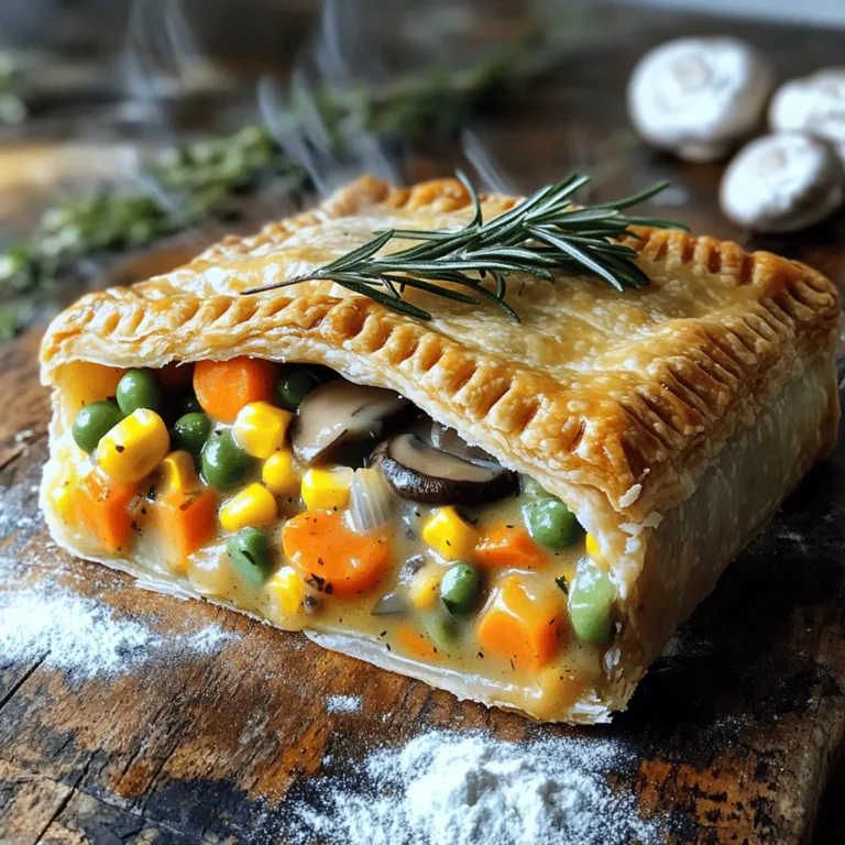 For this delicious pot pie, gather the following items: - 1 prepared pie crust (store-bought or homemade) - 2 tablespoons olive oil - 1 medium onion, finely diced - 2 cloves garlic, minced - 2 medium carrots, peeled and diced - 1 cup green beans, trimmed and chopped into bite-sized pieces - 1 cup mushrooms, cleaned and sliced - 1 cup corn (fresh, frozen, or canned) - 1 medium potato, peeled and cut into small cubes - 1 cup vegetable broth - 1 tablespoon soy sauce - 1 teaspoon dried thyme - 1 teaspoon fresh rosemary, finely chopped - ½ teaspoon freshly ground black pepper - Salt to taste - ½ cup heavy cream or coconut cream (for a vegan alternative) - 1 tablespoon cornstarch (optional, for thickening) You can make your pot pie even better with these options: - Peas for added sweetness - Spinach or kale for extra greens - A splash of white wine for depth If you have dietary needs or allergies, here are some swaps: - Use gluten-free pie crust if needed. - Swap heavy cream for almond or oat milk for a lighter option. - Use vegetable stock instead of broth for a milder taste. These ingredients create a rich and hearty filling. The blend of veggies, broth, and herbs makes every bite special. You can find the Full Recipe linked here. Enjoy crafting your flavorful comfort food! Start by preheating your oven to 425°F (220°C). This helps the crust bake evenly. In a large skillet, pour in the olive oil. Heat it over medium heat. Add the diced onion and minced garlic. Sauté them until the onion looks clear, about 3-4 minutes. Stir often to avoid burning. Next, add the diced carrots, chopped green beans, and sliced mushrooms. Cook these for 5 more minutes. You want the veggies to be soft but still bright. Then, toss in the corn and cubed potato. Pour the vegetable broth and soy sauce over the mix. Stir well and let it simmer gently. Now, season with dried thyme, chopped rosemary, black pepper, and salt. If you want a thicker filling, sprinkle cornstarch and stir it in. When the potatoes are nearly ready, add the heavy cream. Mix it well and let it cook on low for another 2-3 minutes. After that, remove it from heat and let it cool for a few minutes. Roll out your pie crust on a floured surface. Fit it into a deep-dish pie pan, covering the bottom and sides. Pour the vegetable filling into the crust, spreading it out evenly. Then, take another layer of pie crust and cover the filling. Press the edges down firmly to seal them. Crimp the edges to make it pretty. Cut several slits in the top crust. This lets steam escape while baking. Place your pie in the hot oven and bake for 25-30 minutes. You want the crust to turn golden brown and the filling to bubble. Once it's done, take it out and let it cool for about 10 minutes. This makes it easier to slice. Enjoy your delicious pot pie! For the complete recipe, check out the full recipe section. For a flaky pie crust, start with cold ingredients. Use cold butter or shortening. Cut it into small pieces. Mix it into the flour until it looks like crumbs. Add ice water slowly until it forms a dough. Chill the dough before rolling it out. This helps keep the crust light and flaky. You want a thick filling that holds together. To thicken it, use cornstarch. Mix a tablespoon of cornstarch with a little cold broth. Stir it well before adding it to the filling. This will help it thicken as it cooks. Cook the filling until the potatoes are soft and the sauce is creamy. Taste your filling as you cook. Add salt and pepper to enhance the flavor. Fresh herbs like rosemary and thyme make it pop. If you want more depth, add soy sauce. The balance of flavors is key. Experiment until you find your perfect mix. Check out the Full Recipe for more tips on making this delicious dish! {{image_4}} You can easily make this pot pie vegan. Swap the heavy cream for coconut cream. This change adds creaminess without dairy. Ensure that your pie crust is also vegan. Many store-bought options work well. For a gluten-free pot pie, use a gluten-free pie crust. You can find these in stores or make your own with almond or oat flour. Be sure to check the labels on your ingredients. Some broth and sauces may contain gluten. To make your pot pie heartier, add tofu or tempeh. Cut the tofu into small cubes and sauté it with the vegetables. Tempeh can add a nice nutty flavor. Crumble it into the mix for a satisfying bite. Both options boost protein and make your dish more filling. Feel free to explore these variations! They allow you to customize the pot pie to your taste. For the full recipe, refer to the section above. After you enjoy your vegetarian pot pie, store leftovers in an airtight container. Let the pie cool before sealing it. Use it within three days for the best taste. If you have more pie than you can eat, it’s best to freeze it. To reheat, preheat your oven to 350°F (175°C). Place the pot pie on a baking sheet. Cover it with foil to keep it moist. Heat for about 20-25 minutes or until warmed through. You can also use a microwave, but the crust will not stay crisp. To freeze your pot pie, bake it first, then cool it completely. Wrap it tightly in plastic wrap and then in aluminum foil. Label it with the date. It’s best to use it within three months. When you are ready to eat, bake it from frozen at 375°F (190°C) for about 60-70 minutes. You can also freeze the filling and crust separately for easy assembly later. For the full recipe, refer to the section above. To make this dish dairy-free, swap heavy cream with coconut cream. This gives a rich taste without dairy. Use unsweetened coconut cream for the best flavor. You can also choose plant-based butter for the crust. These simple changes keep the pot pie creamy and delicious without dairy. Yes, frozen vegetables work great in this pot pie. They save time and still taste good. Just make sure to thaw and drain any excess water before adding them to the filling. This helps avoid a soggy pie. Frozen peas, corn, or mixed veggies are excellent choices. Serve your pot pie with a fresh salad for a light side. A simple green salad with lemon vinaigrette pairs well. You can also try roasted vegetables or mashed potatoes for a hearty meal. They complement the pot pie's flavors and make your dinner feel cozy. This blog post covered how to make a great vegetarian pot pie. We talked about the key ingredients and offered optional ones. You learned step-by-step instructions for making the filling, assembling, and baking. Tips for a flaky crust and thick filling helped bring it all together. We explored variations like vegan and gluten-free options. Lastly, we shared storage info and answered common questions. Enjoy creating your perfect pot pie!