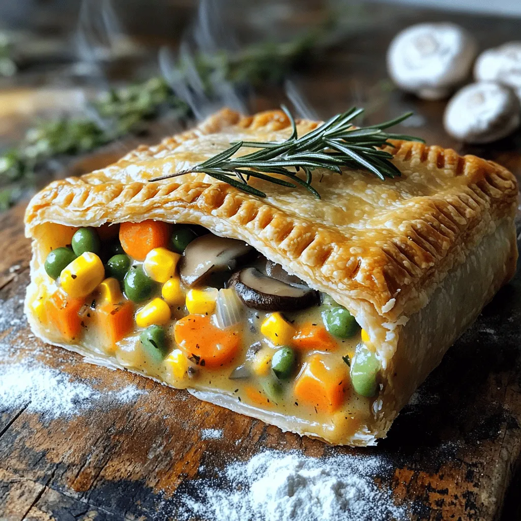 For this delicious pot pie, gather the following items: - 1 prepared pie crust (store-bought or homemade) - 2 tablespoons olive oil - 1 medium onion, finely diced - 2 cloves garlic, minced - 2 medium carrots, peeled and diced - 1 cup green beans, trimmed and chopped into bite-sized pieces - 1 cup mushrooms, cleaned and sliced - 1 cup corn (fresh, frozen, or canned) - 1 medium potato, peeled and cut into small cubes - 1 cup vegetable broth - 1 tablespoon soy sauce - 1 teaspoon dried thyme - 1 teaspoon fresh rosemary, finely chopped - ½ teaspoon freshly ground black pepper - Salt to taste - ½ cup heavy cream or coconut cream (for a vegan alternative) - 1 tablespoon cornstarch (optional, for thickening) You can make your pot pie even better with these options: - Peas for added sweetness - Spinach or kale for extra greens - A splash of white wine for depth If you have dietary needs or allergies, here are some swaps: - Use gluten-free pie crust if needed. - Swap heavy cream for almond or oat milk for a lighter option. - Use vegetable stock instead of broth for a milder taste. These ingredients create a rich and hearty filling. The blend of veggies, broth, and herbs makes every bite special. You can find the Full Recipe linked here. Enjoy crafting your flavorful comfort food! Start by preheating your oven to 425°F (220°C). This helps the crust bake evenly. In a large skillet, pour in the olive oil. Heat it over medium heat. Add the diced onion and minced garlic. Sauté them until the onion looks clear, about 3-4 minutes. Stir often to avoid burning. Next, add the diced carrots, chopped green beans, and sliced mushrooms. Cook these for 5 more minutes. You want the veggies to be soft but still bright. Then, toss in the corn and cubed potato. Pour the vegetable broth and soy sauce over the mix. Stir well and let it simmer gently. Now, season with dried thyme, chopped rosemary, black pepper, and salt. If you want a thicker filling, sprinkle cornstarch and stir it in. When the potatoes are nearly ready, add the heavy cream. Mix it well and let it cook on low for another 2-3 minutes. After that, remove it from heat and let it cool for a few minutes. Roll out your pie crust on a floured surface. Fit it into a deep-dish pie pan, covering the bottom and sides. Pour the vegetable filling into the crust, spreading it out evenly. Then, take another layer of pie crust and cover the filling. Press the edges down firmly to seal them. Crimp the edges to make it pretty. Cut several slits in the top crust. This lets steam escape while baking. Place your pie in the hot oven and bake for 25-30 minutes. You want the crust to turn golden brown and the filling to bubble. Once it's done, take it out and let it cool for about 10 minutes. This makes it easier to slice. Enjoy your delicious pot pie! For the complete recipe, check out the full recipe section. For a flaky pie crust, start with cold ingredients. Use cold butter or shortening. Cut it into small pieces. Mix it into the flour until it looks like crumbs. Add ice water slowly until it forms a dough. Chill the dough before rolling it out. This helps keep the crust light and flaky. You want a thick filling that holds together. To thicken it, use cornstarch. Mix a tablespoon of cornstarch with a little cold broth. Stir it well before adding it to the filling. This will help it thicken as it cooks. Cook the filling until the potatoes are soft and the sauce is creamy. Taste your filling as you cook. Add salt and pepper to enhance the flavor. Fresh herbs like rosemary and thyme make it pop. If you want more depth, add soy sauce. The balance of flavors is key. Experiment until you find your perfect mix. Check out the Full Recipe for more tips on making this delicious dish! {{image_4}} You can easily make this pot pie vegan. Swap the heavy cream for coconut cream. This change adds creaminess without dairy. Ensure that your pie crust is also vegan. Many store-bought options work well. For a gluten-free pot pie, use a gluten-free pie crust. You can find these in stores or make your own with almond or oat flour. Be sure to check the labels on your ingredients. Some broth and sauces may contain gluten. To make your pot pie heartier, add tofu or tempeh. Cut the tofu into small cubes and sauté it with the vegetables. Tempeh can add a nice nutty flavor. Crumble it into the mix for a satisfying bite. Both options boost protein and make your dish more filling. Feel free to explore these variations! They allow you to customize the pot pie to your taste. For the full recipe, refer to the section above. After you enjoy your vegetarian pot pie, store leftovers in an airtight container. Let the pie cool before sealing it. Use it within three days for the best taste. If you have more pie than you can eat, it’s best to freeze it. To reheat, preheat your oven to 350°F (175°C). Place the pot pie on a baking sheet. Cover it with foil to keep it moist. Heat for about 20-25 minutes or until warmed through. You can also use a microwave, but the crust will not stay crisp. To freeze your pot pie, bake it first, then cool it completely. Wrap it tightly in plastic wrap and then in aluminum foil. Label it with the date. It’s best to use it within three months. When you are ready to eat, bake it from frozen at 375°F (190°C) for about 60-70 minutes. You can also freeze the filling and crust separately for easy assembly later. For the full recipe, refer to the section above. To make this dish dairy-free, swap heavy cream with coconut cream. This gives a rich taste without dairy. Use unsweetened coconut cream for the best flavor. You can also choose plant-based butter for the crust. These simple changes keep the pot pie creamy and delicious without dairy. Yes, frozen vegetables work great in this pot pie. They save time and still taste good. Just make sure to thaw and drain any excess water before adding them to the filling. This helps avoid a soggy pie. Frozen peas, corn, or mixed veggies are excellent choices. Serve your pot pie with a fresh salad for a light side. A simple green salad with lemon vinaigrette pairs well. You can also try roasted vegetables or mashed potatoes for a hearty meal. They complement the pot pie's flavors and make your dinner feel cozy. This blog post covered how to make a great vegetarian pot pie. We talked about the key ingredients and offered optional ones. You learned step-by-step instructions for making the filling, assembling, and baking. Tips for a flaky crust and thick filling helped bring it all together. We explored variations like vegan and gluten-free options. Lastly, we shared storage info and answered common questions. Enjoy creating your perfect pot pie!