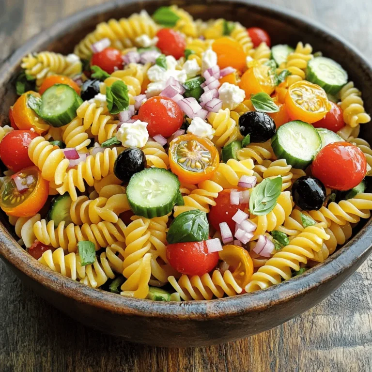 - 2 cups tricolored rotini pasta - 1 cup cherry tomatoes, halved - 1 cup cucumber, diced - 1/2 cup black olives, sliced - 1/2 cup feta cheese, crumbled - 1/4 cup red onion, finely chopped - 1/4 cup fresh basil, chopped - 1/4 cup extra virgin olive oil - 2 tablespoons red wine vinegar (or apple cider vinegar) - 1 teaspoon garlic powder - Salt and freshly ground black pepper to taste Tricolored pasta salad bursts with bright flavors and colors. Each ingredient adds a unique taste. The rotini pasta gives a fun twist. I love using cherry tomatoes for their sweetness. Cucumbers add crunch, while olives bring a salty bite. Feta cheese adds creaminess, and fresh basil gives a nice aroma. The dressing is simple but key. It blends olive oil, vinegar, and garlic for a zesty kick. A touch of salt and pepper enhances the flavors perfectly. I like to whisk it until it’s smooth and creamy. You can find the full recipe in the recipe section. It’s easy to follow, so anyone can make this dish! Enjoy every vibrant bite of this fresh and flavorful delight. - Fill a large pot with water and add salt. - Bring the water to a boil. - Add the tricolored rotini and cook for 8-10 minutes. - Test the pasta for doneness; it should be al dente. - Drain the pasta in a colander and rinse under cold water. - While the pasta cooks, prepare your veggies. - Halve the cherry tomatoes into two pieces. - Dice the cucumber into small cubes. - Chop the fresh herbs, like basil, finely. - In a small bowl, combine olive oil and vinegar. - Add garlic powder, salt, and pepper. - Whisk the mixture until it becomes creamy. - In a large bowl, mix the cooled pasta with the vegetables. - Add the halved tomatoes, diced cucumber, and chopped herbs. - Ensure everything is evenly mixed for great flavor. - Drizzle the dressing over the pasta and veggies. - Gently toss everything to coat without breaking the pasta. - Cover the salad with plastic wrap or a lid. - Refrigerate for at least 30 minutes to blend flavors. - Serve chilled or at room temperature for a fresh taste. This Tricolored Pasta Salad is a vibrant dish that brings summer to your table. For the full recipe, check out the complete details above. Enjoy! To make great tricolored pasta, cook it until it is al dente. This means it should be firm to the bite. Start by boiling salted water in a large pot. Add your pasta and cook it for 8 to 10 minutes, following the package's instructions. After cooking, drain the pasta in a colander. Rinse it under cold water. This stops the cooking process and cools it down quickly. Want to make your salad heartier? Add protein like grilled chicken or shrimp. These add great flavor and fill you up. You can also toss in more vegetables. Try bell peppers, carrots, or spinach. They add crunch and color. Serving your salad nicely makes it even more appealing. Use a large, shallow bowl to show off those vibrant colors. Garnish with fresh basil leaves. This adds a pop of green and a lovely aroma. You can also sprinkle extra feta cheese on top for a tasty touch. For the full recipe, check the mentioned section above. {{image_4}} If you want to change up your tricolored pasta salad, try using different ingredients. For feta cheese, you can use goat cheese or mozzarella. Both add a nice creaminess. If you want a dairy-free option, try avocado. You can also switch up the pasta. While I love tricolored rotini, you can use penne, farfalle, or even whole wheat pasta. Each shape adds its own fun twist and texture to the salad. The dressing can change the whole flavor of your salad. You can try a lemon vinaigrette for a bright taste. A balsamic glaze adds sweetness. You can even use a ranch or Italian dressing for a different flavor. You can choose between store-bought or homemade dressing. Store-bought is quick and easy, while homemade gives you control over flavors. Making it yourself is a fun way to customize your salad. You can adapt this salad to fit the seasons. In summer, add fresh corn or bell peppers for a crunchy bite. You can also toss in sliced peaches for a sweet touch. In winter, use hearty vegetables like roasted sweet potatoes or Brussels sprouts. These additions make the salad warm and filling. Each season provides fresh options to keep your salad exciting! After enjoying your tricolored pasta salad, store any leftovers in the fridge. Use a clean, airtight container to keep moisture out. This helps the salad stay fresh and tasty. Properly stored, your pasta salad lasts for about 3 to 5 days. Check for any signs of spoilage before eating. Can you freeze pasta salad? Yes, you can freeze it if you have extra. However, be aware that the texture may change when thawed. To freeze, place the salad in a freezer-safe container. Make sure to leave some space at the top, as it may expand. For thawing, put the container in the fridge overnight. This helps keep the texture better. Serve it cold or at room temperature after thawing. When should you reheat pasta salad? I recommend serving it cold or at room temperature. If you prefer it warm, do so gently. Use a microwave on low heat and stir often. This helps maintain the texture of the pasta and veggies. Avoid cooking it too long, or it may become mushy. Yes, you can make this salad ahead of time. I recommend preparing it a few hours before serving. This allows the flavors to blend well. When you make it early, store it in the fridge. Just remember to cover it tightly to keep it fresh. You can boost nutrition by adding more veggies. Try bell peppers, carrots, or spinach. Beans like chickpeas or black beans add protein. You can also mix in some grilled chicken or shrimp for extra flavor. Nuts or seeds can add crunch too. Tricolored Pasta Salad lasts about 3 to 5 days in the fridge. Keep it in an airtight container to maintain freshness. If you notice any off smells or changes in texture, it's best to discard it. Regular pasta is not gluten-free, but you can use gluten-free pasta. Many brands offer gluten-free options made from rice or corn. This way, everyone can enjoy your tasty salad without worry. In this blog post, we explored how to create a vibrant tricolored pasta salad. We covered the key ingredients, from rotini to fresh basil. You learned step-by-step instructions for cooking pasta, preparing veggies, and making dressing. I shared tips for enhancing flavor and suggested variations. Proper storage info helps keep your salad fresh. In summary, enjoy your delicious pasta salad in any season.