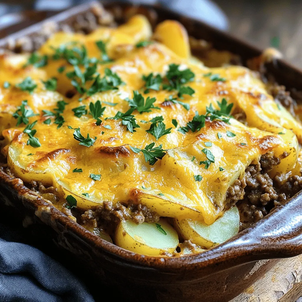 To make a delicious beef and potato casserole, gather these main ingredients: - 1 lb ground beef - 4 large potatoes, thinly sliced into rounds - 1 medium onion, finely chopped - 2 cloves garlic, minced - 1 cup beef broth - 1 cup sour cream - 1 cup shredded cheese (preferably sharp cheddar or a blend) - 2 tablespoons extra virgin olive oil - 1 teaspoon dried thyme - 1 teaspoon smoked paprika - Salt and freshly ground black pepper to taste These ingredients create layers of flavor. The ground beef gives the dish a hearty base. Potatoes add texture, while cheese brings richness. For a lovely finish, consider these optional garnishes: - Fresh parsley, chopped - Extra cheese for topping - Sliced green onions These garnishes brighten the dish. They also add color and freshness to your plate. Here are some tools to help you cook this casserole: - A large skillet - A 9x13-inch casserole dish - A sharp knife for slicing - A spatula for mixing - Aluminum foil to cover the dish Using the right tools makes cooking easier. They help you layer and bake the casserole evenly. For the full recipe, see the details above. First, gather all your ingredients. You will need: - 1 lb ground beef - 4 large potatoes, thinly sliced into rounds - 1 medium onion, finely chopped - 2 cloves garlic, minced - 1 cup beef broth - 1 cup sour cream - 1 cup shredded cheese (preferably sharp cheddar or a blend) - 2 tablespoons extra virgin olive oil - 1 teaspoon dried thyme - 1 teaspoon smoked paprika - Salt and freshly ground black pepper to taste - Fresh parsley, chopped (for garnish) Make sure your potatoes are thinly sliced. This helps them cook evenly. Chop the onion and mince the garlic for best flavor. Heat a large skillet over medium heat. Add the olive oil. Once hot, toss in the chopped onion and minced garlic. Sauté for about 3-4 minutes. You want the onion to look clear and smell great. Next, add the ground beef. Use a spatula to break it apart. Cook until it is browned, which takes about 5-7 minutes. If there is extra fat, drain it off. This keeps your casserole from being greasy. Now, pour in the beef broth. Add the dried thyme, smoked paprika, salt, and pepper. Stir well and let it simmer for about 5 minutes. This helps all the flavors blend together. Take a 9x13-inch casserole dish and grease it well. Start by placing half of the sliced potatoes at the bottom. Spread them out evenly. Now, spoon half of the beef mixture over the potatoes. Then, add half of the sour cream. Dollop it evenly across the layer. Finally, sprinkle half of the shredded cheese on top. Repeat this process with the rest of the potatoes, beef mixture, sour cream, and cheese. Make sure to distribute them evenly. Cover the dish tightly with aluminum foil. This keeps moisture in while baking. Place it in your preheated oven at 375°F (190°C). Bake for 30 minutes. After 30 minutes, carefully take off the foil. Return the casserole to the oven for another 15 minutes. Bake until the potatoes are fork-tender and the cheese is golden brown and bubbly. Once it's done, let the casserole cool for a few minutes. Before serving, add some chopped parsley for a fresh touch. To get great potatoes in your casserole, slice them thin. Thin slices cook faster and become tender. I suggest using a mandoline for even slices. Soak the slices in water for about 30 minutes before using. This helps remove extra starch and keeps them from turning brown. Drain and dry them well to avoid extra moisture in your dish. Seasoning is key to a tasty casserole. I love using dried thyme and smoked paprika in this dish. Both add warmth and depth. Don't forget to taste as you go. Sometimes, a pinch of salt or pepper makes a big difference. If you like a little heat, add some cayenne or crushed red pepper. Fresh parsley on top adds a nice touch of color and flavor. One common mistake is overcooking the beef. Cook it just until it’s browned, not dry. Another pitfall is layering too much potato. Keep layers even for better cooking. Also, remember to cover the dish tightly with foil. This helps steam the potatoes and keeps them moist. Finally, don’t skip letting the casserole cool for a few minutes before serving. This helps the layers set and makes it easier to serve. For the full recipe, check out the Hearty Beef & Potato Casserole 🥩🥔 section. {{image_4}} You can easily make a vegan or vegetarian version of this casserole. Instead of ground beef, use lentils or a meat substitute like tempeh or textured vegetable protein (TVP). These options give a hearty texture. For the broth, swap beef broth with vegetable broth. Use cashew cream or coconut cream instead of sour cream for a creamy finish. This way, you keep it rich and satisfying. If you want to change the cheese, try vegan cheese or a mild goat cheese. Both melt well and add a different flavor. For broth, chicken or mushroom broth works nicely. These choices can enhance the taste without losing the dish's essence. Feel free to mix and match cheeses to find your favorite combination. Adding veggies boosts the nutrition of your casserole. Consider mixing in carrots, peas, or spinach. These veggies provide color and flavor. You can also add bell peppers for a sweet kick. Just chop them finely and layer them with the potatoes. This way, you create a balanced meal that looks great and tastes amazing. To keep your beef and potato casserole fresh, let it cool first. Once cool, transfer it to an airtight container. You can store it in the fridge for up to three days. If you want to keep it longer, consider freezing it. When you are ready to eat, preheat your oven to 350°F (175°C). Place the casserole in an oven-safe dish. Cover it with foil to prevent it from drying out. Heat for about 20-25 minutes, or until it is hot throughout. You can also reheat individual portions in the microwave for quick meals. If you plan to freeze the casserole, do it before baking. Assemble the layers and cover tightly with foil or plastic wrap. Label it with the date. You can freeze it for up to three months. When you want to bake it, thaw it overnight in the fridge and then follow the baking instructions from the Full Recipe. Yes, you can use other meats in this casserole. Ground turkey or chicken works well. You can also try diced steak or even pork. Each meat will bring a unique flavor to the dish. Just make sure to adjust the cooking time if you use larger pieces of meat. Ground meat cooks faster than larger cuts. Your casserole is done when the potatoes are fork-tender. You can also check the cheese; it should be golden and bubbly. If you use a thermometer, the center should reach 165°F (74°C). Let it cool for a few minutes before serving. This will help the layers set nicely. Yes, you can prepare this casserole ahead of time. Assemble it and cover it tightly with foil. Store it in the fridge for up to a day. When you are ready to bake, add a few extra minutes to the cooking time. You can also freeze it for later. Just thaw it overnight in the fridge before baking. - Full Recipe: Hearty Beef & Potato Casserole 🥩🥔 This blog post covered how to make a tasty Beef & Potato Casserole. We looked at key ingredients, and cooking tools, and I shared easy steps for preparation. I also included tips for cooking potatoes and avoiding common mistakes, plus tasty variations and storage advice. Cooking this dish can be fun and rewarding. Enjoy making it your own and share it with family and friends! You’ll create a meal that’s warm, hearty, and satisfying every time.