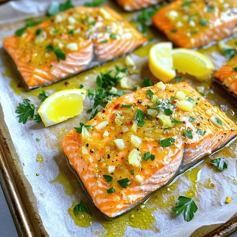 For this dish, you need 4 salmon fillets, each 6 ounces. Salmon is rich in flavor and will soak up the marinade well. Fresh fillets give the best taste, but frozen can work too. The marinade is simple yet packed with taste. You will need: - 3 tablespoons olive oil - 4 cloves garlic, minced - Zest of 1 lemon - 2 tablespoons freshly squeezed lemon juice - 1 teaspoon honey - 1 teaspoon Dijon mustard - Salt and pepper to taste This blend of garlic and lemon creates a zesty kick. Honey adds a touch of sweetness, while Dijon gives it depth. To finish your dish, you'll need: - Fresh parsley, chopped (for garnish) - Lemon wedges (for serving) The parsley adds color and freshness. Lemon wedges make it easy for diners to add more zest. This dish is not just tasty; it looks great on the plate too. Check out the Full Recipe for more details! First, set your oven to 400°F (200°C). This hot temperature helps the salmon cook evenly. Next, grab a baking sheet and line it with parchment paper. This makes cleanup easy and keeps the fish from sticking. In a small bowl, mix together the following: - 3 tablespoons olive oil - 4 cloves garlic, minced - Zest of 1 lemon - 2 tablespoons freshly squeezed lemon juice - 1 teaspoon honey - 1 teaspoon Dijon mustard - Salt and pepper to taste Whisk these ingredients together until they blend well. This mixture adds so much flavor to the salmon! Now, place your salmon fillets on the baking sheet, skin side down. Brush the lemon garlic marinade over each fillet. Make sure they are well coated to lock in the taste. Bake them in the oven for about 12-15 minutes. You will know they are done when they become opaque and flake easily with a fork. After baking, let the salmon rest for a couple of minutes. Garnish it with chopped parsley and serve with lemon wedges for an extra zesty kick. For the full recipe, check out the details above! To get the best flavor, choose fresh salmon. Fresh fish tastes better than frozen. Use good quality olive oil for richness. Fresh garlic adds a punch that dried garlic can’t match. Lemon zest brings bright notes that enhance the dish. Always taste your marinade before using it. Adjust salt and pepper to fit your taste. Overcooking salmon makes it dry. To avoid this, check the salmon early. Bake it for 12 minutes first. If it looks opaque and flakes easily, it’s ready. If not, keep checking every minute. The salmon should feel firm but tender. Let it rest after baking to keep it juicy. Presentation matters! Place the salmon on a nice plate. Drizzle some of the marinade around it for color. Use fresh parsley to add a pop of green. Serve lemon wedges on the side. This makes the dish look fresh and inviting. Pair with colorful veggies for a complete meal. For the full recipe, check out the link above. {{image_2}} You can easily switch up the flavors in Zesty Lemon Garlic Salmon. For a spicy kick, add red pepper flakes to the marinade. Swap lemon zest for lime zest for a fresh twist. Use fresh herbs like dill or thyme for added depth. You can also try different mustards, like whole grain, for a unique texture. Honey can be replaced with maple syrup for a richer sweetness. Each change can create a new taste experience. Pair your salmon with simple, fresh sides. Roasted vegetables like asparagus or Brussels sprouts work well. A crisp salad with mixed greens adds brightness. You can also serve quinoa or brown rice for a filling option. Mashed potatoes or sweet potatoes provide a comforting touch. A light lemon vinaigrette drizzled over these sides enhances the overall flavor. You can cook Zesty Lemon Garlic Salmon in various ways. Grilling gives the fish a smoky flavor. Just preheat the grill and cook each fillet for about 6-8 minutes. Broiling is another great option. Set your oven's broiler on high and place the salmon on a baking sheet. Cook it for about 6-10 minutes until it’s golden brown. For a stovetop method, pan-sear the salmon in a hot skillet for crispy skin and a juicy center. Each method brings out different flavors and textures. To keep your Zesty Lemon Garlic Salmon fresh, store it in an airtight container. Place each fillet in the container, separating layers with parchment paper. This prevents sticking. Make sure to refrigerate the leftovers within two hours of cooking. The salmon stays good for up to three days. Reheat the salmon gently to keep it moist. Use the oven for best results. Preheat it to 300°F (150°C). Place the salmon on a baking sheet and cover it with foil. Heat for about 10-15 minutes, until warm. You can also use a microwave but be careful not to overheat. A lower power setting is best to keep it juicy. For longer storage, you can freeze the salmon. Wrap each fillet in plastic wrap, then place them in a freezer bag. Remove as much air as possible. Label the bag with the date. The salmon can last up to three months in the freezer. To use, thaw it overnight in the fridge before reheating. Enjoy your meal anytime with these storage tips! The best way to season salmon is with bold flavors. I love using lemon, garlic, and herbs. A simple mix of olive oil, salt, and pepper works great too. You can add spices like paprika or cumin for a kick. Marinades also enhance taste and moisture. For this recipe, I use lemon zest and juice, plus honey and Dijon mustard for balance. This mix gives the salmon a bright and zesty flavor. Yes, you can use frozen salmon! Just ensure to thaw it first. Thaw the salmon overnight in the fridge for best results. You can also run it under cool water for quick thawing. Once thawed, pat it dry before seasoning. This step helps the flavors stick. Keep in mind that cooking time may vary slightly based on thickness. Always check for doneness by using a fork. Many sides pair well with Zesty Lemon Garlic Salmon. Here are some tasty options: - Roasted vegetables - Steamed asparagus - Garlic mashed potatoes - Quinoa salad - Rice pilaf These sides complement the salmon's flavors and add color to your plate. Feel free to mix and match based on what you enjoy! For the full recipe, check out the full recipe section. In this post, I covered how to make Zesty Lemon Garlic Salmon. We explored the key ingredients, like fresh salmon, a flavorful marinade, and garnishes. I shared step-by-step instructions to achieve perfect baking results. You learned tips to boost flavor and avoid overcooking. We also discussed variations and best storage practices. Cooking is fun and simple. Enjoy experimenting with your salmon dishes. Use what you learned here to impress your friends and family. Happy cooking!
