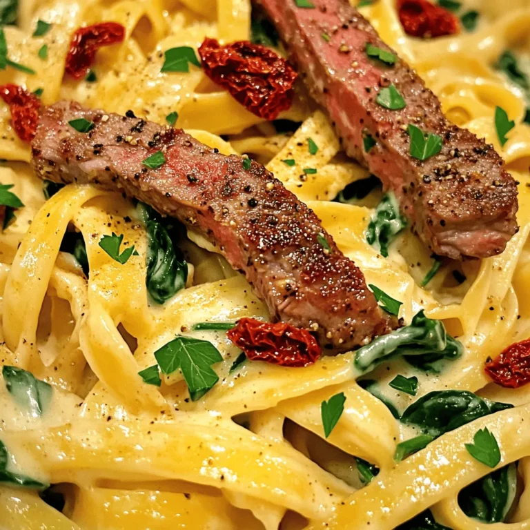 To make a rich and creamy Cajun steak Alfredo, gather these key ingredients: - 8 oz fettuccine pasta - 1 lb sirloin steak, sliced into thin strips - 2 tablespoons Cajun seasoning - 2 tablespoons extra virgin olive oil - 1 cup heavy cream - 1 cup finely grated Parmesan cheese - 2 cloves garlic, finely minced - 1/2 cup sun-dried tomatoes, chopped - 1 cup fresh spinach leaves - Salt and freshly ground black pepper to taste - Chopped fresh parsley for garnish Each ingredient plays a role in building layers of flavor. The sirloin steak provides a hearty base, and the Cajun seasoning adds a spicy kick. The heavy cream and Parmesan cheese create a lush, creamy sauce. Sun-dried tomatoes bring sweetness and depth, while fresh spinach adds a pop of color and nutrition. Using fresh ingredients helps elevate the dish, making it a delightful dinner option. For the full recipe, check out the detailed instructions to see how to combine these ingredients into a delicious meal. - Bring salted water to a rolling boil. - Cook fettuccine to al dente. - Drain and reserve cooking water. Start by filling a large pot with water and adding a pinch of salt. The salt helps flavor the pasta. Bring the water to a rolling boil. Once boiling, add the fettuccine. Cook according to the package instructions until it's al dente. This means it should be firm but not hard. After cooking, drain the pasta in a colander. Be sure to save about half a cup of the cooking water for later. - Season with Cajun seasoning. - Sear in olive oil until browned. While the pasta cooks, take your sirloin steak and slice it into thin strips. Place the strips in a bowl and sprinkle Cajun seasoning over them. Mix well to coat each piece. Next, heat olive oil in a skillet over medium-high heat. Once hot, add the seasoned steak. Sear the steak for about 3 to 4 minutes until it’s nice and browned. Then, remove it from the skillet and set it aside. - Sauté garlic, then add cream. - Whisk in Parmesan cheese. - Adjust thickness with reserved pasta water. Lower the heat to medium. Add minced garlic to the same skillet. Sauté it for about one minute until it smells great. Then pour in the heavy cream and let it simmer gently for 2 to 3 minutes. This will help thicken the sauce. Gradually whisk in the Parmesan cheese. Keep stirring until it melts fully and the sauce becomes creamy. If the sauce is too thick, add a splash of the reserved pasta water to reach your desired texture. - Stir in sun-dried tomatoes and spinach. - Return steak to skillet. - Toss with cooked fettuccine. Now, it’s time to bring everything together. Add the chopped sun-dried tomatoes and fresh spinach to the sauce. Cook for an extra minute so the spinach wilts down. Then return the seared steak to the skillet. Mix everything well so the steak and veggies are coated in that creamy sauce. Finally, add in the drained fettuccine. Toss everything together until the pasta is well mixed with the steak and sauce. For the full recipe, be sure to check out the main article. To get the best steak, aim for a nice brown crust. Use high heat when searing. Cook the steak for 3-4 minutes. This gives a juicy, tender result. For doneness, use a meat thermometer. Aim for 130°F for medium-rare. When making the sauce, cheese can clump easily. To avoid this, add cheese slowly. Whisk it in gently until it melts. If it starts to clump, add a splash of reserved pasta water. This keeps the sauce smooth and creamy. Garnishing adds a pop of color. Sprinkle fresh parsley on top before serving. This makes your dish look more inviting. For a restaurant-style plate, use a large bowl. Start with pasta in the center. Layer the steak and sauce on top. This creates height and makes the dish more appealing. Want to kick up the flavor? Add more spices like cayenne or smoked paprika. Fresh herbs like basil or oregano also enhance the taste. You can change the creaminess too. If you like it richer, add more heavy cream. For a lighter option, use half-and-half or a mix of cheese and cream. This gives you control over the dish's texture and taste. For the full recipe, check out Creamy Cajun Steak Alfredo. {{image_4}} You can swap steak for chicken or shrimp. Chicken breast works well and cooks fast. Shrimp adds a lovely sweetness to the dish. For a vegetarian twist, use mushrooms or tofu. Both options soak up flavors well and keep it hearty. You can change the cheese in the sauce. Try gouda or cheddar for a different taste. If you prefer a dairy-free option, use plant-based cream. It still gives you that creamy texture without the dairy. If you need gluten-free pasta, use brown rice or chickpea pasta. They both hold up nicely in sauces. You can also try other pasta shapes like penne or linguine. Each type brings a new texture to the dish. For the full recipe, check the link above to get started. To keep your creamy Cajun steak Alfredo fresh, store leftovers in an airtight container. This helps prevent air from spoiling the dish. Place it in the fridge within two hours after cooking. When stored correctly, this dish lasts up to three days in the fridge. When it’s time to enjoy your leftovers, use gentle heat to warm them up. You can reheat in a skillet over low heat, stirring often. This method keeps the sauce creamy and prevents it from separating. If you use a microwave, heat it in short bursts, stirring in between. Adding a splash of cream or milk can also help maintain that rich texture. If you want to freeze this dish, it’s best to do so before adding the cream. Cook the pasta and steak, then freeze them together in a safe container. This way, the flavors meld beautifully. To thaw, leave it in the fridge overnight. When ready to eat, reheat in a skillet and stir in fresh cream. This keeps the dish safe and tasty. To make Cajun seasoning at home, you need simple spices. Common spices include: - Paprika - Onion powder - Garlic powder - Black pepper - White pepper - Oregano - Thyme - Cayenne pepper Mix these spices in a bowl. Adjust the heat by adding more cayenne. This blend gives your dishes that tasty Cajun kick. Yes, you can make this dish ahead of time. To do this, follow these tips: - Cook the pasta and sauce separately. - Store the steak and sauce in airtight containers. - Refrigerate everything until you're ready to eat. When reheating, heat the sauce gently. Add a splash of cream or pasta water to keep it creamy. Great side dishes to serve with this meal include: - Garlic bread - Caesar salad - Roasted vegetables - Steamed broccoli These sides balance the rich flavors of the Alfredo sauce. If you want more heat, try these ideas: - Add extra cayenne pepper to the sauce. - Toss in sliced jalapeños or red pepper flakes. - Serve with a hot sauce on the side. These options can bring a bold kick to your plate. Yes, the recipe can be kid-friendly. To adapt flavors, consider: - Reducing the Cajun seasoning for less spice. - Adding more cheese for creaminess. - Mixing in sweet bell peppers for extra crunch. These tweaks can make the dish enjoyable for younger eaters. You learned how to make a delicious Creamy Cajun Steak Alfredo with easy steps. The ingredients blend rich flavors for a satisfying meal. You can switch proteins, adjust the sauce, or even change pasta types. Remember to store leftovers properly and even freeze them if needed. This dish is not just tasty; it's also adaptable for everyone. Enjoy making it your own and share it with friends and family!