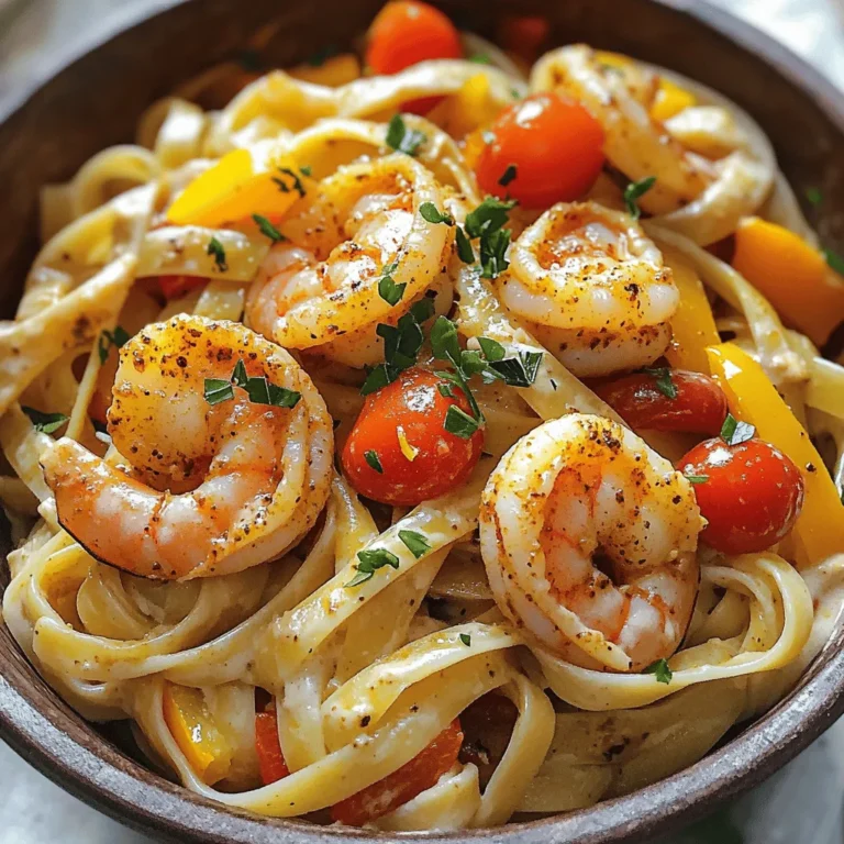 To make Spicy Cajun Shrimp Pasta, you need fresh and simple ingredients. Here’s what you’ll need: - 8 oz fettuccine pasta - 1 lb large shrimp, peeled and deveined - 2 tablespoons Cajun seasoning - 2 tablespoons olive oil - 1 bell pepper (red or yellow), sliced - 1 medium onion, chopped - 3 cloves garlic, minced - 1 cup cherry tomatoes, halved - 1 cup heavy cream - ½ cup grated Parmesan cheese - Salt and pepper to taste - Fresh parsley, chopped (for garnish) Each ingredient plays a key role. The fettuccine pasta gives a nice base for the dish. The shrimp adds protein and a wonderful texture. Cajun seasoning brings the heat and flavor. Olive oil helps sauté the veggies, making them nice and tender. The bell pepper and onion add sweetness and crunch. Garlic gives a fragrant touch, while cherry tomatoes add freshness. Heavy cream creates a rich sauce, and Parmesan cheese adds a savory note. You can adjust salt and pepper to suit your taste. This complete ingredients list will help you create a delicious meal. For a detailed guide, check out the Full Recipe. Start by salting your water well. Use about a tablespoon of salt for every four quarts of water. This helps flavor the pasta as it cooks. Bring the water to a rolling boil before adding the fettuccine. Cook it according to the package instructions, usually around 8-10 minutes. You want it to be al dente, which means it should be firm but not hard. Check it a minute or two before the time is up. Once done, drain the pasta and set it aside in a large bowl. For the shrimp, take about one pound of large shrimp that is peeled and deveined. Place them in a bowl and sprinkle two tablespoons of Cajun seasoning over the shrimp. Toss them until they are evenly coated. If you have time, let them marinate for about 15-30 minutes. This will allow the flavors to soak in and make your dish even tastier. Heat two tablespoons of olive oil in a large skillet over medium heat. Control the heat to avoid burning the oil. Start by adding one chopped onion and one sliced bell pepper to the skillet. Cook them for 3-4 minutes until they begin to soften. Next, add three minced garlic cloves and one cup of halved cherry tomatoes. Stir and cook for another 2-3 minutes until the garlic is fragrant. Now it’s time to cook the shrimp. Push the vegetables to one side of the skillet. Add the seasoned shrimp to the empty side. Cook them for about 2-3 minutes on each side. They should turn pink and opaque when done. Once the shrimp is cooked, pour in one cup of heavy cream. Stir everything together and let it simmer for 2-3 minutes. This thickens the sauce. Finally, add the drained fettuccine and toss everything together. Stir in half a cup of grated Parmesan cheese and season with salt and pepper to taste. For the full recipe, refer to the beginning of this article. Enjoy your Spicy Cajun Shrimp Pasta! To make the best spicy Cajun shrimp pasta, start with the spice levels. If you love heat, add more Cajun seasoning. If you prefer it mild, use less. You can also mix in a pinch of cayenne pepper for extra kick. Taste your sauce before serving. Adjust salt and pepper as needed. For a creamy sauce that doesn’t curdle, add the heavy cream slowly. Stir it in while the heat is low. This helps keep the cream smooth. You can mix in some pasta water if the sauce gets too thick. This keeps the flavor rich and creamy. Pair this dish with a simple green salad. A fresh salad adds a nice crunch. You can also serve it with garlic bread. The bread soaks up the creamy sauce well. For wine, a chilled Sauvignon Blanc works great. Its crispness cuts through the richness of the dish. If you prefer red, choose a light Pinot Noir. Both wines enhance the flavors of the pasta. {{image_2}} You can make this dish healthier with a few simple swaps. First, try whole wheat or gluten-free pasta. Both options give you more fiber and nutrients while keeping the flavor you love. Whole wheat pasta has a nutty taste, while gluten-free pasta can be just as good if cooked right. Next, swap the heavy cream for lighter options. You can use half-and-half or even Greek yogurt. Both will cut the calories without losing the creamy texture. If you prefer, use coconut milk for a dairy-free version. It adds a nice tropical twist and pairs well with Cajun spices. Don't hesitate to get creative with your ingredients. You can add vegetables like spinach or zucchini. Spinach brings a pop of color and nutrients, while zucchini adds great texture. Just sauté them with the other veggies for a few minutes to soften them. If you're not a shrimp fan, you can use different proteins. Chicken or scallops work beautifully in this dish. Just adjust the cooking time based on what you choose. Chicken takes a bit longer, while scallops cook quickly and add a sweet flavor. Each swap lets you enjoy Spicy Cajun Shrimp Pasta in a new way. For the full recipe, check out the cooking instructions above. To store your Spicy Cajun Shrimp Pasta, first let it cool to room temperature. Then, place it in an airtight container. This helps keep the dish fresh and tasty. You can store it in the fridge for up to three days. If you want to keep it longer, consider freezing it. In the freezer, it can last for about two months. When reheating, you want to keep that flavor. The best way is to use a skillet. Heat it over medium-low heat and add a splash of water or broth. This helps to steam the pasta and keeps it moist. If the sauce seems thick, add a little extra cream or milk. This will restore the creaminess you love. Stir gently and enjoy your meal again! Cajun seasoning is a mix of spices. Common ingredients include: - Paprika - Cayenne pepper - Garlic powder - Onion powder - Black pepper - Oregano - Thyme These spices create a bold flavor. You can adjust the mix to fit your taste. Yes, you can make this dish ahead. Cook the pasta and shrimp, then store them separately. Keep the sauce in its own container. This way, they stay fresh. When you’re ready to eat, simply reheat everything. Combine them in a pan and stir until warm. If shrimp isn't your thing, try these options: - Chicken breast, diced - Tofu, cubed - Scallops, cleaned - Veggies like zucchini or mushrooms These swaps keep the dish tasty while meeting your needs. Absolutely! To make the dish milder: - Use less Cajun seasoning. - Add cream to tone down the heat. For more heat: - Add extra cayenne. - Include sliced jalapeños. You can find your perfect spice level with a few tweaks. For the full recipe, check out the Spicy Cajun Shrimp Pasta section above. This blog post guided you through making a delicious Spicy Cajun Shrimp Pasta. We covered ingredients, step-by-step cooking details, and tips for the best results. You learned how to adjust spice levels and adapt the dish to your taste. Remember, you can swap ingredients for healthier options. Enjoy your creamy pasta dish next time you cook! With practice, this recipe will become a family favorite. Happy cooking!