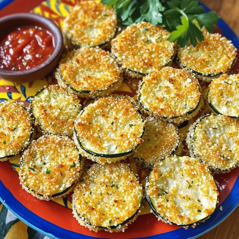 - 2 medium zucchinis - 1 cup grated Parmesan cheese - 1 cup breadcrumbs (preferably panko) - 1 teaspoon garlic powder - 1 teaspoon dried oregano - 1/2 teaspoon salt - 1/4 teaspoon black pepper - 2 large eggs - Olive oil spray or drizzle The first step to making Baked Parmesan Zucchini Rounds is gathering your ingredients. Choosing fresh zucchinis is key. Look for firm zucchinis with smooth skin. They should feel heavy for their size. For the cheese, I recommend using grated Parmesan. It adds a nutty flavor and a nice crisp texture when baked. If you want a different taste, you can use pecorino cheese instead. For breadcrumbs, I prefer panko. It gives a great crunch and absorbs less oil. If you need a gluten-free option, try almond flour or gluten-free breadcrumbs. These will still keep your rounds crispy. When it comes to spices, garlic powder and oregano bring out the best flavors. You can add more herbs if you like. For example, thyme or basil can work well. Finally, make sure you have eggs. They help the coatings stick to the zucchinis. Olive oil is also important. It helps the rounds bake to a golden brown color. - Alternative breadcrumbs options: Use crushed cornflakes or ground oats as a substitute. - Cheese variations: Try mozzarella for a gooey texture or nutritional yeast for a vegan option. - Preheat your oven to 425°F (220°C). - Line a baking sheet with parchment paper. This makes cleanup easy. - In one bowl, crack and beat two large eggs. - In another bowl, mix grated Parmesan cheese, breadcrumbs, garlic powder, oregano, salt, and pepper. - Take a zucchini round and dip it into the beaten egg. - Let the extra egg drip off before moving to the next step. - Now, coat the zucchini in the cheese and breadcrumb mix. - Make sure each round gets a good, even covering. - Place the coated zucchini on the baking sheet. - Make sure to leave space between each piece. - Lightly spray or drizzle olive oil on top for extra crispiness. - Bake for about 20-25 minutes. You want the tops to be golden brown and crispy. - Check if the zucchini is tender when done. Enjoy making these tasty Baked Parmesan Zucchini Rounds with the Full Recipe for guidance! To get your zucchini rounds nice and crispy, use olive oil spray or drizzle olive oil on top. This little step helps the cheese and breadcrumbs brown beautifully. When you bake, remember to set your oven to 425°F (220°C). This high heat cooks the zucchini fast and keeps it crisp. Also, space out the rounds on your baking sheet. This allows hot air to flow around them, making them even crunchier. For a great look, arrange the baked zucchini rounds on a bright platter. You can garnish with fresh parsley or basil for a pop of color. Serve with a side of marinara sauce for dipping. This adds flavor and makes for a fun snack. You can also pair them with a fresh salad or a light pasta dish for a complete meal. One big mistake is overcrowding the baking sheet. If you put too many rounds on it, they will steam instead of bake. Make sure to leave space between each round for the best results. Another common mistake is not timing the bake right. Bake them for 20-25 minutes, or until they are tender and golden brown. If you take them out too soon, they won’t be crispy. For the full recipe, check out the detailed instructions above! {{image_2}} You can change the taste of Baked Parmesan Zucchini Rounds easily. Adding spices or herbs to the breadcrumbs can make a big difference. Try mixing in some paprika for heat or thyme for a fresh flavor. You can also switch up the cheese. Mixing Parmesan with mozzarella adds a nice stretch and creamy taste. If you need gluten-free options, use gluten-free breadcrumbs. They work just as well and keep the crunch. For vegan alternatives, replace the eggs with a mix of flaxseed and water. This acts as a binder. Instead of cheese, use nutritional yeast for a cheesy flavor without dairy. Feel free to explore other veggies. Eggplant makes a great substitute. It has a nice texture and absorbs flavors well. Yellow squash is another good choice. It cooks up soft and pairs well with Parmesan. These options keep your meals fun and diverse. To keep your Baked Parmesan Zucchini Rounds fresh, let them cool first. Place them in an airtight container. This method helps keep moisture out. You can store them in the fridge for up to three days. If you want to keep them longer, consider freezing them. Use freezer-safe bags or containers for freezing. Remove as much air as possible to avoid freezer burn. Label the bags with the date. This way, you can easily track how long they have been in the freezer. When it’s time to enjoy your leftovers, you have options. The best way to reheat them is in the oven. Preheat the oven to 375°F (190°C). Place the zucchini rounds on a baking sheet. Bake for about 10 minutes. This method keeps them crispy and delicious. If you choose the microwave, be aware they may become soft. To avoid this, place a paper towel under the zucchini to absorb moisture. Heat them in short intervals, checking often. Enjoy your tasty treat again without losing that crunch! Baked Parmesan Zucchini Rounds last for about 3 to 5 days in the fridge. Store them in an airtight container to keep them fresh. Check for signs of spoilage, like a bad smell or mushiness, before eating. If they smell off or feel slimy, it’s best to toss them. Yes, you can freeze Baked Parmesan Zucchini Rounds. To freeze, let them cool completely first. Then, place them in a single layer on a baking sheet and freeze until solid. After that, transfer them to a freezer-safe bag or container. To reheat from frozen, simply bake them at 400°F for about 15-20 minutes. This way, they stay crispy and delicious. Baked Parmesan Zucchini Rounds pair well with many options. You can serve them with marinara sauce for dipping. They also complement grilled chicken or fish nicely. For a light meal, add a fresh salad on the side. These rounds can even spice up a veggie platter at parties. Check out the Full Recipe for more ideas. In this post, we explored how to make baked Parmesan zucchini rounds. I shared essential ingredients, simple steps, and valuable tips for crispiness. You learned about substitutions, variations, and how to store and reheat your dish. Remember, taking care with your baking will give you great results. Enjoy experimenting with flavors and vegetables. These zucchini rounds are not just tasty; they’re also a fun and healthy addition to any meal. Happy cooking!