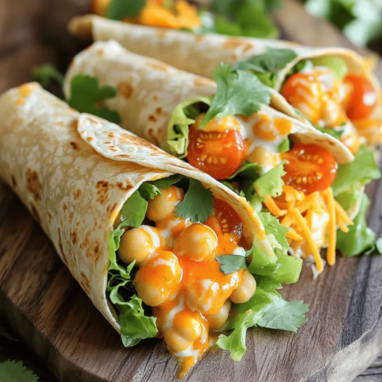 - 1 can (15 oz) chickpeas, drained and rinsed - 1/4 cup buffalo sauce - 1/4 cup ranch dressing - 1 cup shredded lettuce - 1 medium carrot, grated - 1/2 cup cherry tomatoes, halved - 4 large whole wheat tortillas - 1/2 cup shredded cheddar cheese (optional) - Fresh cilantro or parsley for garnish - Salt and pepper to taste I love using chickpeas for wraps. They are healthy and filling. The buffalo sauce gives a nice kick, while the ranch dressing adds creaminess. You can easily adjust the buffalo sauce to make it milder if you prefer. The shredded lettuce and grated carrot add crunch and freshness. Cherry tomatoes bring sweetness, making the wraps tasty. Whole wheat tortillas make these wraps hearty. You can choose to add cheese for richness, but it’s optional. Fresh herbs like cilantro or parsley brighten the dish. Don't forget to season with salt and pepper to enhance the flavors. - Alternative sauces (e.g., vegan ranch) - Different cheese options (e.g., goat cheese, dairy-free cheese) - Additional veggies (e.g., bell peppers, avocado) Feel free to mix it up! If you want a vegan option, try vegan ranch. Different cheeses, like goat cheese or dairy-free cheese, can also add unique flavors. Adding more veggies like bell peppers or avocado can make your wraps even better. Customizing the ingredients makes each wrap special and fun! For the full recipe, check it out here. - First, mash the chickpeas in a bowl until they are slightly chunky. - Next, stir in the buffalo sauce, ranch dressing, salt, and pepper. - In another bowl, mix shredded lettuce, grated carrot, and halved cherry tomatoes. - Lay out your tortillas flat on a clean surface. - Place an even amount of the chickpea mix in the center of each tortilla. - Top the chickpea mix with the fresh veggie mix and cheese if you want. - Fold the sides of the tortilla inwards. - Now, roll the tortilla tightly from the bottom to form a wrap. - If you want extra crunch, grill the wraps on a non-stick skillet for 1-2 minutes on each side. - You can also bake them in the oven or use an air fryer for a different texture. These simple steps will give you tasty Buffalo Ranch Chickpea Wraps! For the full recipe, check out the section above. To make your Buffalo Ranch Chickpea Wraps even better, adjust the spice levels. If you love heat, add more buffalo sauce. Just start with a little and taste as you go. This way, you can find the right kick for you. Seasoning is key. Use salt and pepper to balance the flavors. A little extra ranch dressing can help too. It adds creaminess and cools down the heat. When wrapping your tortillas, avoid common mistakes. One mistake is overfilling. If you pack too much in, the wrap can burst. Use a spoon to measure your filling. A good amount is about 1/4 cup of the chickpea mix. Another mistake is underfilling. This can lead to a sad wrap. Make sure there’s enough filling to enjoy. For sides, think about fresh veggies or chips. Carrot sticks or cucumber slices pair well. You can also serve the wraps with dips. Try a creamy ranch or tangy salsa. For a fun presentation, slice the wraps in half and stand them up on a plate. Sprinkle fresh cilantro on top to add color. These small touches make your meal look great! You can find the full recipe for Buffalo Ranch Chickpea Wraps to guide you in creating this dish. {{image_2}} You can easily make these wraps fit various diets. For a vegan option, simply use a vegan ranch dressing. This keeps the creamy taste while making it plant-based. If you're gluten-free, swap out the whole wheat tortillas for gluten-free wraps. You can also create a low-carb version. Just use large lettuce leaves instead of tortillas. This gives you a fresh crunch without the carbs. Want to spice things up? You can add herbs like cilantro or dill to the chickpea mix. This extra touch brings freshness to each bite. You can also experiment with different sauces. Try using a spicy sriracha sauce or a tangy barbecue sauce. Each sauce changes the wraps' flavor profile and keeps them exciting. Get creative with global flavors! You could make Mediterranean wraps by adding hummus, olives, and feta cheese. For a BBQ twist, mix in some grilled corn and use a smoky BBQ sauce. Pair these wraps with global side dishes like a light tabbouleh salad or a zesty coleslaw. These sides make the meal even more fun and flavorful. For the full recipe, check out the [Full Recipe]. To keep your Buffalo Ranch Chickpea Wraps fresh, store them in the refrigerator. Wrap each one tightly in plastic wrap or foil. This helps keep them from drying out. You can also place them in a sealed container, but ensure they are not stacked too tightly. If you want to save leftovers for later, freezing is a great option. Wrap each wrap in plastic wrap, then place them in a freezer bag. This can keep them fresh for up to three months. When it's time to eat your wraps, reheating them safely is key. You can use a microwave, but it may make the wraps soggy. Instead, I recommend using a skillet. Heat a non-stick skillet over medium heat and place the wrap in it. Cook for about two minutes on each side. This will keep the wrap crispy. If you do use a microwave, place a paper towel under the wrap. This helps absorb excess moisture. In the fridge, your wraps can last for about three days. Always check for signs of spoilage. If you see mold or if the wraps smell off, it’s best to toss them. Fresh ingredients like lettuce and tomatoes may wilt, so keep an eye on those. If they look slimy or discolored, they have gone bad. Enjoy your wraps while they are fresh for the best taste! Buffalo Ranch Chickpea Wraps are a tasty meal made with simple ingredients. They feature mashed chickpeas mixed with spicy buffalo sauce and creamy ranch dressing. You can add fresh veggies like shredded lettuce, grated carrot, and halved cherry tomatoes. These wraps get wrapped in whole wheat tortillas. They are fun to make and even better to eat! Yes, you can make these wraps ahead of time! Just prepare the chickpea mixture and the fresh veggie mix. Store each in separate containers in the fridge. When you are ready to eat, fill the tortillas and wrap them up. You can keep them in the fridge for up to three days. If you want, you can also freeze them for later. Just wrap them tightly in foil or plastic wrap. If you don’t have chickpeas, you can use other legumes. Black beans or white beans work well. You can also try cooked lentils or even shredded chicken for extra protein. Each option brings a different flavor and texture to the wraps. The spice level depends on the buffalo sauce you choose. Some sauces are mild, while others are very hot. You can start with a little sauce and add more to taste. This way, you control the heat in your wraps. Absolutely! If you want to skip ranch dressing, there are other tasty options. You can use yogurt, hummus, or even guacamole for a different flavor. Each adds a nice creaminess and works well with the spicy chickpeas. Buffalo Ranch Chickpea Wraps are easy to make and packed with flavor. You can mix chickpeas with sauces and fresh veggies in whole wheat tortillas. Feel free to customize, grill, or try different sauces for unique tastes. Remember to store them right to keep them fresh. With these wraps, you can enjoy a tasty meal that fits your style, whether vegan or gluten-free. Dive into this fun recipe and share with friends for a delicious treat!