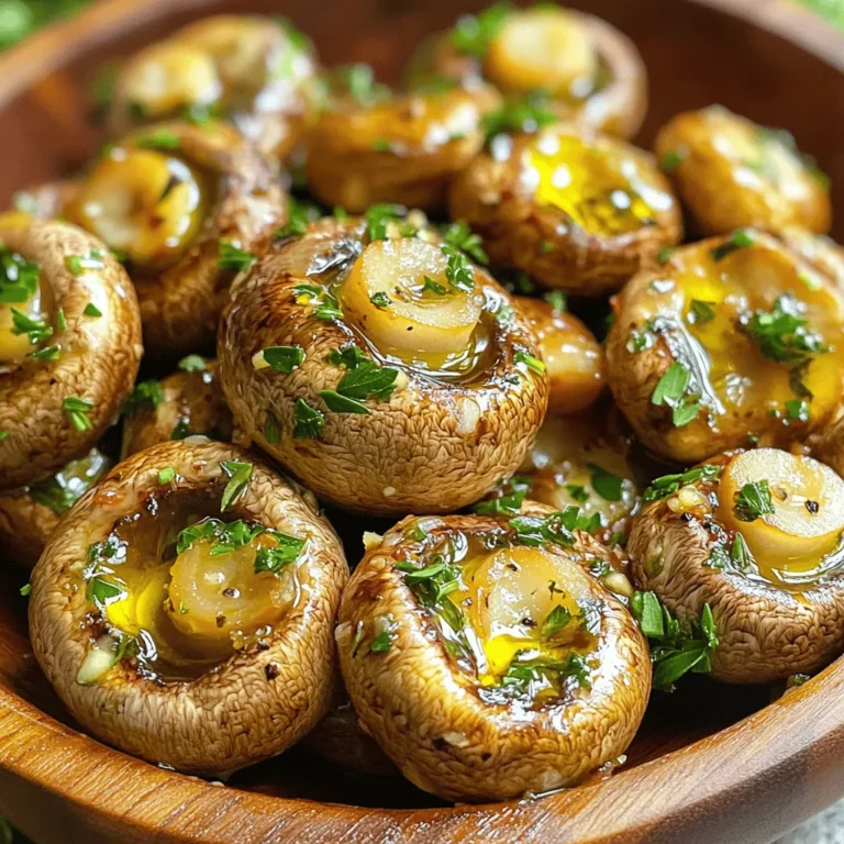 To start, gather these key items: - 500g button mushrooms - 4 cloves garlic, minced - 3 tablespoons olive oil These ingredients form the base of our dish. The mushrooms soak up the flavors of garlic and oil, creating a rich taste. Next, you’ll want to add some herbs and spices: - 2 teaspoons fresh thyme leaves - 1 teaspoon fresh rosemary, chopped - Sea salt and black pepper to taste Thyme and rosemary enhance the dish with earthy notes. Salt and pepper bring out the natural flavors of the mushrooms. For some extra zing, consider these optional ingredients: - Balsamic vinegar for tanginess - Fresh parsley for garnish Balsamic vinegar adds a nice touch of acidity. Parsley not only brightens the dish visually but also adds a fresh flavor. For the full recipe, be sure to check out the complete guide. Enjoy the process of creating this simple yet delicious dish! First, preheat your oven to 200°C (400°F). This helps the mushrooms cook evenly. Next, grab a large mixing bowl. In it, combine 3 tablespoons of olive oil, 4 minced garlic cloves, 2 teaspoons of fresh thyme, and 1 teaspoon of fresh rosemary. Add 1 teaspoon of sea salt and ½ teaspoon of black pepper. If you want a tangy kick, include 1 tablespoon of balsamic vinegar. Mix these ingredients well until they are fully blended. Now, add 500g of cleaned button mushrooms to your herb mixture. Toss the mushrooms gently in the bowl. Ensure each mushroom is well coated with the herb blend. This step is key for flavor. Next, arrange your coated mushrooms in a single layer on a baking sheet lined with parchment paper. Make sure they are not crowded. This gives them room to roast nicely. Roast the mushrooms in your preheated oven for 20 to 25 minutes. Shake the baking sheet halfway through to help them brown evenly. You know they are done when they turn golden brown and are tender. Once they are finished, take them out and sprinkle with fresh chopped parsley for a nice touch. For the full recipe, check the section above. Enjoy your Roasted Garlic Herb Mushrooms! To get the best flavor, ensure an even coating. Mix the olive oil, garlic, and herbs well. When you toss the mushrooms, make sure every piece gets the mix. This helps the mushrooms soak up all the tasty flavors. The correct oven temperature is key. Preheat your oven to 200°C (400°F). This heat will roast the mushrooms perfectly. Roast them for 20-25 minutes. Shake the baking sheet halfway for even cooking. You want them golden brown and tender. Presentation matters. Serve the mushrooms in a rustic wooden bowl or a white platter. This contrast makes the dish pop. Garnish with fresh herbs for color. Drizzle a bit of olive oil on top for shine. This adds a nice touch. Watch out for overcooking. Mushrooms can turn rubbery if left too long. Stick to the 20-25 minute cook time. Using stale herbs is another mistake. Fresh herbs give the best taste. Always choose fresh thyme and rosemary for your mix. They elevate the dish and bring out the garlic flavor. For the complete guide, check the Full Recipe. {{image_2}} You can change the taste of your roasted garlic herb mushrooms by adding new herbs. Oregano and basil work well with the garlic flavor. Just chop them fresh and mix them in. This small change can make a big difference. You can also spice things up with red pepper flakes. A little heat can give your dish a fun kick. Start with a pinch and add more if you like it spicy. If you want to try different mushrooms, go for cremini or portobello. Both have rich flavors and will still taste great. You can also switch out the olive oil. Use avocado oil for a lighter taste or even butter for a rich flavor. Each option can change the dish's feel while keeping it simple and tasty. These mushrooms pair nicely with many main dishes. Serve them alongside grilled chicken or steak for a hearty meal. They also add a lovely touch to salads. Toss them in with fresh greens and a light dressing. You can even mix them into pasta for a quick, savory dish. These mushrooms can fit into many meals, making them versatile and fun. Check the Full Recipe for more ideas! To store leftovers, let the mushrooms cool down first. Place them in an airtight container. This keeps them fresh and prevents strong smells. You can use glass or plastic containers. Glass containers work well, as they are easy to clean and safe for reheating. Can you freeze roasted mushrooms? Yes, you can freeze them! However, they may lose some texture. To freeze, place cooled mushrooms in a freezer-safe bag. Remove as much air as possible. When ready to eat, thaw them in the fridge overnight. How to reheat properly? To reheat, preheat your oven to 180°C (350°F). Spread the mushrooms on a baking sheet. Bake for about 10-15 minutes or until warm. This method helps keep them tasty. The expected duration for best quality is about 3-5 days in the fridge. For frozen mushrooms, they can last up to 3 months. After this time, they may lose flavor and texture. Always check for any off smells or changes in color before using. You can easily make this dish vegan. Just ensure that you skip any non-vegan items. For example, if you want to add butter for richness, use vegan butter instead. The main ingredients here, like mushrooms and herbs, are already vegan-friendly. Yes, you can prepare these mushrooms ahead of time. Cook them, then let them cool. Store them in an airtight container in the fridge. They will stay good for about three days. When ready to serve, just reheat them in the oven until warm. These mushrooms work well with many dishes. They make a great side for grilled meats or fish. You can also serve them over pasta or rice. For a vegetarian meal, add them to a salad or grain bowl. They add a tasty boost to any meal. Roasted Garlic Herb Mushrooms are simple and tasty. You start with fresh mushrooms, garlic, and olive oil. Season with thyme and rosemary for flavor. Follow the steps to roast them perfectly. Think about adding balsamic vinegar or parsley for extra flair. Remember to store leftovers properly. You can even freeze them for later. Enjoy these mushrooms with many dishes or in salads. I hope you try making this dish soon!