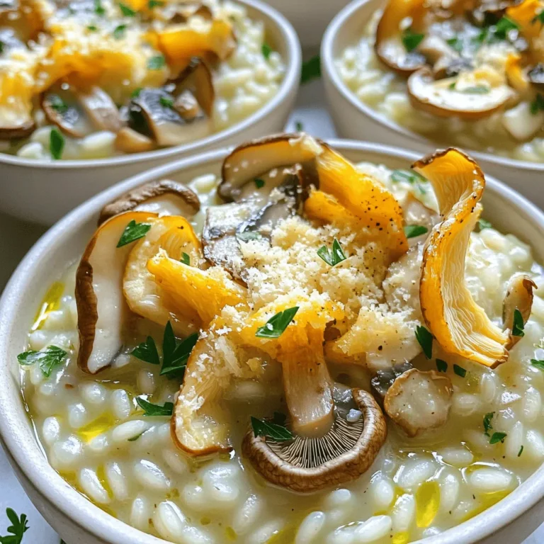 - 1 cup Arborio rice - 4 cups vegetable broth - 1 cup assorted mushrooms (cremini, shiitake, oyster), sliced - 1 small onion, finely chopped - 2 cloves garlic, minced Arborio rice is the star of the show. This rice has a high starch content, which gives risotto its creamy texture. You can use various mushrooms to add depth. I love using cremini, shiitake, and oyster mushrooms. They give a rich flavor that shines through. Vegetable broth is essential. It infuses the rice with flavor. Keep it warm in a saucepan as you cook. Aromatics like onion and garlic lay the base for the dish. They add sweetness and depth when sautéed until soft. - 1/2 cup grated Parmesan cheese or nutritional yeast - Various types of mushrooms for changes - Vegan butter option Adding Parmesan cheese enhances the creaminess. If you're vegan, nutritional yeast is a great substitute. You can also swap in different mushrooms. Try portobello or button mushrooms for a twist. If you want to make it vegan, use vegan butter instead of regular butter. - Skillet for cooking - Saucepan for broth - Ladle for adding broth A good skillet is key for sautéing. Use a wide one to cook the mushrooms evenly. The saucepan keeps your broth warm. A ladle makes it easy to add broth bit by bit. This helps the rice absorb the liquid and become creamy. For the full recipe, check out the [Full Recipe]. Warm broth is key for great risotto. It helps the rice cook evenly and stay creamy. Cold broth can shock the rice and ruin the dish. To keep your broth warm, set it on low heat in a saucepan. Stir it gently now and then. This will help keep it at the right temperature until you need it. First, heat your olive oil and butter in a skillet over medium heat. Add the chopped onion. Cook for 3 to 4 minutes until it is soft and clear. Next, stir in minced garlic. Let it cook for about 30 seconds until fragrant. Now, add your sliced mushrooms. Cook them for 5 to 7 minutes. They should be tender and lightly browned for the best flavor. Toasting the Arborio rice brings out its nutty flavor. Add the rice to the skillet and stir it well to coat it in oil and butter. Toast the rice for about 2 minutes. You will see it start to turn clear around the edges. Now, it's time to add the broth. Use a ladle to add one scoop of warm broth at a time. Stir the rice often. Wait until most of the broth is absorbed before adding more. This process takes 18 to 20 minutes. Keep stirring until the rice is creamy and just firm to the bite. When the risotto is done, stir in grated Parmesan cheese or nutritional yeast. Add dried thyme, salt, and pepper to taste. Mix it all together until creamy. Let it sit for a couple of minutes to thicken. For the complete guide, you can refer to the Full Recipe. To make your risotto creamy, you need to stir often. Stirring helps release the starch from the rice. This starch gives risotto its signature creaminess. Use a wooden spoon for the best results. Patience is key. Don’t rush the process. Add broth slowly, one ladle at a time. Wait until the rice absorbs the broth before adding more. This method takes about 18 to 20 minutes. Start with salt and pepper to season your risotto. Taste as you go. You want a rich and balanced flavor. Fresh herbs, like thyme or parsley, really boost the taste. Adding cheese enhances the creaminess. I like to use grated Parmesan. If you want a vegan option, try nutritional yeast. It gives a cheesy flavor without dairy. Be careful not to overcook or undercook the rice. Overcooked rice turns mushy, while undercooked rice stays hard. Aim for al dente, which means it should have a slight bite. Do not skip the toasting process. Toasting the Arborio rice in oil and butter adds depth to the flavor. It helps the rice absorb the broth better. Follow these tips for a perfect Mushroom Risotto every time! For the full recipe and all the steps, check out the Full Recipe. {{image_2}} For a vegetarian risotto, use plant-based cheeses like cashew or almond cheese. These options melt well and add a creamy touch. If you like a nutty flavor, try a vegan cheese with a hint of garlic. For a vegan risotto, nutritional yeast works great. It adds a cheesy taste without dairy. When it comes to broth, vegetable broth is the best choice for flavor. But you can also use mushroom broth for a deeper taste. This adds umami notes that enhance the dish. You can add proteins like chicken or shrimp for a heartier dish. Cook the protein separately, then stir it into the risotto just before serving. This keeps everything warm and tasty. For a plant-based option, consider adding lentils or chickpeas. They provide protein and fiber, making the meal more filling. To boost flavor, include a splash of white wine. Add it after sautéing the mushrooms but before adding the broth. This step adds acidity and depth. You can also toss in vegetables like peas or spinach. They brighten the dish and add color. Adding these at the end of cooking keeps them vibrant. Enjoy experimenting with these variations to make your risotto unique. For a complete guide, check out the Full Recipe. To keep your mushroom risotto fresh, use airtight containers. Glass containers work great. They won't absorb smells. Before sealing, let the risotto cool down. This helps prevent sogginess. Place it in the fridge within two hours. This keeps it safe to eat later. Reheat risotto on the stove for best results. Use a non-stick skillet. Add a splash of broth or water. Stir it often on low heat. This helps keep it creamy. You can also microwave it. Use a microwave-safe bowl and cover it. Stir every minute for even heating. Can you freeze risotto? Yes, but it changes texture. If you freeze it, use a freezer-safe container. Leave space for expansion. To thaw, move it to the fridge overnight. Reheat on the stove, adding liquid to help it regain creaminess. This way, you can enjoy your mushroom risotto later. For the full recipe, check out the complete guide. The best rice for risotto is Arborio rice. This rice has a high starch content. As it cooks, it releases this starch, creating a creamy texture. Arborio rice also absorbs flavors well, making it great for dishes like Mushroom Risotto. You can find it in most grocery stores. Yes, you can use regular broth. Chicken broth adds a different flavor to the risotto. However, vegetable broth keeps it lighter and plant-based. Each broth option will change the taste slightly, so pick what you like best. If your risotto is dry, add more warm broth slowly. Stir it well to help the rice absorb the liquid. If it’s gummy, you may have added too much liquid too fast. Stirring less helps too. Always cook the rice until it is creamy but not mushy. Yes, Mushroom Risotto is gluten-free. The main ingredients, like Arborio rice and vegetable broth, do not contain gluten. Always check labels on broth to ensure no hidden gluten is present. Enjoy this dish worry-free! To make Mushroom Risotto ahead, cook it as normal but stop cooking a bit early. Let it cool and store it in an airtight container. When ready to serve, reheat it on low heat, adding a splash of broth to restore creaminess. For a detailed guide on making this dish, check the Full Recipe for Mushroom Risotto. Mushroom risotto is creamy and delightful. It includes Arborio rice, assorted mushrooms, and warm broth. You can play with the flavors using optional ingredients like cheese or different mushrooms. Remember to sauté your aromatics and add broth slowly for the best texture. Avoid common mistakes, such as overcooking the rice. Store leftovers well and reheat properly to enjoy again. With these tips, you’ll make a risotto that’s both delicious and satisfying. Enjoy this dish with your loved ones or as a comforting solo treat. Happy cooking!