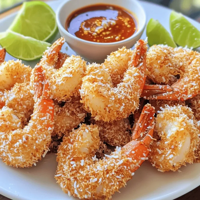 - 1 lb large shrimp, peeled and deveined - 1 cup shredded coconut (unsweetened) - 1 cup panko breadcrumbs - 1/2 cup all-purpose flour - 2 large eggs, beaten - 1 teaspoon garlic powder - 1 teaspoon onion powder - 1/2 teaspoon paprika - Salt and pepper to taste - Cooking spray (for air frying) For this recipe, I like to use large shrimp. They hold up well and soak up the flavors. You want the shredded coconut to be unsweetened. It gives the shrimp a nice, natural sweetness without being too sugary. Panko breadcrumbs add a great crunch. They are lighter than regular bread crumbs, which is perfect for air frying. The flour helps the egg stick to the shrimp, and the garlic and onion powders add a nice depth of flavor. Don't forget the paprika! It gives a lovely color and a subtle smokiness. Lastly, salt and pepper are key to making all the flavors pop. For cooking, I recommend using cooking spray. It helps to crisp the shrimp without adding extra oil. You will love how easy and tasty this dish is. If you want the full recipe, check out the details above! - Combine flour, garlic powder, onion powder, paprika, salt, and pepper in a shallow dish. This mix gives the shrimp great flavor. - Beat the eggs in a separate shallow dish. This will help the coating stick well. - Mix shredded coconut and panko breadcrumbs in another shallow dish. This creates a crunchy outer layer. - Dredge shrimp in the flour mixture, then dip in beaten eggs. Make sure they are covered well. - Roll shrimp in the coconut and panko mixture, pressing gently. This helps the coating stick better. - Preheat air fryer to 400°F (200°C). This takes about five minutes. - Arrange shrimp in the air fryer basket and lightly spray with cooking spray. Ensure they are not touching. - Air fry for 7-10 minutes, flipping halfway through until golden brown. This gives the shrimp a nice crispiness. For the full recipe, check the detailed steps above. Enjoy your crispy and flavorful coconut shrimp! - Ensure shrimp are arranged in a single layer to achieve even cooking. This helps all the shrimp cook at the same time, resulting in a crispy texture. - Adjust cooking time for larger or smaller shrimp. Bigger shrimp need a bit more time, while smaller ones cook faster. Keep an eye on them to avoid overcooking. - Experiment with additional spices such as cayenne for heat. A little kick can make the dish more exciting. - Use freshly grated coconut for added texture. The fresh coconut gives a more authentic taste and a delightful crunch. - Serve with sweet chili dipping sauce and fresh lime wedges. The sauce adds sweetness, while lime brings brightness to the dish. Arrange everything nicely on a plate for a stunning display. {{image_2}} You can switch up the breading for your coconut shrimp. Here are some fun ideas: - Cornflakes: Substitute panko breadcrumbs with crushed cornflakes for a different crunch. Cornflakes add a nice texture and taste. - Almond Flour: Try using almond flour if you want a gluten-free option. This gives a nutty flavor and a unique crunch. You can also play with flavors to make your coconut shrimp pop. Consider these tips: - Lime Zest: Add lime zest or spicy seasoning to the coconut mixture for a zesty twist. This gives the shrimp a bright, fresh taste. - Fresh Herbs: Incorporate herbs like cilantro or basil for added freshness. These herbs will elevate the dish and enhance the flavor profile. With these variations, you can create a dish that suits your taste perfectly! For the full recipe, check out the original guide. Store any leftovers in an airtight container in the fridge for up to 2 days. This keeps the shrimp fresh and crispy. I always recommend eating them soon for the best taste. When you reheat, use the air fryer for a crunchy bite. You can freeze uncooked, breaded shrimp in a single layer. Place them on a baking sheet first, then transfer to a freezer bag for up to 3 months. This way, you have a tasty snack ready to go. When you want to cook them, thaw the shrimp in the fridge before air frying. This helps them cook evenly and stay juicy. For the full recipe, check out the earlier section! Can I use frozen shrimp for this recipe? Yes, you can use frozen shrimp! Just thaw them first. Place the shrimp in the fridge overnight or run them under cold water for quick thawing. Make sure they are peeled and deveined before cooking. How do I avoid soggy breading? To keep the breading crispy, make sure to pat the shrimp dry. Excess moisture can make the breading soggy. Also, arrange the shrimp in a single layer in the air fryer. Overcrowding can trap steam and ruin the crunch. What dipping sauces pair well with coconut shrimp? Sweet chili sauce is a classic choice. It adds a nice balance to the coconut flavor. Other great options include mango salsa or a tangy lime aioli. Each sauce brings out different flavors in the shrimp. How can I make this recipe in the oven instead? To bake the shrimp, preheat your oven to 400°F (200°C). Arrange the breaded shrimp on a baking sheet lined with parchment paper. Spray them lightly with cooking spray. Bake for about 12-15 minutes, flipping halfway through, until golden brown. For the full recipe, check the earlier section. This blog post walks you through making delicious coconut shrimp. We covered the key ingredients, detailed step-by-step instructions, and provided helpful tips. You learned how to air fry shrimp for a perfect crunch. Variations like different breading and flavor options let you customize the dish. Remember to store leftovers properly for later enjoyment. With this knowledge, you can impress your friends and family with your cooking skills. Dive in, have fun, and enjoy your tasty creation!