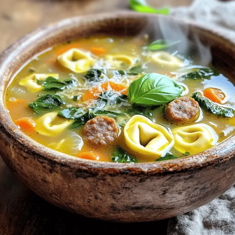 - 1 pound Italian sausage (spicy or sweet) - 9 oz cheese tortellini (fresh or frozen) - 1 medium onion, finely chopped - 3 cloves garlic, minced (about 1 tablespoon) - 3 medium carrots, diced into small pieces - 2 celery stalks, diced - 6 cups chicken broth (low-sodium for a healthier option) - 1 can (14 oz) diced tomatoes, undrained - 2 cups fresh spinach, roughly chopped - 1 teaspoon Italian seasoning (or to taste) - Salt and pepper to taste - 2 tablespoons olive oil I love using Italian sausage in this soup. You can choose spicy for a bold taste or sweet for a milder flavor. The cheese tortellini adds a nice touch. I prefer fresh tortellini, but frozen works well too. The veggies bring color and taste to the soup. I use onion, garlic, carrots, and celery. These give a lovely base. I always add diced tomatoes and chicken broth. They create a rich, tasty broth. Spinach adds a fresh finish and a pop of green. - Fresh basil leaves - Grated Parmesan cheese Garnishes make this soup special. Fresh basil leaves add a fresh burst of flavor. Grated Parmesan cheese gives a salty finish. You can sprinkle them on top before serving. - Different types of sausage - Additional vegetables (e.g., bell peppers, zucchini) - Seasoning alternatives You can change this soup to fit your taste. Try different sausages for a new twist. Adding bell peppers or zucchini boosts the veggie count. For seasoning, feel free to mix it up. A dash of red pepper flakes can add heat. For the complete instructions, check out the Full Recipe. First, we need to prep our veggies. Start by chopping: - 1 medium onion - 3 medium carrots - 2 celery stalks - 3 cloves garlic Chop the onion and carrots into small pieces. Dice the celery into small bits. For the garlic, mince it finely. Set these aside. Next, let’s prepare the sausage. Remove the casing from 1 pound of Italian sausage. Crumble the sausage into small pieces. This will help it cook evenly. Now, let’s cook! In a large pot, heat 2 tablespoons of olive oil over medium heat. Add the chopped onion, diced carrots, and celery. Sauté these for about 5 minutes. You want them soft, and the onion should look clear. After that, add the minced garlic. Cook for about 1 minute. Keep stirring until the garlic smells great. Next, add the crumbled sausage to the pot. Brown the sausage for 7-8 minutes. Stir it often, so it cooks evenly and gets nice color. Once the sausage is browned, it’s time to add the broth. Pour in 6 cups of chicken broth and 1 can of diced tomatoes (don’t drain them). Add 1 teaspoon of Italian seasoning. Mix everything well and bring it to a boil. When it boils, lower the heat to medium-low. Carefully add 9 ounces of cheese tortellini to the pot. Let it simmer for 5-7 minutes until the tortellini is al dente. Next, gently stir in 2 cups of chopped fresh spinach. Cook until the spinach wilts, which takes about 2 minutes. Taste the soup and season with salt and pepper as you like. Serve this warm in bowls. You can add fresh basil leaves and sprinkle some grated Parmesan cheese on top for extra flavor. For the full recipe, check out the details above! To avoid overcooking the tortellini, add it to the pot only when the soup reaches a boil. This helps keep the pasta firm. Cook the tortellini for about 5 to 7 minutes, just until it's tender but still has a bit of bite. Stir it gently to avoid sticking. To ensure the flavors meld together, let the soup simmer for a few minutes after adding the tortellini. This allows the spices and ingredients to blend nicely. Taste the soup before serving. Adjust salt and pepper to make the flavors pop. Pair your soup with warm, crusty bread for a hearty meal. A simple side salad adds freshness to the table. If you serve a larger group, consider making a double batch. Soup is easy to share, and it tastes even better the next day. For a lighter option, use low-sodium broth. This helps control the salt without losing flavor. Swap out regular sausage for lean sausage or turkey sausage. This small change cuts down on fat while keeping the dish satisfying. {{image_4}} For a spicy kick, you can try spicy sausage tortellini soup. Use spicy Italian sausage instead of sweet. This adds a nice warmth to the dish. You can also add red pepper flakes for more heat. Adjust the amount to your taste. If you want a lighter option, consider a vegetarian tortellini soup. Replace the sausage with mushrooms or lentils for protein. You can use vegetable broth instead of chicken broth. This keeps the soup flavorful and satisfying. Incorporating seasonal vegetables can enhance the soup's taste. In spring, add fresh peas or asparagus. In summer, try zucchini or bell peppers. Fall brings great choices like diced butternut squash or sweet potatoes. In winter, root vegetables add heartiness. For different occasions, you can adjust the soup. For a cozy night, keep it simple. For a festive meal, add a splash of cream. This makes the soup rich and creamy for special gatherings. If you need gluten-free options, look for gluten-free tortellini. Many brands offer great choices. You can also use rice or quinoa instead of tortellini. This keeps the meal filling while meeting dietary needs. For vegan substitutes, swap the sausage for plant-based alternatives. Use vegetable broth and skip the cheese. Adding beans or lentils can boost protein. You still get a hearty soup without animal products. For the full recipe and more cooking tips, check the [Full Recipe]. To store your Sausage Tortellini Soup, first let it cool down. - Place the soup in an airtight container. - Store it in the refrigerator if you plan to eat it soon. The soup stays fresh for about 3 to 4 days in the fridge. If you want to save it for later, freezing is a great option. - Pour the cooled soup into freezer-safe bags or containers. - Make sure to leave some space for expansion. Frozen soup can last for up to 3 months. Reheating the soup properly keeps its flavor intact. - The best ways to reheat are on the stove or in the microwave. - If using the stove, heat it in a pot over medium heat. Stir it often to ensure even heating. - If using a microwave, heat it in short bursts. - Stir in between to avoid hot spots. For storage containers, use glass or BPA-free plastic. These types resist stains and are safe for reheating. The soup lasts about 3 to 4 days in the fridge. To maximize freshness, store it properly. - Keep the soup sealed tightly to prevent air exposure. - This helps avoid spoilage and keeps flavors strong. If you notice any off smell or change in color, it's best to discard it. By following these tips, you can enjoy your Sausage Tortellini Soup even days later. You can swap tortellini for different types of pasta, like penne or shell pasta. Rice is another option. Both will work well in this soup. Just adjust cooking times based on what you choose. Yes, you can make this soup ahead of time. Cook it fully, then cool it down. Store it in an airtight container. Place it in the fridge for up to three days. Reheat it on the stove or microwave when ready to eat. Sausage Tortellini Soup lasts about three to four days in the fridge. To keep it fresh, store it in an airtight container. Check for any signs of spoilage before you eat it. Yes, you can use frozen vegetables in this soup. They are quick and easy. Just add them at the same time as the tortellini. Frozen veggies cook fast, so keep an eye on them. This soup is freezer-friendly! Let it cool completely before freezing. Store it in a freezer-safe container. When ready to eat, thaw it in the fridge overnight. Reheat on the stove or microwave without losing flavor. Enjoy this tasty meal anytime! For the full recipe, check out the link! In this article, we explored how to make a hearty Sausage Tortellini Soup. We covered the key ingredients, including Italian sausage, fresh tortellini, and common vegetables. I shared tips on preparation, cooking, and serving. You also learned about variations for flavor, dietary needs, and storage. Remember, this soup is versatile and simple to make. You can customize it to fit your taste and dietary goals. Enjoy your cooking and the delightful taste of this comforting dish!
