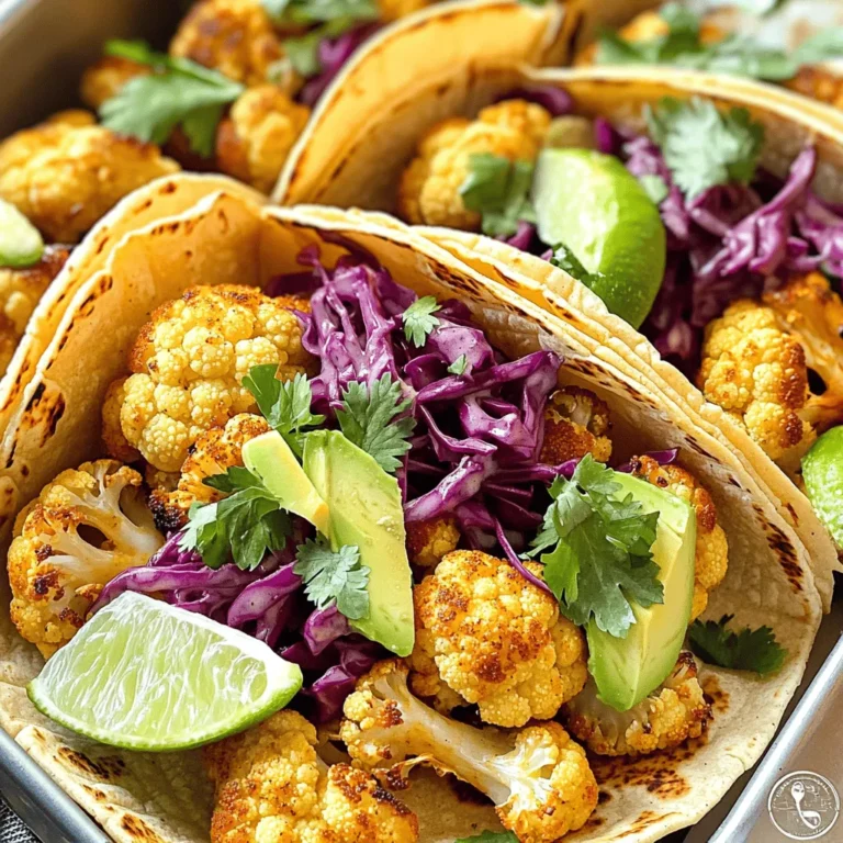 - 1 medium head of cauliflower, cut into florets - 2 tablespoons olive oil - 1 teaspoon smoked paprika - 1 teaspoon ground cumin - 1 teaspoon garlic powder - Salt and pepper to taste - 8 small corn tortillas - 1 cup red cabbage, thinly sliced - 1 avocado, sliced - 1/4 cup fresh cilantro, chopped - Lime wedges, for serving When making roasted cauliflower tacos, the key is to choose fresh, high-quality ingredients. Start with a firm head of cauliflower. Look for florets that are tight and free of brown spots. This ensures your cauliflower is fresh and flavorful. Next, olive oil plays a crucial role. It helps the cauliflower roast evenly and adds richness. You can use other oils, but olive oil enhances the taste best. Seasonings are where the magic happens. Smoked paprika gives a lovely depth. Ground cumin adds warmth, while garlic powder boosts flavor. Don't forget to season with salt and pepper. These basic seasonings are essential for bringing out the natural flavors of the cauliflower. Tortillas are the base of your tacos. Small corn tortillas add a nice texture. They are soft and hold the fillings well. Fresh toppings like red cabbage and avocado add crunch and creaminess. Finally, lime wedges are a must. They add a burst of zest that brightens up the whole dish. This recipe brings together all these ingredients to create a vibrant, delicious meal. For the full recipe, refer to the earlier section. First, you need to preheat your oven to 425°F (220°C). This heat makes the cauliflower crispy and tasty. Next, take a large bowl and toss the cauliflower florets with olive oil. Add smoked paprika, ground cumin, garlic powder, salt, and pepper. Mix it well until every piece gets coated. This step is key for flavor. Now, arrange the seasoned cauliflower on a baking sheet. Make sure the florets are in a single layer. This helps them roast evenly. Place the baking sheet in the preheated oven. Roast the cauliflower for about 25 to 30 minutes. You want them golden brown and tender. Remember to toss them halfway through. This helps them cook evenly. While the cauliflower roasts, take a dry skillet and warm the corn tortillas over medium heat. Heat each side for about 30 seconds. They should be soft and slightly charred. Now it’s time to build your tacos! Start with a corn tortilla and layer on a generous amount of roasted cauliflower. Then, add sliced red cabbage and avocado. Sprinkle fresh cilantro on top for that bright flavor. Don’t forget to serve your tacos with lime wedges. Squeeze some lime over the tacos for an extra zing. Enjoy every bite of your delicious roasted cauliflower tacos! You can find the [Full Recipe] for more details. Roasting cauliflower brings out its natural sweetness. I love it more than grilling. Roasting gives you a crispy outside and a tender inside. To achieve this, use high heat. Preheat your oven to 425°F (220°C). Spread the cauliflower in a single layer. This helps it roast evenly. Spices make a big difference. Try smoked paprika for a deep flavor. Ground cumin adds warmth, while garlic powder gives a nice touch. You can also add chili powder for heat. For balance, serve your tacos with fresh toppings. Red cabbage adds crunch, while avocado brings creaminess. Pair your tacos with simple sides. I recommend black beans or a fresh salad. These sides add fiber and nutrients. For toppings, you can get creative! Try pickled onions for tang, or a drizzle of spicy sauce for extra kick. Don't forget lime wedges for zest! They brighten every bite. {{image_2}} You can easily adjust this recipe to fit your needs. For a gluten-free option, use corn tortillas. They add a nice crunch and pair well with the roasted cauliflower. If you want a vegan meal, this recipe is already vegan! It uses no meat or dairy. You can also try low-carb options by using lettuce wraps instead of tortillas. This keeps the meal light and fresh. Feel free to swap out cauliflower for other veggies. Broccoli or Brussels sprouts work well too. Each veggie brings a unique taste. You can use sweet potatoes for a sweet twist. When it comes to tortillas, consider using whole wheat or spinach wraps. They add different flavors and colors to your tacos. Try giving your tacos an international flair! For an Asian twist, add soy sauce and sesame oil to the cauliflower before roasting. Top with pickled veggies and sriracha. For Mediterranean flavors, use herbs like oregano and serve with tzatziki sauce. You can also add seasonal produce. In summer, fresh corn and tomatoes shine. In fall, roasted squash adds warmth. These variations keep your tacos exciting and new. Check out the Full Recipe for more details! To keep your tacos fresh, store them in a sealed container. Place them in the fridge right away. They will stay good for about three days. If you want to keep the tacos crispy, store the cauliflower and tortillas separately. Wrap the tortillas in foil or plastic wrap to avoid drying out. When you want to eat the leftovers, reheat them gently. You can use a skillet on low heat. Just warm the cauliflower for a few minutes. This helps it stay tasty and not soggy. For an easy option, pop them in the microwave for about 30 seconds. If you have leftover cauliflower, add it to salads or grain bowls for extra flavor. You can freeze roasted cauliflower too! Just let it cool down before you pack it. Place it in a freezer bag and squeeze out the air. It can last up to three months in the freezer. For tortillas, stack them and wrap tightly before freezing. When you’re ready to use them, thaw the cauliflower in the fridge overnight. Warm the tortillas in a skillet before serving. For more details, check the Full Recipe. Yes, you can make these tacos ahead of time. They are great for breakfast, lunch, or quick meals. If you want to prepare in advance, roast the cauliflower and store it in the fridge. Warm it up when you are ready to eat. You can also prepare the toppings ahead. Just slice the avocado and cabbage, then keep them in separate containers. This way, you can enjoy fresh tacos anytime! Toppings can make your tacos shine. Here are some great ideas: - Sliced red cabbage adds crunch. - Avocado gives a creamy texture. - Fresh cilantro brings bright flavor. - Lime wedges add a zesty kick. - You can also use salsa or hot sauce for spice. Mix and match to find your favorites! You can use frozen cauliflower, but it needs some tips. Thaw the cauliflower first and drain any water. This keeps your tacos from getting soggy. You may need to roast them a bit longer to get them crispy. Check them halfway to see if they need more time. Frozen cauliflower can still taste great in your tacos! This blog post covers the delicious journey of making roasted cauliflower tacos. We explored the key ingredients, detailed step-by-step instructions, and shared tips for enhancing flavor. You learned how to store leftovers and adapt recipes to meet different dietary needs. Remember, you can enjoy these tacos in many creative ways. Try new toppings or flavors to keep things fresh. Delicious meals should always spark joy and inspire you to cook more. Dive into this tasty recipe and enjoy every bite!