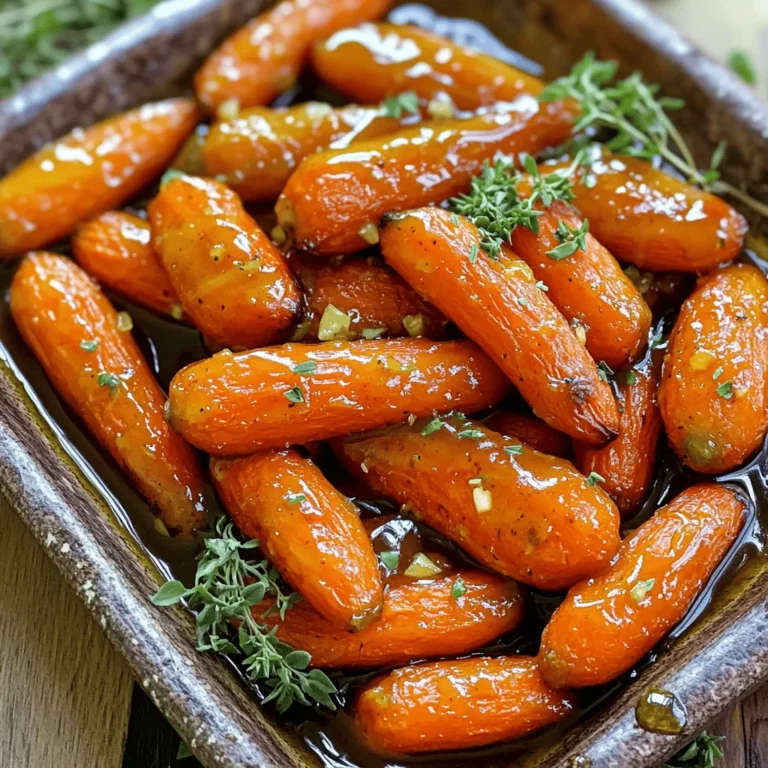 To create your Honey Garlic Butter Roasted Carrots, gather these items: - 1 pound baby carrots (or regular carrots, peeled and cut into sticks) - 3 tablespoons unsalted butter - 2 tablespoons honey - 3 cloves garlic, minced - 1 teaspoon fresh thyme leaves (or 1/2 teaspoon dried thyme) - Salt and pepper to taste - 1 tablespoon chopped fresh parsley (for garnish) You can mix and match some ingredients if you need to. Here are some suggestions: - Carrots: Baby carrots are sweet and tender. If you use regular carrots, peel and cut them into sticks. This helps them cook evenly. - Butter: Unsalted butter gives you control over salt. You can use olive oil for a dairy-free option. - Honey: Any liquid sweetener works. Maple syrup or agave syrup can be good substitutes. - Thyme: Fresh thyme adds bright flavor. Dried thyme is fine but use less since it is stronger. Using fresh carrots gives the best flavor and texture. Fresh carrots are crisp and sweet. They caramelize well when roasted. Frozen carrots can work in a pinch, but they may be softer. This can change the texture of the dish. If you use frozen carrots, reduce the roasting time. Check them often to avoid mushiness. For the full recipe, please refer to the Honey Garlic Butter Roasted Carrots section above. Start by washing your carrots. If you use baby carrots, they are ready to go. If you choose regular carrots, peel and cut them into sticks. Aim for uniform sizes to cook evenly. Next, gather your ingredients: unsalted butter, honey, garlic, thyme, salt, and pepper. This mix will give your carrots a sweet and savory kick. First, preheat your oven to 425°F (220°C). This high heat helps the carrots roast beautifully. Line a baking sheet with parchment paper for easy cleaning. In a small saucepan, melt the butter over low heat. Once melted, stir in the honey and minced garlic. Cook for one minute until you smell the garlic. Remove it from the heat and add the thyme. Mix well. Now, take a mixing bowl and add your prepared carrots. Pour the honey garlic butter mixture over them. Toss the carrots to coat them evenly. Spread them out on your baking sheet in a single layer. Season with salt and pepper to taste. Roast them in the oven for 25 to 30 minutes. Make sure to turn the carrots halfway through cooking. This ensures they caramelize well and cook evenly. To achieve even roasting, cut your carrots into similar sizes. This helps them cook at the same rate. Make sure not to overcrowd the baking sheet. If the carrots are too close together, they may steam instead of roast. Keeping space between them allows hot air to circulate. This gives you that delicious caramelization. Enjoy your Honey Garlic Butter Roasted Carrots! For the complete recipe, check out the Full Recipe section. To boost the flavor of your honey garlic butter roasted carrots, add spices. Try a pinch of cayenne pepper for heat. A sprinkle of cumin gives warmth and depth. You can also use smoked paprika for a rich, smoky taste. Mixing in fresh herbs like rosemary or dill can add a bright touch. Just remember, a little goes a long way. Caramelization is key to great flavor. First, make sure your oven is hot enough at 425°F (220°C). This helps carrots get that golden color. Spread them out in a single layer on the baking sheet. Crowding them makes them steam, not roast. Toss the carrots halfway through roasting to ensure even cooking. Look for a tender texture with sweet, caramelized edges. Don’t waste that tasty honey garlic butter! You can drizzle it over other veggies, like broccoli or brussels sprouts. It also makes a great sauce for grilled chicken or fish. If you have leftover butter, store it in the fridge for up to a week. You can even freeze it in ice cube trays for easy use later. This way, you always have a flavor boost on hand! For a complete guide to making these carrots, check out the Full Recipe. {{image_2}} You can swap out carrots for other veggies. For instance, try parsnips, sweet potatoes, or zucchini. Each brings its own taste and texture. Cut them into similar sizes for even cooking. This way, every bite will roast well and taste great. Want a kick? Add red pepper flakes or cayenne pepper to the honey garlic butter. This sweet and spicy blend will wake up your taste buds. You can also mix in some brown sugar for more depth. It adds richness that balances the spice. Adjust the heat to fit your taste. Experiment with different herbs for more flavor. Try rosemary, dill, or oregano. Each herb changes the taste profile. Use fresh herbs for the best flavor. If you go with dried herbs, use less since they are stronger. Mix and match to find your favorite blend. To keep your honey garlic butter roasted carrots fresh, place them in an airtight container. Make sure they cool down first. Store the container in the fridge. They will last about 3 to 4 days. If you want to keep them longer, consider freezing them. When you're ready to enjoy your leftovers, reheating is easy. You can use the oven or the microwave. For the oven, preheat it to 350°F (175°C). Spread the carrots on a baking sheet and heat for about 10 minutes. If you use the microwave, place the carrots in a bowl, cover it, and heat on high for about 1-2 minutes. Stir halfway through for even heating. Freezing is a great option for longer storage. First, let the carrots cool completely. Then, place them in a freezer-safe bag or container. Remove as much air as possible to prevent freezer burn. They can stay frozen for up to 3 months. To use, thaw in the fridge overnight before reheating. Enjoy the sweet and savory flavor of your honey garlic butter carrots even after some time! For the full recipe, check out the earlier section. Yes, you can use regular carrots. Just peel them and cut them into sticks. The cooking time might be a bit longer, so check for tenderness. Regular carrots have a great taste, too. They will soak up all that sweet honey and rich garlic flavor. To make this dish vegan, swap the butter for plant-based butter. You can also use maple syrup instead of honey. Both options work well and keep the flavor strong. The garlic and herbs will still shine through, making a tasty dish you’ll love. These carrots go great with many dishes. They match well with roasted chicken or grilled fish. They also work nicely alongside rice or quinoa. Add them to your holiday table, too! Their bright color makes any meal look great. For more ideas, check out the Full Recipe. This blog post explored making Honey Garlic Butter Roasted Carrots. We discussed essential ingredients, measurements, and the choice between fresh and frozen carrots. I provided step-by-step cooking instructions, tips for roasting, and ways to enhance flavors. You also learned about various vegetable alternatives, storage methods, and answers to common questions. Remember, perfecting this dish takes practice, but with these tips, you can create delicious carrots every time. Enjoy experimenting with flavors and serving these tasty treats alongside your favorite meals.