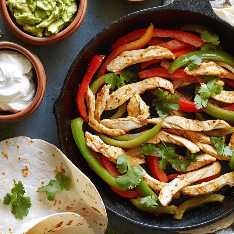 - 1 lb boneless, skinless chicken breasts, sliced into thin strips - 2 tablespoons olive oil - 1 tablespoon lime juice - 1 teaspoon ground cumin - 1 teaspoon chili powder - 1 teaspoon garlic powder - 1 teaspoon onion powder - Salt and pepper to taste - 1 red bell pepper, sliced - 1 green bell pepper, sliced - 1 medium onion, sliced - 4 small flour tortillas For a great chicken fajita, the main ingredients matter. Start with fresh chicken. You want boneless, skinless breasts. Slice them thin for quick cooking. The next star is the bell peppers. I love a mix of red and green. They add color and crunch. Don't forget the onion. It adds sweetness when cooked. Seasonings make the fajitas pop. Ground cumin gives warmth. Chili powder adds a nice kick. Garlic and onion powders boost the flavor. A splash of lime juice brightens everything up. Always use salt and pepper to taste. - Fresh cilantro - Sour cream - Guacamole Garnishes can elevate your meal. Fresh cilantro adds a burst of freshness. Sour cream brings creaminess and coolness. Guacamole adds richness. You can mix and match these sides for a fun twist. - Skillet or cast-iron pan - Mixing bowl - Tongs You don't need fancy tools to make fajitas. A good skillet or cast-iron pan heats evenly. A mixing bowl works well for marinating chicken. Tongs help flip the chicken and veggies easily. With these basics, you're ready for a tasty night! For the full recipe, check out the link provided. Marinating the chicken Start by slicing 1 pound of boneless, skinless chicken breasts into thin strips. In a large bowl, mix the chicken with 2 tablespoons of olive oil, 1 tablespoon of lime juice, 1 teaspoon of ground cumin, 1 teaspoon of chili powder, 1 teaspoon of garlic powder, 1 teaspoon of onion powder, and salt and pepper. Stir until the chicken is well coated. Let it marinate for at least 15 minutes. This step adds flavor and keeps the chicken juicy. Cooking the chicken Preheat a large skillet or cast-iron pan over medium-high heat. Once hot, add the marinated chicken to the skillet. Cook the chicken for about 5 to 7 minutes. Stir it occasionally until the chicken is cooked through and lightly browned. Remove the chicken from the skillet and set it aside on a plate. Preparing bell peppers and onions While the chicken cools, slice 1 red bell pepper, 1 green bell pepper, and 1 medium onion. These veggies will add color and crunch to your fajitas. Cooking the vegetables In the same skillet, add the sliced bell peppers and onion. Sauté them for about 3 to 4 minutes. You want them tender but still crisp. The leftover flavor from the chicken will enhance the veggies. Tossing chicken and vegetables together After the vegetables are cooked, add the chicken back into the skillet. Toss everything together for another 2 minutes to heat it all through. This step mixes the flavors perfectly. Heating the tortillas Warm 4 small flour tortillas in a separate dry skillet or microwave for a few seconds. This makes them soft and easy to fold. Now you are ready to serve your chicken fajitas! Enjoy this simple yet tasty dish with fresh cilantro, sour cream, and guacamole. For the full recipe, check the details above. Marinating the chicken is key for great taste. It allows flavors to soak in well. I recommend marinating for at least 30 minutes. If you have time, longer is better. Use these seasonings for a tasty mix: - 1 teaspoon ground cumin - 1 teaspoon chili powder - 1 teaspoon garlic powder - 1 teaspoon onion powder - Salt and pepper to taste These spices add warmth and depth. They make the chicken truly delicious. To get the best results, heat your skillet to medium-high. A hot skillet helps brown the chicken. Stir the chicken often while cooking. This keeps it from sticking and helps it cook evenly. Cook for 5-7 minutes until the chicken is done. The edges should look golden brown. When cooking the veggies, sauté them for about 3-4 minutes. You want them tender but still crisp. This gives a nice texture to your fajitas. Serving fajitas is fun and easy! Start by placing a warm tortilla on a plate. Add a generous scoop of the chicken and veggie mix in the center. Top it off with fresh cilantro for color and flavor. You can also serve sour cream and guacamole on the side. This adds creaminess and richness to each bite. For a colorful plate, think about adding lime wedges too. They add a bright touch and a zesty kick. Enjoy your meal! {{image_2}} If you want to switch up the protein in your chicken fajitas, you have great options. You can use beef or shrimp for a different taste. Beef fajitas are juicy and rich. Shrimp cooks fast and adds a seafood twist. For those who prefer no meat, try using firm tofu or portobello mushrooms. These vegetarian options soak up spices well and taste great. The spice level is key to making fajitas your own. You can keep them mild, go for medium, or make them hot. To add heat, use jalapeños or serrano peppers. You can also add hot sauce or chili flakes. Start with small amounts and taste as you go. This way, you can find that perfect balance you love. Choosing the right tortilla can change your fajitas. Flour tortillas are soft and chewy, while corn tortillas are more traditional with a nice crunch. If you need gluten-free options, there are great corn tortillas available. You can also find gluten-free flour tortillas. Each choice will give your dish a different feel and flavor. For the full recipe, click [Full Recipe]. To keep your chicken fajitas fresh, store them in the fridge. Use an airtight container. Make sure to cool them first. They stay good for about 3 to 4 days. If you want to keep them longer, freeze your fajitas. Place them in a freezer-safe bag. They can last up to 3 months in the freezer. Reheating your fajitas can be easy. Use a skillet over medium heat for the best results. This method keeps the chicken and veggies nice and warm. You can also use a microwave. Just heat in short bursts. Stir in between to avoid hot spots. To keep your fajitas from getting soggy, don't cover them tightly while reheating. Chicken fajitas are safe to eat for 3 to 4 days in the fridge. If you freeze them, they last up to 3 months. Check for signs of spoilage before eating. Look for any off smells or changes in color. If they seem odd, it’s best to toss them. Enjoy your meal safely! For the full recipe, check out [Full Recipe]. To make chicken fajitas from scratch, follow these steps: 1. Marinate the Chicken: In a bowl, mix sliced chicken with olive oil, lime juice, cumin, chili powder, garlic powder, onion powder, salt, and pepper. Ensure each piece is well coated. 2. Cook the Chicken: Heat a skillet over medium-high heat. Add the marinated chicken and cook for 5-7 minutes. Stir until it turns golden brown and is cooked through. 3. Sauté the Veggies: Remove the chicken and set it aside. In the same skillet, add sliced bell peppers and onion. Cook for about 3-4 minutes until they are tender yet crisp. 4. Combine: Return the chicken to the skillet. Toss everything together for 2 more minutes to blend flavors. 5. Warm Tortillas: Heat flour tortillas in a dry skillet or microwave for a few seconds. 6. Serve: Place the chicken and veggies in the center of each tortilla. Add fresh cilantro, and serve with sour cream and guacamole. For the full recipe, check out the complete guide. Yes, you can use frozen chicken for fajitas. However, there are a few things to consider: - Thawing: Thaw the chicken in the fridge overnight or use the defrost setting on your microwave. - Cooking Time: Frozen chicken may take longer to cook. Ensure it reaches an internal temperature of 165°F. - Flavor: Fresh chicken may absorb marinades better than frozen. If using frozen, marinate it after thawing for better flavor. Toppings can enhance your chicken fajitas. Here are popular choices: - Fresh Cilantro: Adds brightness to each bite. - Sour Cream: Provides a creamy texture and coolness. - Guacamole: Offers rich flavor and creaminess. - Shredded Cheese: Adds a savory touch. - Salsa: Brings extra zest and freshness. - Lime Wedges: A squeeze of lime can brighten the dish. Feel free to mix and match to find your perfect topping combination! In this article, we explored classic chicken fajitas, from ingredients to cooking steps. You learned about marinating chicken, sautéing veggies, and the best serving tips. I also shared ways to customize flavors and storage info. Remember, a good fajita needs quality ingredients and care. Enjoy experimenting with different proteins and spice levels! Fajitas are fun and easy, so get cooking and share your delicious results.