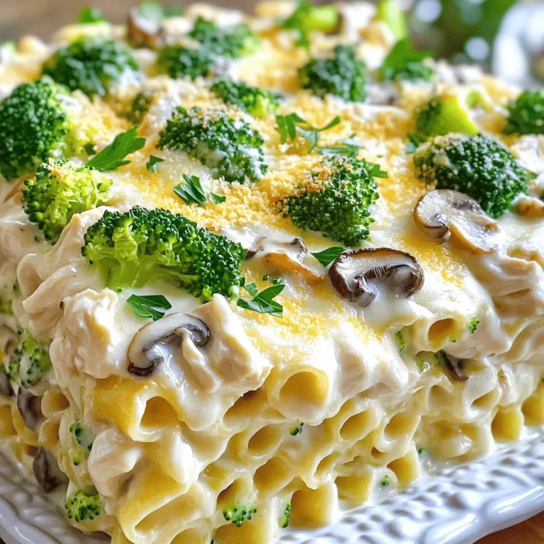 To make this tasty dish, you need some key items. Here is what you will need: - 2 cups cooked pasta (penne or rotini works best) - 1 lb chicken breast, diced - 8 oz mushrooms, sliced - 2 cups broccoli florets (fresh or frozen) - 3 cups Alfredo sauce (store-bought or homemade) - 1 cup shredded mozzarella cheese - ½ cup grated Parmesan cheese - 2 tablespoons olive oil - 2 cloves garlic, minced - Salt and pepper to taste - 1 teaspoon Italian seasoning These ingredients create a rich and creamy flavor that everyone will love. The right seasonings make your casserole pop. Salt and pepper add basic flavor. Italian seasoning gives it a nice herbal touch. I often use fresh garlic to add depth. The garlic will make your kitchen smell amazing as it cooks. Don’t skip these steps; they make a big difference! Garnishes can make your dish look more inviting. I like to use fresh parsley for a burst of color. You can also add extra cheese on top if you want a cheesier finish. These little touches make your casserole feel special and more appealing. Use what you enjoy most! If you want the full details, check the Full Recipe. Start by gathering your ingredients. You need cooked pasta, chicken, mushrooms, broccoli, and sauce. Also, have mozzarella and Parmesan cheese ready. Dice the chicken and slice the mushrooms. This helps the cooking go fast. Mince the garlic too. Don’t forget to measure out the olive oil and seasonings. In a large skillet, heat olive oil over medium heat. Once hot, add the diced chicken. Season it with salt, pepper, and Italian seasoning. Cook for 5-7 minutes until the chicken turns white. It should not be pink inside. Next, add minced garlic and sliced mushrooms. Sauté these for 3-4 minutes. The mushrooms will become soft and tasty. Finally, stir in the broccoli florets. Cook for an extra 2 minutes until they turn bright green. In a big bowl, mix the cooked pasta with the chicken and vegetables. Pour in the Alfredo sauce and stir well. Make sure everything is coated evenly. Transfer this mixture to a greased baking dish. Spread it out evenly. Now, top it with mozzarella and Parmesan cheese. Bake it in a preheated oven at 375°F for 25-30 minutes. Look for bubbly, golden cheese on top. When it’s ready, let it cool for 5 minutes before serving. You can find the Full Recipe for more details and serving tips. To cook chicken well, use a skillet over medium heat. First, add olive oil and let it warm. Then, add diced chicken to the hot oil. Season with salt, pepper, and Italian seasoning. Cook for 5-7 minutes until the chicken turns white and is no longer pink. This step ensures juicy chicken for your casserole. The key to creamy Alfredo sauce is gentle heating. If you use store-bought sauce, warm it on low heat. If you make it from scratch, stir constantly to avoid lumps. You want it smooth and silky. Mix the sauce well with pasta before adding other ingredients. This helps coat everything evenly and keeps it creamy. Ovens can vary, so check your casserole while it bakes. I suggest baking for 25-30 minutes. If the top isn’t golden, leave it for a few more minutes. To avoid overcooking, always look for bubbling cheese. When the cheese is melted and golden, it’s ready to serve. Adjust your time based on your oven’s heat. {{image_2}} You can switch out the chicken for other meats. Try diced turkey or cooked ham. Shrimp works well too. Each option adds a different taste to the dish. You can also use ground beef for a heartier flavor. Just make sure it's fully cooked. If you want a meatless meal, skip the chicken. Replace it with tofu or tempeh. Both will soak up the sauce and add protein. You can also use chickpeas for a fun twist. This way, you keep it filling and tasty. Boost the health of your casserole by adding more vegetables. Spinach, bell peppers, or zucchini are great choices. You can mix in frozen peas or corn too. Just remember to keep the cooking time in mind. You want all the veggies to be tender but not mushy. They add color and flavor to your dish! To keep your Chicken and Mushroom Alfredo Casserole fresh, store it in an airtight container. Place it in the fridge right after it cools down. It will stay good for up to three days. Make sure to label the container with the date. This helps you track how long it has been stored. When you’re ready to enjoy your leftovers, preheat your oven to 350°F (175°C). Place the casserole in an oven-safe dish. Cover it with foil to keep it moist. Heat for about 20 minutes or until it's warm all the way through. You can also use the microwave. Just heat in short bursts and stir in between until hot. If you want to save the casserole for later, freezing is a great option. Allow the dish to cool completely before freezing. Use a freezer-safe container or wrap it tightly in plastic wrap and foil. It can last for up to three months in the freezer. To reheat, thaw it overnight in the fridge and then bake as mentioned above. Enjoy your creamy, cheesy meal anytime! Yes, you can make this dish ahead of time. Prepare the casserole, but do not bake it. Cover it tightly with plastic wrap or foil. Store it in the fridge for up to two days. When you are ready to eat, bake it straight from the fridge. Just add a few extra minutes to the cooking time. This keeps the flavors fresh and tasty. If you need a substitute, try cream cheese mixed with milk. This gives a creamy texture. You can also use a white sauce made from butter, flour, and milk. For a lighter option, consider using Greek yogurt mixed with a bit of cheese. These options will still keep your casserole rich and delicious. Yes, frozen chicken and vegetables work well in this recipe. If using frozen chicken, thaw it first. Cut it into small pieces before cooking. For frozen vegetables, you can add them straight to the skillet. Just cook them a little longer to ensure they heat through. This makes the prep easy and quick, while still tasting great. You can find the full recipe for Chicken and Mushroom Alfredo Casserole [Full Recipe]. This blog covered everything you need for Chicken and Mushroom Alfredo Casserole. We discussed the ingredients, from required items to tasty garnishes. I shared easy steps for preparing, cooking, and assembling the dish. Plus, I gave tips for perfect chicken and sauce. We explored variations, storage, and answered common questions. Creating this dish can be simple and fun. You can enjoy different flavors and textures. Don't hesitate to try your own spin on it. Enjoy your cooking adventure!