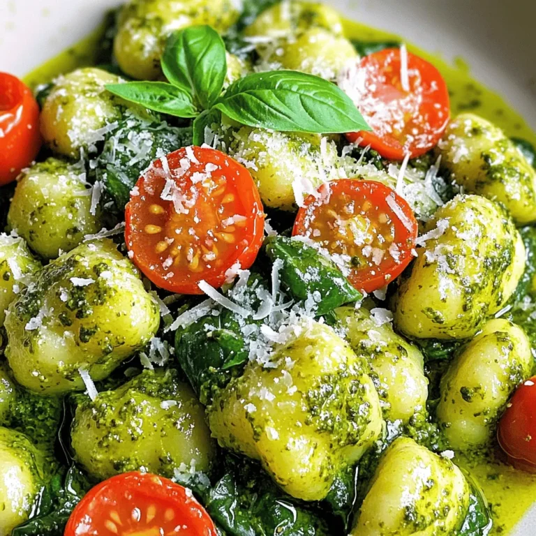 For Creamy Pesto Gnocchi, gather these simple ingredients: - 1 lb potato gnocchi - 1 cup fresh basil pesto - 1 cup heavy cream - 1 cup cherry tomatoes, halved - 1 cup spinach, roughly chopped - ½ cup grated Parmesan cheese - 2 tablespoons olive oil - Salt and pepper to taste - Crushed red pepper flakes (optional for heat) The potato gnocchi provides a soft and pillowy base. It absorbs flavors well and adds a comforting touch. Fresh basil pesto brings a burst of flavor with its mix of herbs, nuts, and cheese. Heavy cream creates a rich, creamy sauce that balances the dish. Cherry tomatoes add color and sweetness, while spinach provides a fresh, green element. Parmesan cheese enhances the overall flavor, making it savory and rich. Olive oil helps sauté the veggies and adds depth to the sauce. Finally, crushed red pepper flakes can give a little kick if you like some heat. When choosing ingredients, quality matters. For gnocchi, I recommend De Cecco or Rana; both brands offer great taste and texture. For pesto, look for brands like Classico or make your own for the best flavor. Use heavy cream from brands like Organic Valley or Horizon for a rich taste. Fresh cherry tomatoes from local farms or brands like NatureSweet offer the best sweetness. For Parmesan cheese, Grana Padano is a solid choice. These brands ensure your dish will shine. For the full recipe, check the details above. To start, take 1 pound of potato gnocchi. Bring a large pot of salted water to a boil. Once boiling, add the gnocchi. Cook them until they float, which takes about 2-3 minutes. Once ready, drain the gnocchi and set them aside. This step is key for a perfect texture. Next, grab a large skillet. Heat 2 tablespoons of olive oil over medium heat. Add 1 cup of halved cherry tomatoes. Sauté for about 3-4 minutes until they soften. Then, add 1 cup of roughly chopped spinach. Cook for another 2 minutes until the spinach wilts. Lower the heat, then pour in 1 cup of heavy cream. Stir in 1 cup of fresh basil pesto. Let it simmer for 2-3 minutes to thicken slightly. This base is rich and creamy. Now it's time to bring it all together. Gently fold the cooked gnocchi into the creamy sauce. Mix carefully to coat each gnocchi piece. Add ½ cup of grated Parmesan cheese, along with salt and pepper to taste. If you like some heat, sprinkle in crushed red pepper flakes. Stir until the cheese melts and everything is well combined. This step ensures every bite bursts with flavor. For more details on cooking this delightful dish, check out the Full Recipe. To get the best gnocchi, start with fresh ingredients. Look for potato gnocchi that feels soft but firm. When cooking, add salt to the water. This adds flavor to the gnocchi. Cook them until they float, about 2-3 minutes. Overcooking makes them mushy. After cooking, drain them well. This keeps them from getting soggy in your creamy sauce. Use fresh basil for the best taste. A good pesto shines with bright green color and rich flavor. Add cheese, garlic, and nuts to the mix. These add depth and richness. If you want a little spice, mix in crushed red pepper flakes. This gives your dish a nice kick. You can also add lemon juice for a fresh, zesty twist. One common mistake is not using enough salt in the water. This can make the gnocchi taste bland. Another mistake is rushing the sauce. Let it simmer to develop the flavors. Avoid overcooking the spinach; it should be just wilted. Finally, don’t skip the cheese. It adds creaminess and ties all the flavors together. For the full recipe, check out the Creamy Pesto Gnocchi recipe. {{image_2}} You can easily add protein to your creamy pesto gnocchi. Chicken, shrimp, or sausage work great. Simply cook the protein first in the skillet. Use the same pan to keep all the flavors together. If you want a meat-free option, consider tofu or tempeh. These options soak up the pesto flavor well. For a vegetarian twist, you can skip the cheese or use a vegetarian-friendly brand. If you're making it vegan, swap the heavy cream for coconut milk or cashew cream. This keeps the dish rich while making it plant-based. You still get that creamy texture without any dairy. Change the vegetables based on what’s in season. Fresh asparagus or zucchini can add crunch and flavor. In the fall, consider butternut squash for a sweet touch. Using seasonal ingredients not only tastes better but also makes your meal fresher. You can try different herbs too, like arugula instead of basil for a peppery kick. For the full recipe, check out the detailed instructions above. After enjoying your creamy pesto gnocchi, store any leftovers in an airtight container. Let the dish cool down to room temperature first. This keeps it fresh and helps avoid sogginess. You can store the gnocchi in the fridge for up to three days. Just make sure to label the container with the date. When you're ready to enjoy your leftovers, reheat them gently. You can use a skillet on low heat. Add a splash of water or cream to help the sauce regain its smoothness. Stir often to make sure everything heats evenly. You can also microwave it in short bursts, stirring in between. This method works well but may not keep the texture as nice as the skillet. If you want to freeze your creamy pesto gnocchi, it's best to do so before adding the cream. Cook the gnocchi and cool it completely. Place the cooked gnocchi in a freezer-safe bag, removing as much air as possible. Store it for up to three months. When ready to eat, thaw the gnocchi overnight in the fridge. Then, prepare the creamy sauce fresh and combine them. This keeps the dish tasting great and fresh. For the full recipe, check out the details provided. Yes, you can use store-bought pesto. It saves time and works well. Just check the label for quality. Look for fresh ingredients, like basil and olive oil. Store-bought options can taste great if you choose wisely. Making your own pesto is easy and fun! Here’s a quick way to do it: - Ingredients: - 2 cups fresh basil leaves - ½ cup grated Parmesan cheese - ½ cup olive oil - 1/3 cup pine nuts (or walnuts) - 2 garlic cloves - Salt and pepper to taste 1. Combine basil, nuts, and garlic in a food processor. 2. Pulse until chopped. 3. Slowly add olive oil while mixing. 4. Stir in Parmesan cheese. Season with salt and pepper. This homemade version gives you control over the taste. Yes, you can substitute cream with lighter options. Use half-and-half or whole milk for a lower fat content. Greek yogurt can also add creaminess without extra fat. Just mix it in slowly to avoid curdling. Each option changes the flavor a bit, so taste as you go. In this blog post, I covered how to make delicious gnocchi with creamy pesto. We explored the key ingredients and top brands to use. I shared step-by-step instructions for making this dish, along with tips to achieve the best texture and flavor. We also discussed variations, like protein options and seasonal swaps. Finally, I provided storage advice for leftovers. Understanding these elements can help you create a tasty meal. Enjoy your cooking journey and don’t hesitate to experiment with your own twists!