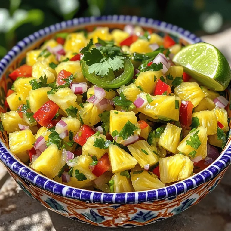 - 1 ripe pineapple, finely diced - 1 red bell pepper, finely chopped - 1 small red onion, finely chopped - 1 jalapeño, seeds removed and minced - 1/3 cup fresh cilantro, chopped - 1 lime, juiced - Salt to taste - 1 tablespoon honey (optional) When measuring ingredients, use a sharp knife for clean cuts. This helps keep the salsa fresh. For the best flavor, pick a ripe pineapple. Test its ripeness by smelling the base; it should smell sweet. Use a dry measuring cup for honey and oil to avoid sticky messes. You can swap the pineapple for mango for a different flavor. Try using green bell pepper instead of red for less sweetness. If you want a milder salsa, skip the jalapeño or use a bell pepper. Fresh parsley works well if you don’t have cilantro. If you prefer zest, add lime zest for more flavor! For the full recipe, check out the Tropical Pineapple Salsa section above. Enjoy your bright and tasty salsa! - Step 1: Cutting the pineapple Start by cutting the fresh pineapple into small, even pieces. Use a sharp knife for this task. Remove the skin and core first. Place the diced pineapple in a mixing bowl. This step gives the salsa its sweet and juicy base. - Step 2: Preparing the bell pepper and onion Next, finely chop the red bell pepper and the small red onion. Make sure to remove any seeds from the bell pepper. Add these chopped veggies to the bowl with the pineapple. They bring color and crunch to your salsa. - Step 3: Mince the jalapeño Now, take the jalapeño, remove the seeds, and mince it finely. If you want a spicier kick, you can leave some seeds in. Add the minced jalapeño to the bowl. It adds a nice heat that pairs well with the sweetness of the pineapple. - Step 4: Combining ingredients in a bowl After chopping, add the fresh cilantro to the bowl. This herb adds a fresh aroma that brightens the salsa. Gently stir all the ingredients together until they are well mixed. - Step 5: Adding lime juice and salt Squeeze the juice from one lime over the mixture. This gives the salsa a tangy flavor. Add salt to taste. This step balances the sweetness and enhances all the flavors. - Step 6: Optional honey addition If you like a touch of sweetness, drizzle in one tablespoon of honey. Mix again to combine. This step is optional, but it can add a lovely layer of flavor. - Step 7: Resting time for flavor enhancement Let the salsa sit for about 15-30 minutes. This resting time allows the flavors to meld together nicely. The wait is worth it for a more vibrant taste! For the full recipe, check out the details above. Enjoy your fresh pineapple salsa with tortilla chips or grilled meats for a delightful treat! Resting time is key for great salsa. Letting the salsa sit for 15 to 30 minutes helps the flavors blend. The pineapple and lime juice soften and brighten each flavor. This time allows the natural sweetness to shine. The lime to pineapple ratio is also important. For this salsa, one lime is perfect for one pineapple. Too much lime can overpower the sweet taste of the pineapple. But a little lime adds zing without masking the fruit's flavor. This salsa pairs well with many dishes. You can serve it with tortilla chips for a fresh snack. It also complements grilled chicken or fish, adding a tropical twist. For presentation, use a colorful bowl. Garnish with cilantro leaves on top for a lovely look. You could also serve it in pineapple halves for a fun tropical vibe. Leftover salsa can be a treat. Use it as a topping for tacos or burritos. You can mix it into rice or quinoa for extra flavor. Another fun idea is to add it to scrambled eggs for a tasty breakfast twist. Mixing it with yogurt can also create a yummy dip. {{image_2}} You can change the salsa by swapping some ingredients. Adding mango gives a sweet twist. Just chop it like the pineapple. Avocado adds creaminess. It makes the salsa rich and smooth. You can also try different herbs. Basil or mint can bring a new taste. Use what you like best! Want more heat? Add more jalapeño! Just chop it finer for a bigger kick. If you want less spice, use less jalapeño. You can also try other spicy options. Red pepper flakes or diced serrano peppers work well. Adjust the heat to fit your taste. Using seasonal fruits makes this salsa special. In summer, add peaches or strawberries. They add a sweet and juicy flavor. In fall, try diced apples or pears. They give a crisp texture and fresh taste. Adjust the salsa with what’s fresh and available. To keep your fresh pineapple salsa tasty, store it in the fridge. Use a tight container. This keeps it fresh and prevents odors from mixing. The salsa stays good for up to three days. After that, it may lose some crunch and flavor. I recommend eating pineapple salsa fresh. The flavors shine when it's just made. If you must store it, avoid reheating. Instead, serve it cold or at room temperature. This way, you keep that vibrant taste and texture. Yes, you can freeze pineapple salsa, but it may change. To freeze, use a freezer-safe container. Leave some space at the top, as it will expand. When ready to eat, thaw it in the fridge overnight. The salsa may become watery, so stir well before serving. To chop a pineapple, start with a ripe fruit. Place it on its side. Cut off the top and bottom so it stands. Slice off the skin by following the curve of the fruit. Then, cut the pineapple into quarters. Remove the core from each piece. Finally, dice the fruit into small, even cubes. This method makes chopping easy and safe. You can store leftover pineapple salsa in the fridge for up to three days. Keep it in an airtight container to prevent it from getting soggy. The flavors will blend more as it sits, but it’s best fresh. If you notice any signs of spoilage, like off smells or colors, toss it out. Yes, you can make pineapple salsa in advance. I recommend preparing it a few hours before serving. This allows the flavors to meld together. Just be sure to store it in the fridge. If you make it a day ahead, be sure to stir it before serving. Pineapple salsa pairs well with many dishes. It enhances grilled chicken, fish, or shrimp. You can also serve it with tacos or nachos. Try it as a topping for burgers, too. The bright flavors bring a tropical twist to any meal. The spice level of this salsa depends on the jalapeño. If you remove the seeds, it will be milder. If you like heat, keep some seeds in. You can also add more jalapeño or other spicy peppers. This salsa is flexible, so adjust the spice to your taste. You now have a clear guide to making fresh pineapple salsa. We covered the ingredients, prep steps, and storage tips. Use the flavor-enhancing tricks for the best taste. Remember, enjoy the salsa with your favorite dishes. Feel free to get creative with leftovers too. This salsa is versatile and fun to make. I hope you enjoy your cooking journey with this bright, tasty recipe.