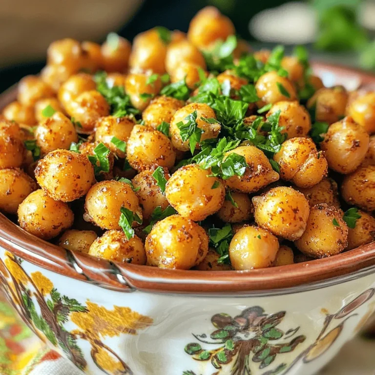 - 1 can (15 oz) chickpeas, rinsed and drained - 2 tablespoons olive oil - Spices: smoked paprika, cayenne pepper, garlic powder, ground cumin - Garnish: Salt and fresh parsley, chopped - Substitute olive oil with avocado oil - Alternative spices and blends for different flavors Using the right ingredients is key to making these spicy roasted chickpeas. First, start with a can of chickpeas. Rinse them well and drain them. This step removes excess sodium and gets rid of any canning liquid. Next, grab some olive oil. You can also use avocado oil if you prefer a different taste. The oil helps the spices stick and makes the chickpeas crispy. Now let's talk spices! I love using smoked paprika for that deep, smoky flavor. Adjust the cayenne pepper to match your spice level. Garlic powder adds a nice kick, while ground cumin brings warmth. Finally, don't forget the salt! It enhances all the flavors. For a fresh touch, chop some parsley to sprinkle on top. This makes your dish look and taste great. If you want to mix it up, try different spices or blends. You could add curry powder for an Indian twist or taco seasoning for a Mexican flair. There are so many options! For the full recipe, check out the complete steps to make this snack. - Preheat your oven to 400°F (200°C). - Rinse and dry the chickpeas thoroughly. Start by preheating your oven. This step helps the chickpeas roast evenly. While the oven heats, grab a can of chickpeas. Rinse them well under cold water. Use a colander to drain the chickpeas. It's key to dry them with a clean kitchen towel. Removing moisture will make the chickpeas crisp. - Toss the chickpeas with olive oil. - Mix in spices for optimal flavor coating. Next, place the dried chickpeas in a mixing bowl. Pour in two tablespoons of olive oil. This oil helps the spices stick and adds flavor. Now, it’s time to add the spices. Use smoked paprika, cayenne pepper, garlic powder, ground cumin, and salt. Mix everything well, so each chickpea gets coated. This step really boosts the taste. - Spread seasoned chickpeas on a baking sheet. - Roast and shake pan halfway through for even cooking. Now, line a baking sheet with parchment paper. Spread the coated chickpeas in a single layer. This spacing helps them roast evenly. Place the baking sheet in your preheated oven. Roast them for 25-30 minutes. Halfway through, shake the pan to move the chickpeas around. This action ensures they cook well and get crispy. When they are golden brown, they are ready. Let them cool a bit before tasting. You can adjust the seasoning at this point. If you want to make them even better, garnish with fresh parsley before serving. For the full recipe, refer to the section above. To get that perfect crunch, start by drying the chickpeas thoroughly. After rinsing, drain them well. Then, pat them with a clean towel. The less moisture, the crispier they get. Also, do not overcrowd the baking sheet. Give them space to roast evenly. If they touch, they will steam instead of crisp. You can adjust the spice levels to your taste. If you like it hot, add more cayenne pepper. For a milder flavor, reduce it. You can also add extra herbs or citrus zest before serving. Fresh herbs like rosemary or thyme add a great twist. A touch of lemon zest brightens the flavors. Keep an eye on the roasting time. You want them golden brown, not burnt. Check for doneness by looking at the color. They should be crispy and firm to the touch. If they feel soft, give them a few more minutes. The right timing ensures a delightful crunch. {{image_2}} You can switch up the flavors of your spicy roasted chickpeas easily. Try using curry powder for a warm and earthy taste. Taco seasoning gives a fun, zesty kick. If you're in the mood for something sweet, mix cinnamon and sugar. This creates a tasty dessert version that is hard to resist. For a cheesy flavor, sprinkle in some nutritional yeast. This adds a delightful twist and boosts nutrients. You can also mix in seeds or nuts. This adds extra crunch and makes your snack even more satisfying. These roasted chickpeas are not just a snack. Use them as a topping for salads to add texture and taste. They also work great in wraps, giving a crunchy surprise. Pair them with dips like hummus or tzatziki for a fun flavor combo. Enjoy your crunchy treat in many ways! For the complete recipe, check out the [Full Recipe]. To keep your spicy roasted chickpeas crunchy, store them in an airtight container. This helps prevent moisture from making them soggy. They stay good for about 3 to 5 days at room temperature. Make sure to place them in a cool, dry spot away from sunlight. If you store them in the fridge, they may lose their crunch faster. If your chickpeas lose their crunch, you can easily fix them. Preheat your oven to 400°F (200°C). Spread the chickpeas on a baking sheet. Bake for about 10 minutes or until they are crispy again. Keep an eye on them so they don’t burn. If your chickpeas smell off or feel too soft, it’s best to discard them. Enjoy them fresh for the best taste! For the full recipe, check out the details above. Spicy roasted chickpeas can last about four to five days when stored properly. Keep them in an airtight container at room temperature. Avoid storing them in the fridge, as moisture can make them soggy. If you want them to stay crunchy, check the container daily. Yes, you can use dried chickpeas. First, soak them in water overnight. This helps them soften. After soaking, cook them in boiling water for about 1 to 1.5 hours until tender. Once cooked, drain and dry them well before following the full recipe for roasting. Chickpeas are packed with nutrients. They are rich in protein and fiber. This makes them great for your diet. They also help keep you full longer. Chickpeas are low in fat and have no cholesterol. They support heart health and help with digestion. Enjoying chickpeas can be a tasty way to boost your health. Spicy roasted chickpeas are easy and fun to make. We covered main and optional ingredients, step-by-step roasting instructions, and storage tips. You can also tailor flavors with various spices and add ingredients for crunch. These chickpeas make a tasty snack or a top-notch salad addition. When you try this recipe, I hope you enjoy every bite and explore your favorite flavors. Keep experimenting for the best version that suits you!