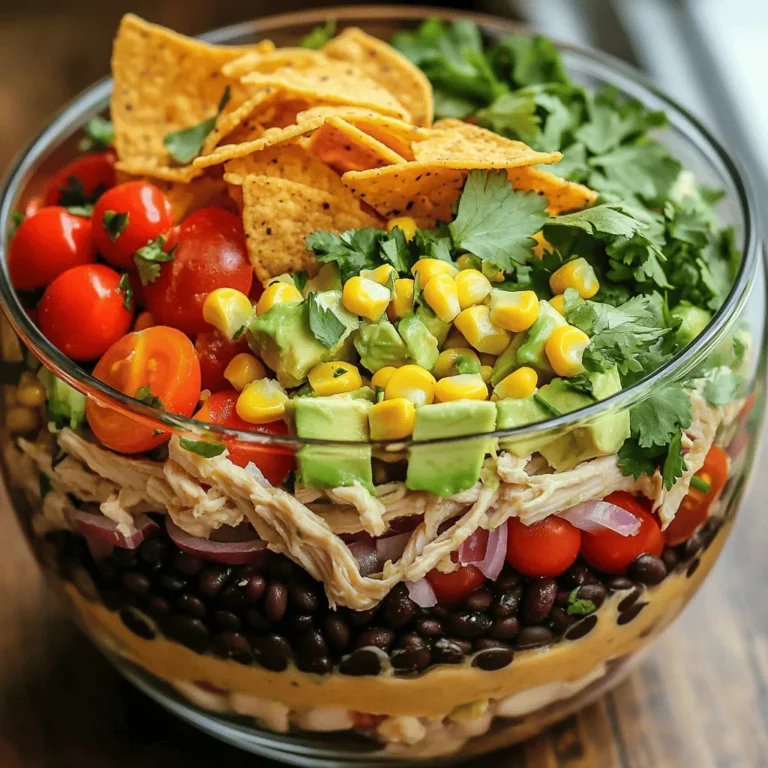 - 2 cups cooked and shredded chicken breast - 1 can (15 oz) black beans, rinsed and drained - 1 cup corn kernels (fresh or frozen) - 1 red bell pepper, diced - 1 avocado, diced - 1 cup cherry tomatoes, halved - 1 small red onion, finely chopped - 1/2 cup cilantro, chopped - Juice of 2 limes - 3 tablespoons olive oil - 1 tablespoon chili powder - 1 teaspoon cumin - Salt and pepper to taste - Tortilla chips (for serving) To make a tasty Southwest Chicken Salad, gather these fresh ingredients. The key is using cooked chicken. You can roast or grill it. Shredded chicken adds great texture. Black beans boost protein. They also bring fiber to your dish. Corn adds sweetness. Fresh or frozen works well. You need a red bell pepper for crunch and color. An avocado gives creaminess. Cherry tomatoes add juiciness. The red onion provides a bit of sharpness. Cilantro brings a fresh, herbal note. Limes offer the right zing. Olive oil keeps the salad light and fresh. Chili powder and cumin add warmth. Adjust salt and pepper to taste. This mix of ingredients makes a great base for our main dish. You can find the full recipe to guide you through making this savory delight. 1. In a large mixing bowl, combine: - 2 cups cooked and shredded chicken breast - 1 can (15 oz) black beans, rinsed and drained - 1 cup corn kernels (fresh or frozen) - 1 red bell pepper, diced - 1 avocado, diced - 1 cup cherry tomatoes, halved - 1 small red onion, finely chopped - 1/2 cup cilantro, chopped 2. In a small bowl, whisk together: - Juice of 2 limes - 3 tablespoons olive oil - 1 tablespoon chili powder - 1 teaspoon cumin - Salt and pepper to taste 3. Pour the dressing over the salad ingredients in the large bowl. Toss everything gently until well coated. - Let the salad sit for about 10 minutes. This helps the flavors blend. - Serve the salad in clear bowls or on a colorful platter. This shows off the vibrant colors. - Top with crispy tortilla chips for added crunch before serving. To make your Southwest Chicken Salad pop, try adding spices. A pinch of smoked paprika or cayenne can add a nice kick. Fresh herbs like parsley or oregano bring brightness. A simple marinade for the chicken can also boost flavor. Mix lime juice, olive oil, and spices. Let the chicken soak for 30 minutes before cooking. This step makes a big difference! If you want to switch things up, try different proteins. Grilled shrimp or steak work well in this salad. For a vegan option, use chickpeas or grilled tofu. Just ensure to season them well. You can follow the same dressing recipe for flavor. Pair your salad with fresh tortilla chips for a nice crunch. They add a fun texture. A light, refreshing drink works best. Try iced tea or a fruity soda. These choices complement the meal and make it more enjoyable. For a touch of elegance, serve the salad with a side of guacamole or salsa. For the full recipe, check the complete guide. {{image_2}} You can easily make this salad your own. Adding fruits like mango or pineapple brings a sweet twist. These fruits complement the savory flavors perfectly. Try diced peaches for a summer vibe. You can also switch up the beans. Use chickpeas or pinto beans for different tastes. This keeps the meal fresh and fun. The options are endless! Want to turn this salad into a wrap? It’s simple! Just take a large tortilla and fill it with the salad. You can add a spread to enhance the flavor. Try hummus or ranch dressing for a creamy touch. Salsa can give it a nice kick too. Fold the tortilla tightly and enjoy it on the go! Meal prepping this salad is easy. You can mix the salad ingredients and store them in the fridge. Just keep the dressing separate until you’re ready to eat. This keeps everything fresh and crunchy. Store the salad in a sealed container. It’s best to eat it within three days for the best taste. To keep your Southwest Chicken Salad fresh, store leftovers in the fridge. Use an airtight container. This helps keep the salad crisp and tasty. You can also store the dressing separately. This way, it won't make the salad soggy. If you want to freeze parts of the salad, freeze the chicken and beans. Chop the veggies fresh when you are ready to eat. In the fridge, your Southwest Chicken Salad lasts about three days. After that, the quality may drop. Watch for signs of spoilage. If you see any mold or a strange smell, toss it out. Freshness is key for the best taste! For the best flavor, eat it within this timeframe. You have many great options. You can use canned tuna or shrimp for a seafood twist. For a vegetarian version, try black beans or chickpeas. Tofu is also a good choice; just press it to remove water. You can even use grilled portobello mushrooms for a hearty bite. Each option brings its own flavor and protein. Yes, you can prepare this salad ahead of time. You can mix all the ingredients, except the avocado and tortilla chips, a day before. This helps the flavors blend well. Store it in an airtight container in the fridge. Just add the avocado and chips right before serving. This keeps everything fresh and crunchy. To kick up the heat, add diced jalapeños or a splash of hot sauce. You can also mix in diced green chilies for extra flavor. Another great option is to use spicy chili powder instead of regular. If you want even more heat, sprinkle in some cayenne pepper. Adjust the spice to suit your taste! This blog post covered a delicious Southwest Chicken Salad. We went through the key ingredients, like chicken, beans, and fresh veggies. I shared simple steps for preparation and serving, plus tips to enhance flavor. You can customize your salad easily and learn how to store leftovers. Remember, this meal is versatile and healthy. Enjoy experimenting with flavors. This salad can be a staple in your kitchen. Trust me, it will impress anyone who tries it!
