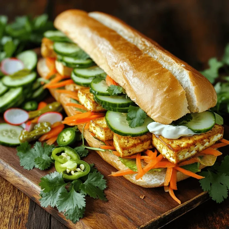 - Firm tofu (14 oz) - Soy sauce and sesame oil for marinating - Fresh vegetables: cucumber, carrot, radishes, jalapeño, and cilantro Tofu is the star of this dish. You’ll want firm tofu for the best texture. It holds its shape well when cooked. The soy sauce adds saltiness, while sesame oil brings a nice nutty flavor. Fresh veggies like cucumber and carrots add crunch. Radishes give a spicy kick, and jalapeños add heat. Don’t forget the cilantro for a burst of freshness! - Maple syrup and rice vinegar for flavor - Baguette or hoagie rolls - Mayonnaise (regular or vegan) Maple syrup balances the salty soy sauce. Rice vinegar adds a tangy touch. A good baguette or hoagie roll is key for the perfect sandwich. It should be crusty on the outside and soft inside. Mayonnaise, whether regular or vegan, adds creaminess. This blend of flavors makes each bite a delight! You can find the Full Recipe to guide you through this simple process. First, you need to mix the marinade. In a shallow dish, blend together: - 1/4 cup soy sauce - 2 tablespoons sesame oil - 1 tablespoon maple syrup - 1 tablespoon rice vinegar Make sure these ingredients are well combined. Next, take your firm tofu, which you pressed and sliced into 1/2-inch pieces. Place the tofu in the marinade, ensuring each piece is covered. Cover the dish and let the tofu marinate for at least 30 minutes. Turn the tofu occasionally for even flavor. Now it’s time to cook the tofu. Heat a non-stick skillet over medium heat. Once hot, add the marinated tofu slices. Cook for about 4-5 minutes on each side. You want them golden brown and slightly crispy. This will give you that perfect texture. Once cooked, remove the tofu from the heat and set it aside. While the tofu cooks, prepare your vegetable mix. In a bowl, combine: - 1 cucumber, thinly sliced - 1 large carrot, julienned - 1/2 cup radishes, thinly sliced - 1 small jalapeño, thinly sliced Add a pinch of salt to the mix and let it sit for about 5 minutes. This resting time helps the veggies release their flavors. You’ll notice they start to taste better. For the final assembly, slice the French baguette in half lengthwise. Lightly toast each half in the oven or on a skillet until warm and crispy. This usually takes 3-4 minutes. Spread mayonnaise on the inside of each toasted baguette half for added creaminess. Now, layer the sandwich. Start with the golden tofu slices, then add the marinated vegetable mix. Don’t forget to sprinkle chopped cilantro on top for freshness. Close the sandwich gently and press down to hold everything in place. Slice in half for easier handling. Enjoy your homemade Tofu Banh Mi! For the complete guide and recipe, check out the Full Recipe. Pressing tofu is key for great texture. It removes excess water. This step helps the tofu absorb flavors better. Before marinating, slice the tofu into 1/2-inch thick pieces. You can cook tofu in different ways: a skillet, a grill, or an air fryer. Each method gives a unique texture. A skillet gives a nice brown crust. The grill adds smoky flavors. The air fryer creates a crispy outside with a tender inside. To enhance your sandwich, try different mayonnaises. A spiced mayo can add a kick. Mix mayonnaise with sriracha for heat. You can also add honey for sweetness. If you like it spicy, toss in more jalapeños. For a sweeter taste, add extra maple syrup. Adjust these flavors to fit your taste. Serve your Tofu Banh Mi on a wooden board. This gives a rustic feel. Add a small dish of extra pickled veggies for crunch. Garnish the plate with cilantro leaves for color. Create layers of colors with fresh veggies. A nice presentation makes your meal more inviting. Try to make it look as good as it tastes. For more ideas, check the Full Recipe. {{image_4}} Tofu is great, but you can switch it up. Try tempeh or seitan for a different taste. Tempeh adds a nutty flavor, while seitan gives a chewy texture. Both are packed with protein and work well in this sandwich. You can also add other veggies like bell peppers or sprouts. They add crunch and freshness, making each bite exciting. If you need gluten-free choices, there are plenty. Look for gluten-free bread, like rice-based or corn tortillas. These can hold all your tasty fillings well. For the marinade, use tamari instead of soy sauce. It is gluten-free and keeps the flavor nice. Just check labels to ensure all ingredients fit your needs. Herbs and spices can make your sandwich pop. Try adding fresh basil or mint for a twist. You can also use chili flakes for some heat. Pickled veggies like carrots or daikon radish add tang and crunch. You can even mix in some mango or pineapple for a sweet surprise. Get creative with flavors to make it your own. For the full recipe, check out Tofu Banh Mi Delight. To keep your Tofu Banh Mi fresh, store it in the fridge. Wrap each assembled sandwich in plastic wrap or foil. This helps keep the bread from getting soggy. You can also place it in an airtight container. Enjoy your sandwich within two days for the best taste and texture. You can freeze marinated tofu. Place it in a freezer-safe bag and remove as much air as possible. For reheating, thaw it in the fridge overnight. Then, cook it in a skillet until warm. Store sliced bread and vegetables separately. This prevents the bread from getting stale and veggies from wilting. When reheating, add a splash of soy sauce to boost flavor. You can also sprinkle a bit of fresh cilantro on top for a burst of freshness. Try serving leftover Banh Mi with a side of pickled vegetables. This adds crunch and flavor to each bite. Tofu Banh Mi is a Vietnamese sandwich. It blends fresh veggies, marinated tofu, and baguette. The sandwich comes from Vietnam, where it mixes French and Vietnamese food. You taste sweet, spicy, and sour flavors in every bite. This dish is popular because it’s tasty and filling. To make a vegan Tofu Banh Mi, choose vegan mayonnaise instead of regular. Use plant-based sauces for flavor. You can also add more fresh herbs like mint or basil for extra taste. This keeps the sandwich fully vegan while still being delicious. Yes, you can prepare Tofu Banh Mi ahead of time. Marinate the tofu the night before. This allows the flavors to soak in well. For the veggies, mix them and store them in the fridge. Just assemble the sandwich right before serving for the best taste. You can add many fun ingredients to your Tofu Banh Mi. Try sliced avocado for creaminess. You can add more pickled veggies for a tangy kick. Fresh herbs like mint or basil also work well. Feel free to get creative with flavors and textures. For the full recipe, check out the details above. Tofu Banh Mi combines firm tofu, fresh veggies, and bold flavors. You learned how to marinate and cook the tofu to achieve the right texture. Assembling the sandwich with toasted bread adds a nice crunch. Also, I shared tips for variations and storage. This dish is versatile and perfect for any meal. Enjoy experimenting with new flavors and ingredients. You can make it your own while keeping it delicious and fun.