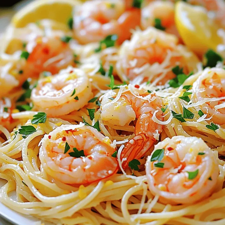 To make Lemon Garlic Shrimp Pasta, you need a few key ingredients that come together for a tasty meal. Here’s what you will need: - 8 oz spaghetti or linguine - 1 lb large shrimp, peeled and deveined - 4 cloves garlic, minced - 1/4 cup olive oil - 1 lemon, zested and juiced - 1/2 teaspoon red pepper flakes (adjust to taste) - Salt and black pepper to taste - 1/4 cup fresh parsley, chopped - Grated Parmesan cheese for serving (optional) You can use either fresh or frozen shrimp for this dish. Fresh shrimp has a sweet flavor. It cooks up nice and firm. Frozen shrimp is often just as good. It is usually frozen right after being caught. This keeps it fresh for you. Be sure to thaw frozen shrimp before cooking. Place it in the fridge overnight or run it under cold water for quick thawing. While spaghetti or linguine works great, feel free to switch it up! You can use penne, fettuccine, or even gluten-free pasta. Each type brings its own texture and taste. Choose what you enjoy or have on hand. If you want a healthier option, whole wheat pasta is also a great choice. Just remember to cook it according to the package instructions. For the full recipe, check out the detailed instructions! Start by boiling salted water in a large pot. Once it bubbles, add 8 oz of spaghetti or linguine. Cook according to the package directions until it feels firm yet tender, or al dente. This will usually take about 8-10 minutes. Before draining, save 1 cup of pasta water. This water adds flavor and helps with the sauce later. Drain the pasta and set it aside. Next, heat 1/4 cup of olive oil in a large skillet over medium heat. Once the oil is warm, add 4 cloves of minced garlic and 1/2 teaspoon of red pepper flakes. Cook for 1-2 minutes. You want the garlic to smell good but not brown. Then, add 1 lb of peeled and deveined shrimp to the skillet. Season them with salt and black pepper. Cook the shrimp for 2-3 minutes on one side. They will turn pink when ready. Flip them and cook for another 2 minutes until fully done. Now it’s time to bring it all together. Pour in the juice and zest of 1 lemon. Stir this mixture well to coat the shrimp and garlic. Add the drained pasta to the skillet. Toss everything gently to combine, ensuring the pasta gets coated. If the mixture seems dry, add some of the reserved pasta water until you reach your desired texture. Finally, remove the skillet from heat and stir in 1/4 cup of chopped fresh parsley. This adds a fresh touch and color. Adjust the seasoning if you need. Serve right away and enjoy a delicious meal. If you want, top it with grated Parmesan cheese. For more details, check the Full Recipe. To make your Lemon Garlic Shrimp Pasta shine, focus on the seasoning. Start with good salt. I like sea salt for its clean taste. Add it to the boiling pasta water. This step is key to flavoring your pasta. When cooking the shrimp, use salt and black pepper. Taste as you go. You want a nice balance. If you like heat, add more red pepper flakes. Just a pinch can make a big difference. Remember to mix in lemon zest and juice. This adds brightness and lifts the dish. Choosing the right wine can elevate your meal. For this dish, a crisp white wine works best. I recommend a Sauvignon Blanc or Pinot Grigio. Both wines have a fresh taste that pairs well with shrimp. Pour a glass while you cook, and enjoy the aromas! If you prefer red, go for a light Pinot Noir. It won’t overpower the dish. Serve the wine chilled for the best experience. Leftovers can be just as good! Store any pasta in an airtight container. Keep it in the fridge for up to three days. When you reheat, add a splash of olive oil. This helps keep it moist. You can also add a touch of lemon juice for extra flavor. If it seems dry, stir in a bit of pasta water. This dish tastes great even the next day! For more ideas, check out the Full Recipe. {{image_2}} You can boost your dish by adding fresh vegetables. Try spinach, bell peppers, or zucchini. These add color and taste. Simply sauté them with garlic before adding shrimp. This way, you get more vitamins and flavor in every bite. Do you like spice? Add more red pepper flakes for a kick. If you prefer mild, skip the flakes or use less. You can also add a pinch of paprika for warmth without too much heat. Adjusting spice levels makes the dish your own. If you need a gluten-free option, choose rice or corn pasta. They cook well and taste great. Just follow the package instructions for cooking time. This way, everyone can enjoy the lemon garlic shrimp pasta. After you enjoy your Lemon Garlic Shrimp Pasta, let it cool down. Place it in an airtight container. You can keep it in the fridge for up to three days. Make sure to store any sauce separately if possible. This helps keep the pasta from getting mushy. To reheat, use a skillet over medium heat. Add a splash of olive oil or a bit of water. This keeps it moist. Stir it often to heat evenly. You can also use the microwave. Heat in short bursts. Stir in between for the best results. If you want to save some for later, you can freeze it. Place the pasta in a freezer-safe container. Make sure to leave some space for expansion. It can last up to two months in the freezer. To eat, thaw it overnight in the fridge. Then reheat as mentioned above. Enjoy your meal again! You can use chicken or tofu as a shrimp substitute. Chicken adds a nice texture. Tofu is great for a plant-based option. You can also try scallops or fish. Just adjust the cooking time based on what you choose. Both will still pair well with lemon and garlic. To make this dish dairy-free, skip the Parmesan cheese. Instead, use nutritional yeast for a cheesy flavor. You can also use a dairy-free butter or olive oil. This keeps the dish rich and creamy without dairy. Fresh herbs will add flavor too! Yes, you can use whole wheat pasta instead of regular pasta. Whole wheat pasta adds more fiber and nutrients. It also has a nuttier flavor that complements the lemon and garlic nicely. Just remember to cook it a bit longer than white pasta, so it’s tender. This blog post covered key steps for cooking shrimp pasta. You learned about ingredients, cooking methods, and seasoning tips. I also shared storage ideas and answered common questions. Keep experimenting with flavors and variations to find what you love. Cooking should be fun and easy! Remember, you can always adjust the recipe to suit your taste. Enjoy your delicious shrimp pasta!