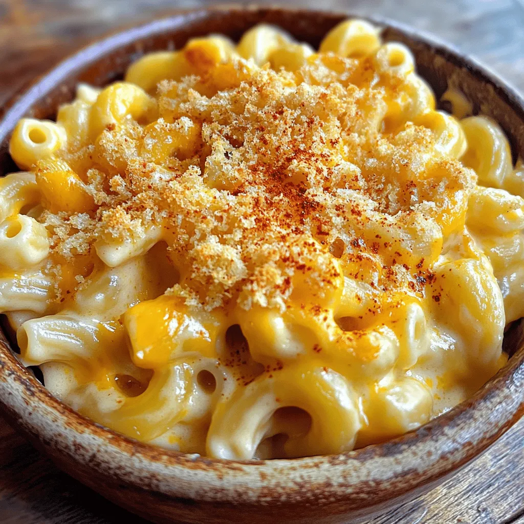To make cheesy baked macaroni and cheese, you will need: - 8 oz elbow macaroni - 2 cups shredded sharp cheddar cheese - 1 cup shredded mozzarella cheese - 4 tablespoons unsalted butter - 1/4 cup all-purpose flour - 2 cups milk (whole or 2%) - 1 teaspoon garlic powder - 1 teaspoon mustard powder - Salt and pepper to taste - 1/2 cup breadcrumbs - 2 tablespoons olive oil - 1/4 teaspoon paprika (optional for garnish) Choosing the right ingredients makes a big difference. I love using sharp cheddar cheese. It adds a deep flavor that really stands out. Mozzarella brings a nice gooey texture that everyone loves. For pasta, I recommend classic elbow macaroni. Its shape holds the cheese sauce well. Using fresh ingredients always enhances taste. Fresh butter and whole milk create a richer sauce. If you can, find high-quality cheese from a local shop. The flavor will shine through in every bite. You can easily swap some ingredients if needed. For cheese, feel free to use gouda for a smoky taste or pepper jack for a bit of spice. If you want a lighter option, try low-fat cheese. For gluten-free needs, use gluten-free pasta and flour in the recipe. This way, you can enjoy the same creamy goodness without worry. Don't hesitate to get creative with your ingredients! Check the full recipe for more tips. First, preheat your oven to 350°F (175°C). While the oven warms up, cook the elbow macaroni. Follow the package instructions and boil it until it’s al dente. This usually takes about 7-8 minutes. Drain the pasta and set it aside. Next, you need to make the roux. In a large saucepan, melt 4 tablespoons of unsalted butter over medium heat. Stir in 1/4 cup of all-purpose flour. Cook this mixture for 1-2 minutes, stirring constantly. This step helps to create a thick base for your cheese sauce. Now, gradually whisk in 2 cups of milk. I like to use whole or 2% milk for a creamier texture. Ensure there are no lumps as you whisk. Continue to cook the sauce, stirring often for about 5-7 minutes until it thickens. Once thickened, take it off the heat. Stir in 1 teaspoon of garlic powder, 1 teaspoon of mustard powder, salt, and pepper to taste. Now, add the 2 cups of shredded sharp cheddar cheese and 1 cup of shredded mozzarella cheese. Mix until the cheese melts and combines well with the sauce. Fold the cooked macaroni into the cheese sauce. Make sure every piece of pasta gets a nice coat of that creamy goodness. Pour your macaroni and cheese mixture into a greased 9x13 inch baking dish. In a small bowl, mix 1/2 cup of breadcrumbs with 2 tablespoons of olive oil. Mix until the breadcrumbs are well coated. Sprinkle this mixture evenly on top of the macaroni. Now, bake in your preheated oven for 25-30 minutes. You want the top to turn golden brown and crispy. If you like, sprinkle a little paprika on top for extra color before serving. Enjoy your delicious creation! For the full recipe, check out the earlier section. To make your macaroni and cheese creamy, focus on your cheese choices. Sharp cheddar and mozzarella work best. They melt well and give that gooey texture we all love. Use whole milk or 2% milk for a rich base. The thicker the milk, the creamier your sauce. Make sure to whisk the sauce well. This helps prevent lumps. Adding a bit of cream cheese or sour cream can boost creaminess too. One common mistake is overcooking the pasta. Cook it just until al dente; it should have a slight bite. If you cook it too long, the pasta becomes mushy after baking. Another mistake is not seasoning the cheese sauce enough. Taste as you go! Salt and pepper can enhance the flavor greatly. Lastly, don’t skip the breadcrumb topping. It adds a lovely crunch that balances the creamy sauce. To spice things up, try adding garlic powder or mustard powder, as stated in the recipe. These ingredients elevate the flavor without overpowering it. You can also mix in some herbs like thyme or rosemary for a fresh taste. For a kick, add a pinch of cayenne pepper or some diced jalapeños. Incorporating cooked bacon or ham can also give you a savory twist. Experiment with different cheeses, like gouda or pepper jack, for unique flavors. {{image_2}} You can easily boost your macaroni and cheese by adding protein. Bacon adds a nice crunch and smoky flavor. Cook it until crispy, crumble it, and mix it in. You can also add cooked chicken for a heartier meal. Shredded rotisserie chicken works well. For a fun twist, try adding diced ham. These proteins make your dish filling and tasty. Adding vegetables is a smart way to make your mac and cheese healthier. Spinach is a great choice. It wilts down nicely and adds color. Broccoli florets also work well. Steam them until tender and mix them in before baking. Cauliflower is another option. It adds creaminess without the extra calories. These veggies will make your dish vibrant and nutritious. Using different cheeses can elevate your macaroni and cheese. Gouda gives a rich, smoky flavor that pairs perfectly with the pasta. Pepper jack adds a spicy kick. Mixing sharp cheddar with cream cheese can create a creamy texture. You can also experiment with fontina or Monterey Jack for a unique taste. Blending different cheeses adds depth and makes each bite exciting. For the full recipe, follow the link to create your Cheesy Baked Macaroni and Cheese delight! Once you enjoy your cheesy baked macaroni and cheese, store the leftovers in the fridge. Use an airtight container to keep it fresh. It lasts about 3 to 5 days. If you notice any changes in smell or texture, it’s best to toss it out. You can freeze this dish if you want to save some for later. Let it cool completely before freezing. Place it in a freezer-safe container or wrap it tightly in plastic wrap. It will stay good for about 2 to 3 months. To reheat, thaw it in the fridge overnight. To reheat your macaroni and cheese, use the oven for the best texture. Preheat the oven to 350°F (175°C). Place it in a baking dish and cover with foil. Heat it for about 20 minutes, or until warm. If you want a crispy top, remove the foil for the last 5 minutes. You can also use the microwave, but this may make it less creamy. You can skip baking by making a stovetop version. Cook the macaroni as usual and make the cheese sauce. Mix them together in a pot. Stir until the cheese melts and coats the pasta. This gives you creamy, cheesy mac without an oven. Yes, whole wheat macaroni works well. It adds more fiber and a nutty taste. Just cook it a bit longer than regular macaroni. Keep an eye on it to get the right texture. Sharp cheddar is a favorite for its strong flavor. I also love mixing in mozzarella for creaminess. You can try gouda or fontina for something different. Feel free to mix and match to find your favorite combo! Prepare the macaroni and cheese as usual, then cool it down. Store it in the fridge for up to two days. When ready to eat, reheat it on the stove or in the oven. Add a splash of milk to keep it creamy. You can find the Full Recipe for more details on prepping! In this post, we covered how to make delicious baked macaroni and cheese. I shared a complete ingredient list, tips for quality, and substitutions. You learned step-by-step instructions, important tips, and variations to try. I also included storage tips for leftover mac and cheese. Remember, cooking is about experiments and having fun. Enjoy making your dish unique. अब, it’s time to get cooking and enjoy every cheesy bite!