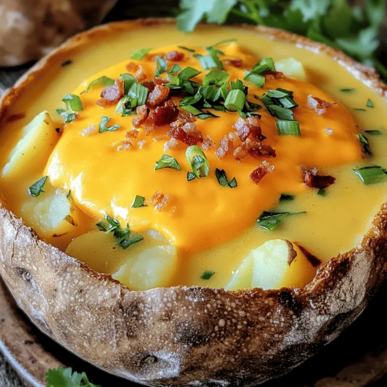 Loaded Baked Potato Soup is all about comfort and flavor. To make this hearty dish, you will need the following ingredients: - 4 large russet potatoes, peeled and diced - 1 cup sharp cheddar cheese, shredded - 1 cup sour cream - 4 cups chicken or vegetable broth - 1/2 cup green onions, sliced (plus extra for garnish) - 1/2 cup cooked bacon bits (or vegetarian bacon for a meat-free option) - 1/4 cup unsalted butter - 1/4 cup all-purpose flour - 1 teaspoon garlic powder - 1 teaspoon onion powder - Salt and pepper to taste These ingredients come together to create a creamy and rich soup that warms the soul. The russet potatoes provide a great base, while the cheddar cheese and sour cream add the perfect tang. You can easily switch out the bacon for a vegetarian option if you prefer. Each bite is full of flavor, making this soup a true delight. For the full recipe, check out the details above. Start by melting the butter in a large pot over medium heat. Once the butter is melted, add the flour to create a roux. Stir it constantly for about two minutes. This step helps to thicken your soup later. Gradually whisk in the chicken or vegetable broth. Keep whisking until the mixture is smooth and thickened. Cook this for another five minutes. This base gives your soup a rich flavor. Now, it’s time to add the star of the show: the potatoes! Add the diced potatoes along with garlic powder, onion powder, salt, and pepper to the pot. Stir everything well. Bring the mixture to a boil, then reduce the heat to low. Cover the pot and let it simmer for 15 to 20 minutes, or until the potatoes are soft. This step allows the flavors to blend nicely. Once the potatoes are tender, grab an immersion blender. Blend the soup to your desired consistency. You can make it completely smooth or leave some chunks for texture. After blending, stir in the sour cream and half of the cheddar cheese. Mix until everything is well combined and heated through. Taste your soup, and adjust the seasoning if needed. For the final touch, serve your soup hot. Top it with the remaining cheese, crispy bacon bits, and sliced green onions. This adds flavor and a nice crunch. For the full recipe, be sure to check the detailed instructions above. - Cut your potatoes into even pieces. This helps them cook at the same time. - Use an immersion blender for easy blending. It makes the soup smooth and creamy. - Serve your soup in rustic bread bowls. This adds a cozy touch. - Top your soup with extra cheese, crispy bacon, and sliced green onions. These toppings add flavor and fun. - If your soup is too thin, thicken it with more flour. Just a little will do. - If your soup is too thick, add more broth. This will help reach your perfect texture. For the full recipe, check the details above! {{image_2}} To make a vegetarian version of loaded baked potato soup, swap out the bacon for sautéed mushrooms. Mushrooms add a rich, umami flavor that enhances the soup. You can use any kind of mushrooms you like, such as cremini or shiitake. Next, instead of chicken broth, use vegetable broth. This keeps the soup hearty while ensuring it’s meat-free. With these changes, you keep the soup delicious and satisfying. If you want to kick up the flavor, add some spices. Smoked paprika gives a nice depth, while chili powder adds warmth. Both spices can transform the soup into something special. For those who like heat, a splash of hot sauce can work wonders. Just a few drops can make your taste buds dance! For a richer, creamier soup, use heavy cream instead of sour cream. This will give the soup a velvety texture. If you prefer a tangy taste, swap sour cream with Greek yogurt. This option still keeps the soup creamy but adds a nice zing. Each choice leads to a different experience in every bowl. For the complete recipe, check out the [Full Recipe]. Store your Loaded Baked Potato Soup in an airtight container. It stays fresh for up to 4 days. I find it best to let it cool first before sealing. This helps keep the flavors intact. If you plan to enjoy it later, proper storage is key. This soup freezes well for up to 3 months. When you freeze it, use a freezer-safe container. Make sure to leave some space at the top for expansion. When you want to eat it, just reheat gently. This keeps the creamy texture smooth and inviting. To reheat, warm it on the stove over low heat. Stir often to avoid sticking. If the soup seems thick, add a splash of broth. This brings back its creamy goodness. I recommend avoiding the microwave if you want to keep it creamy. The stovetop method is much better for flavor. Yes, prepare the soup and store in the fridge overnight. This makes meal prep easy. When you’re ready, just reheat it for a warm, tasty meal. Add more flour or use a cornstarch slurry for thickening. Start with a little and stir well. Keep adding until you reach your desired thickness. Pair with crusty bread, salad, or a sandwich for a complete meal. These sides add balance and texture to your soup experience. Gently reheat on the stovetop, adding broth if necessary to maintain consistency. Stir often to avoid hot spots and ensure even heating. Use gluten-free flour for a gluten-free option (check all other ingredients). This way, everyone can enjoy this delicious soup without worry. This blog post covered how to make delicious Loaded Baked Potato Soup. We discussed the key ingredients, step-by-step instructions, and useful tips. You can choose variations to suit your taste. Storage tips ensure your soup stays fresh, whether in the fridge or freezer. Now, you can enjoy this classic dish at home. With simple ingredients and easy steps, it’s a fun recipe to try. Make it your own by adjusting flavors and toppings. Enjoy your cooking and the great taste of this soup!