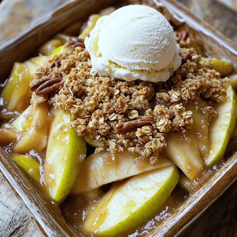 The main ingredients make this crisp a treat. Here’s what you’ll need: - 4 large Granny Smith apples, peeled and sliced - 1 tablespoon lemon juice - ½ cup brown sugar - 1 teaspoon cinnamon - ½ teaspoon nutmeg - 1 cup rolled oats - ½ cup all-purpose flour - ½ cup unsalted butter, melted - ¼ cup chopped pecans (optional) - A pinch of salt Each ingredient plays a role. The apples provide sweetness and tartness. The lemon juice keeps them fresh. Brown sugar adds depth. Cinnamon and nutmeg bring warmth and spice. Oats and flour create a crunchy topping. You can customize your apple crisp with fun add-ins. Here are some ideas: - Raisins or dried cranberries for a chewy texture - Chopped walnuts for more crunch - A splash of vanilla extract for extra flavor Feel free to mix and match. These add-ins can change the taste and make your dish unique. If you have dietary needs, don’t worry! Here are some swaps you can try: - Use gluten-free oats and flour for a gluten-free option. - Swap butter for coconut oil if you want a dairy-free version. - Use maple syrup instead of brown sugar for a natural sweetener. These substitutions keep the flavor while fitting your diet. Enjoy baking this apple crisp with your own twist! Start by peeling and slicing 4 large Granny Smith apples. These apples are tart, which balances the sweetness well. Place the apple slices in a big bowl. Add 1 tablespoon of lemon juice to keep them fresh. Then, sprinkle in ½ cup of brown sugar, 1 teaspoon of cinnamon, ½ teaspoon of nutmeg, and a pinch of salt. Mix everything gently until the apples are well coated. This step boosts the flavor and makes the apples soft when baked. In another bowl, combine 1 cup of rolled oats, ½ cup of all-purpose flour, and ½ cup of melted unsalted butter. If you like, add ¼ cup of chopped pecans for crunch. Stir the mix until it looks crumbly. The oats and flour create a tasty topping that gets crispy as it bakes. This contrast makes each bite special. Preheat your oven to 350°F (175°C). Spread the apple mixture evenly in a greased 9x13 inch baking dish. Then, sprinkle the oat topping over the apples. Bake for about 35-40 minutes. Watch for the apples to bubble and the topping to turn golden brown. Let it cool for a few minutes before serving. Enjoy this delight warm, maybe with a scoop of vanilla ice cream on top! For the full recipe, check out the complete guide. To get the best crisp, use a mix of oats and flour. The oats add chewiness, while the flour helps bind the topping. Always melt the butter before mixing it in. This makes the crisp golden and crunchy. Don't overmix the topping. You want it crumbly, not a dough. Adding spices makes your baked apple crisp pop! Cinnamon is the star here. It brings warmth and sweetness. Nutmeg adds a hint of spice. You can also try ginger for a kick. A touch of vanilla extract blends well too. Remember, balance is key. Serve your baked apple crisp warm. A scoop of vanilla ice cream on top makes it special. You can also add a sprinkle of cinnamon for flair. If you like nuts, sprinkle more pecans on top. For a fun twist, drizzle caramel sauce over it. Enjoy with family and friends! For the complete recipe, check out the Full Recipe. {{image_2}} To spice up your baked apple crisp, try adding more warm flavors. Cinnamon gives great taste, but also consider adding ginger or allspice. These spices add a cozy fall vibe. You can mix in 1/4 teaspoon of ground ginger or allspice with the other spices. This twist makes each bite truly special. If you want a gluten-free version, swap the all-purpose flour for almond flour or gluten-free flour. Use certified gluten-free oats too. This change keeps the dish tasty without the gluten. Just make sure to check labels while shopping. Your friends with gluten sensitivities will love this option! Think beyond apples! You can mix in pears, berries, or peaches. For a fun twist, use one cup of your favorite fruit along with apples. This adds flavor and color. Combining different fruits creates a unique dish. Let your creativity shine in the kitchen! For the full recipe, see the Autumn Delight Baked Apple Crisp. To keep your baked apple crisp fresh, let it cool first. Once cool, cover it tightly with plastic wrap or aluminum foil. You can also transfer it to an airtight container. Store it in the fridge. It stays fresh for up to four days. If you want to enjoy it later, freezing is a great option. When you are ready to enjoy your apple crisp again, preheat your oven to 350°F (175°C). Place the leftover crisp in an oven-safe dish. Cover it with foil to prevent it from getting too dry. Heat for about 15 to 20 minutes until warm. You can also microwave individual portions. Heat for 30 seconds to 1 minute. Just check to avoid overheating. Freezing apple crisp is easy. Slice it into portions before freezing. Wrap each portion in plastic wrap and then in foil. You can store it in a freezer-safe bag or container. It freezes well for up to three months. When you want to eat it, thaw it in the fridge overnight. Then, reheat as mentioned before. Enjoy your treat anytime! Yes, you can use different apples. Granny Smith apples are tart and hold their shape well. You can also try Fuji, Honeycrisp, or Braeburn apples. Each type gives a unique flavor. Mixing sweet and tart apples can make your crisp even better. Experiment and find your favorite blend! You can tell it's done when the apples bubble and the topping turns golden brown. After about 35-40 minutes at 350°F, check it closely. The apples should be soft but not mushy. Let it cool a bit before serving. This will help the juices set. Baked apple crisp is great on its own, but you can make it even better! Serve it warm with vanilla ice cream on top. Whipped cream also pairs well. Add a sprinkle of cinnamon or chopped nuts for extra crunch. You can even drizzle caramel sauce for a sweet touch. Enjoy the mix of warm and cold! In this post, we explored how to make a delicious baked apple crisp. You learned about key ingredients, cooking steps, and helpful tips to achieve a perfect crisp. We shared ideas for variations and ways to store leftovers, ensuring you can enjoy this dessert anytime. Baked apple crisp is simple and fun to make. With these guidelines, you'll impress everyone with your dish. Enjoy every bite and share it with those you love.