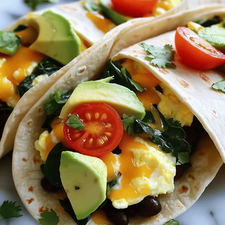 - Flour tortillas: Choose large ones for easy wrapping. They hold the filling well. - Eggs and milk mixture: Use six large eggs and half a cup of milk. This makes the eggs fluffy. - Black beans, spinach, and cherry tomatoes: One cup of black beans gives protein. Fresh spinach adds nutrients. Cherry tomatoes bring sweetness. - Types of cheese to use: I love using cheddar or pepper jack. They melt well and add flavor. - Tips for selecting ripe avocados: Look for avocados that feel slightly soft. Avoid ones that are mushy. A ripe avocado will enhance the taste of your burrito. - Ground cumin and chili powder: One teaspoon of cumin and half a teaspoon of chili powder give warmth. They add a nice kick to your eggs. - Additional seasonings for customization: You can add garlic powder or onion powder for more depth. Experiment with what you love! For the full recipe, check out the details above and start cooking! To start, grab a large bowl. Crack the eggs into the bowl and add the milk. Whisk them together until smooth. This step makes the eggs fluffy. Now, add ground cumin, chili powder, salt, and pepper. Mix these spices well to flavor the eggs. Next, heat olive oil in a large skillet over medium heat. Once hot, add the chopped spinach. Cook it for about 2 minutes until it wilts. This step adds color and nutrients. After that, pour in the egg mixture. Stir gently as the eggs cook for about 5-6 minutes. They should be soft and scrambled. Add black beans and halved cherry tomatoes. Stir these in for another 2-3 minutes until warmed through. Now, it's time to assemble your burritos. Take a tortilla and place a generous scoop of the egg and veggie mix in the center. Don’t overfill! Add a few slices of avocado on top. Then, fold in the sides of the tortilla. Roll from the bottom up to close the burrito tightly. This keeps all the goodness inside. For a perfect finish, reheat the skillet. Place the burritos seam-side down to toast them lightly. Cook for 1-2 minutes on each side. This adds a nice crisp texture. When done, serve warm and garnish with fresh cilantro on top. Enjoy your homemade breakfast burritos! To make fluffy scrambled eggs, use low heat. Stir gently while cooking. This helps keep the eggs light and airy. Adding milk to the eggs also adds creaminess. Avoid overcooking the eggs; they should still be soft when you take them off the heat. To prevent soggy burritos, do not overfill them. Use just enough filling to allow easy wrapping. Let cooked ingredients cool slightly before adding them to the tortillas. This step helps keep the tortillas from getting wet. You can easily add proteins to your burrito. Crisp up some bacon or cook sausage for extra flavor. If you prefer a vegetarian meal, use more beans or add mushrooms. You can also try different veggies like bell peppers or zucchini for a fresh twist. Enhance your burritos with salsas or sauces. A fresh tomato salsa adds a bright taste. You can also try avocado salsa for creaminess. Fresh herbs like cilantro or green onions give a pop of flavor. Don't forget a squeeze of lime to brighten everything up! {{image_2}} You can change up your breakfast burritos to suit your taste. For a Southwest twist, add some spicy chorizo and jalapeños. The heat pairs well with eggs and cheese. Use fresh cilantro and avocado to cool it down. For a Mediterranean flavor, swap in feta cheese and olives. Add some sun-dried tomatoes and fresh basil for extra taste. This mix gives your burrito a bright and zesty kick. If you need gluten-free options, look for corn tortillas. They work great and are easy to find. Check labels to ensure they are truly gluten-free. For those who avoid dairy, use vegan cheese or skip it altogether. Nutritional yeast can add a cheesy flavor without the dairy. There are many tasty options for everyone. Pair your breakfast burritos with fresh fruit or a light salad. A side of salsa or guacamole adds a fun twist. You can even serve them with a smoothie for a refreshing drink. Enjoy your meal with friends and family for a great start to the day. To keep your breakfast burritos fresh, store them in the fridge. Wrap each burrito in plastic wrap or foil. Place them in an airtight container. This helps to keep them from drying out. If you want to save them for later, freezing is a great option. Wrap each burrito in plastic wrap first. Then, place them in a freezer bag. Be sure to remove as much air as possible. They can last up to three months in the freezer. When you’re ready to eat, you can reheat your burritos in a few ways. The best method is using an oven. Preheat it to 350°F (175°C). Place the burrito on a baking sheet and cover it with foil. Heat for about 15-20 minutes. This keeps the tortilla crispy. You can also use a microwave. Place the burrito on a microwave-safe plate. Cover it with a damp paper towel to keep it moist. Heat for about 1-2 minutes. Check if it’s warm enough. Breakfast burritos last about 3-4 days in the fridge. If they are wrapped well, they stay fresh. In the freezer, they can last up to three months. Just remember to label your freezer bags with the date. This helps you keep track of how long they’ve been stored. Enjoy your breakfast burritos any day of the week! You can make breakfast burritos ahead by preparing the filling. Cook the eggs, beans, and veggies as usual. Let them cool completely. Then, fill the tortillas and wrap them tightly. Store them in a sealed container in the fridge for up to three days. For longer storage, freeze the burritos. Wrap each burrito in foil or plastic wrap. Place them in a freezer-safe bag. When you’re ready to eat, reheat them in the oven or microwave. Yes, you can use corn tortillas. They add a nice flavor and are gluten-free. Corn tortillas are smaller, so you may need to adjust the filling amount. Warm the corn tortillas before filling to prevent cracking. You can use a dry skillet on medium heat for a few seconds on each side. This softens them and enhances their taste, making your burrito even better. You can replace black beans with several options. Try pinto beans for a similar taste. Chickpeas add a nice texture and protein. If you prefer meat, cooked sausage or bacon work well. For a veggie option, use sautéed mushrooms or zucchini. Each substitute brings its own flavor, so feel free to experiment with what you like best! You learned how to make tasty breakfast burritos with fresh ingredients and simple steps. Remember to choose ripe avocados, whip your eggs, and sauté your veggies just right. Customizing your burrito can add a fun twist, so don’t be afraid to try new flavors. Follow the tips for storing and reheating to enjoy leftovers later. With these ideas, you can create the perfect breakfast burrito that suits your tastes every time. Now it's time to get cooking and enjoy!