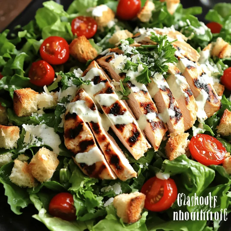 - 2 boneless, skinless chicken breasts - Romaine lettuce - Cherry tomatoes - Parmesan cheese - Croutons The main ingredients of this salad make it fresh and tasty. The chicken provides protein, while the romaine lettuce gives a nice crunch. Cherry tomatoes add a burst of sweetness. Parmesan cheese brings rich flavor, and croutons add texture. - 1/4 cup Greek yogurt - 2 tablespoons lemon juice - 1 tablespoon Dijon mustard - 1 teaspoon Worcestershire sauce The dressing plays a key role in this salad. Greek yogurt makes it creamy and healthy. Lemon juice adds brightness, while Dijon mustard gives a touch of spice. Worcestershire sauce adds depth and umami flavor, making the salad more interesting. - 1 tablespoon olive oil - 1 teaspoon garlic powder - 1 teaspoon paprika - Salt and pepper Marinating the chicken adds flavor and keeps it juicy. Olive oil helps the spices stick to the chicken. Garlic powder and paprika enhance the taste, while salt and pepper add balance. This simple mix transforms plain chicken into a mouthwatering dish. For the full recipe, you can check the details above. To start, we need to prepare the marinade. In a bowl, mix together the olive oil, garlic powder, paprika, salt, and pepper. This blend adds a nice flavor to the chicken. Take your two boneless, skinless chicken breasts and coat them well in the marinade. Make sure every bit is covered. Let the chicken sit for at least 20 minutes. This time allows the flavors to soak in and makes the chicken taste great. Next, it’s time to grill the chicken. Preheat your grill to medium-high heat. This step is key for getting nice grill marks and juicy meat. Place the marinated chicken on the grill and cook for about 6 to 7 minutes on each side. You want the inside to reach 165°F (75°C). Once cooked, take the chicken off the grill and let it rest for a few minutes. Resting helps keep the juices locked in. After that, slice the chicken into strips for the salad. Now, let’s make the dressing. In a small bowl, whisk together the Greek yogurt, lemon juice, Dijon mustard, Worcestershire sauce, and a pinch of salt and pepper. Mix until it’s smooth and creamy. Taste it to see if you want more seasoning. To assemble the salad, grab a large salad bowl. Add the chopped romaine lettuce and halved cherry tomatoes. Then, layer the sliced grilled chicken on top. Sprinkle croutons and grated Parmesan cheese for that classic Caesar flavor. Finally, pour your dressing over the salad and toss gently. Make sure everything is coated well. For a finishing touch, sprinkle some fresh parsley on top. For the full recipe, check out the Zesty Grilled Chicken Caesar Salad. To make great grilled chicken, start with your grill hot. Preheat it to medium-high heat. Grill the chicken for about 6-7 minutes on each side. It's key to check the chicken's internal temperature. It should reach 165°F (75°C). This ensures the chicken is safe to eat and juicy. Let the chicken rest after grilling. This helps keep it moist. The dressing makes the salad pop. Start with Greek yogurt for creaminess. Add lemon juice for tang. Dijon mustard gives a nice kick. You can tweak the flavors! Want it zestier? Add more lemon juice. For a richer flavor, try adding minced garlic. Taste as you go to get it just right. You can also use fresh herbs like basil for a fresh twist. Layering the salad well makes it look amazing. Start with the chopped romaine lettuce at the bottom. Add the halved cherry tomatoes next. Slice your grilled chicken and place it on top. Sprinkle grated Parmesan cheese all over. Finish with croutons for crunch. Drizzle the dressing evenly over the salad. Toss gently to mix without crushing the ingredients. This keeps it fresh and inviting. For the full recipe, check out the details above. {{image_2}} You can switch up the protein in your Grilled Chicken Caesar Salad. Shrimp is a great choice. It cooks quickly and adds a nice flavor. Just season them like the chicken and grill for about 3-4 minutes on each side. Tofu is also a tasty option. It absorbs flavors well. You can marinate it and grill it for a smoky taste. Both options make this salad more fun and diverse. Adding more veggies or grains can make your salad exciting. Consider bell peppers for crunch or cucumbers for freshness. Roasted corn can add a sweet twist, while avocado brings creaminess. For grains, try quinoa or farro. They give the salad a hearty feel and boost nutrition. Mix and match to find your favorite combo. If you want a different dressing, you have options. For a lighter version, mix yogurt with lemon juice and herbs. It keeps the salad fresh and tangy. If you prefer something creamier, use a blend of Greek yogurt and mayo. This adds richness while still being tasty. Experiment with flavors to find what you love! To store leftovers, place the salad in an airtight container. This keeps it fresh. Store the chicken and salad separately if you can. The salad may get soggy with the dressing. Keep it in the fridge for up to three days. If you see any signs of spoilage, do not eat it. You can freeze the grilled chicken but not the salad. Wrap the chicken well in plastic wrap. Then, place it in a freezer bag or container. It will last up to three months in the freezer. When ready to eat, thaw it in the fridge overnight. This keeps the food safe and tasty. To reheat the chicken, use a microwave or oven. For the microwave, place it on a plate. Heat it for 1-2 minutes until warm. In the oven, preheat to 350°F (175°C). Place the chicken on a baking sheet and heat for 10-15 minutes. Avoid reheating the salad. Instead, prepare it fresh with new dressing. This keeps it crisp and flavorful. For the full recipe, check the linked section above. To keep your chicken tender and juicy, marinate it for at least 20 minutes. Use a mix of olive oil, garlic powder, and paprika. This blend helps lock in moisture. Keep the chicken in the fridge while it marinates. If you have more time, marinate it for up to 4 hours for even better flavor. Always let the chicken rest after grilling; this keeps it juicy when you slice it. Yes, you can prep this salad ahead. Grill the chicken and store it in the fridge. Chop the romaine and tomatoes, then keep them in a sealed container. Keep the dressing separate until you are ready to serve. This way, the salad stays fresh. You can assemble everything just before serving for the best taste and texture. If you want a substitute for Greek yogurt, try using sour cream. It has a similar texture and tangy flavor. Another option is to use mayonnaise for a richer taste. For a dairy-free option, blend silken tofu with lemon juice. Each alternative will change the flavor slightly, but all work well in the dressing. This blog post covered how to make a delicious grilled chicken salad. We discussed the main ingredients like chicken, lettuce, and tomatoes, along with a tasty yogurt dressing. I shared steps for marinating and grilling the chicken, plus tips for a perfect salad. Don't forget the variations to keep it interesting. You can swap proteins or change the dressing. Following my storage tips lets you enjoy leftovers. With these ideas, you can create a fresh and healthy meal every time. Enjoy your cooking adventure!