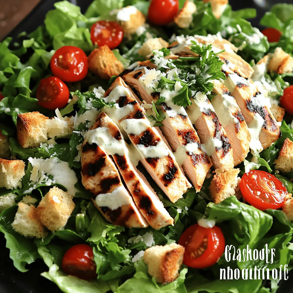 - 2 boneless, skinless chicken breasts - Romaine lettuce - Cherry tomatoes - Parmesan cheese - Croutons The main ingredients of this salad make it fresh and tasty. The chicken provides protein, while the romaine lettuce gives a nice crunch. Cherry tomatoes add a burst of sweetness. Parmesan cheese brings rich flavor, and croutons add texture. - 1/4 cup Greek yogurt - 2 tablespoons lemon juice - 1 tablespoon Dijon mustard - 1 teaspoon Worcestershire sauce The dressing plays a key role in this salad. Greek yogurt makes it creamy and healthy. Lemon juice adds brightness, while Dijon mustard gives a touch of spice. Worcestershire sauce adds depth and umami flavor, making the salad more interesting. - 1 tablespoon olive oil - 1 teaspoon garlic powder - 1 teaspoon paprika - Salt and pepper Marinating the chicken adds flavor and keeps it juicy. Olive oil helps the spices stick to the chicken. Garlic powder and paprika enhance the taste, while salt and pepper add balance. This simple mix transforms plain chicken into a mouthwatering dish. For the full recipe, you can check the details above. To start, we need to prepare the marinade. In a bowl, mix together the olive oil, garlic powder, paprika, salt, and pepper. This blend adds a nice flavor to the chicken. Take your two boneless, skinless chicken breasts and coat them well in the marinade. Make sure every bit is covered. Let the chicken sit for at least 20 minutes. This time allows the flavors to soak in and makes the chicken taste great. Next, it’s time to grill the chicken. Preheat your grill to medium-high heat. This step is key for getting nice grill marks and juicy meat. Place the marinated chicken on the grill and cook for about 6 to 7 minutes on each side. You want the inside to reach 165°F (75°C). Once cooked, take the chicken off the grill and let it rest for a few minutes. Resting helps keep the juices locked in. After that, slice the chicken into strips for the salad. Now, let’s make the dressing. In a small bowl, whisk together the Greek yogurt, lemon juice, Dijon mustard, Worcestershire sauce, and a pinch of salt and pepper. Mix until it’s smooth and creamy. Taste it to see if you want more seasoning. To assemble the salad, grab a large salad bowl. Add the chopped romaine lettuce and halved cherry tomatoes. Then, layer the sliced grilled chicken on top. Sprinkle croutons and grated Parmesan cheese for that classic Caesar flavor. Finally, pour your dressing over the salad and toss gently. Make sure everything is coated well. For a finishing touch, sprinkle some fresh parsley on top. For the full recipe, check out the Zesty Grilled Chicken Caesar Salad. To make great grilled chicken, start with your grill hot. Preheat it to medium-high heat. Grill the chicken for about 6-7 minutes on each side. It's key to check the chicken's internal temperature. It should reach 165°F (75°C). This ensures the chicken is safe to eat and juicy. Let the chicken rest after grilling. This helps keep it moist. The dressing makes the salad pop. Start with Greek yogurt for creaminess. Add lemon juice for tang. Dijon mustard gives a nice kick. You can tweak the flavors! Want it zestier? Add more lemon juice. For a richer flavor, try adding minced garlic. Taste as you go to get it just right. You can also use fresh herbs like basil for a fresh twist. Layering the salad well makes it look amazing. Start with the chopped romaine lettuce at the bottom. Add the halved cherry tomatoes next. Slice your grilled chicken and place it on top. Sprinkle grated Parmesan cheese all over. Finish with croutons for crunch. Drizzle the dressing evenly over the salad. Toss gently to mix without crushing the ingredients. This keeps it fresh and inviting. For the full recipe, check out the details above. {{image_2}} You can switch up the protein in your Grilled Chicken Caesar Salad. Shrimp is a great choice. It cooks quickly and adds a nice flavor. Just season them like the chicken and grill for about 3-4 minutes on each side. Tofu is also a tasty option. It absorbs flavors well. You can marinate it and grill it for a smoky taste. Both options make this salad more fun and diverse. Adding more veggies or grains can make your salad exciting. Consider bell peppers for crunch or cucumbers for freshness. Roasted corn can add a sweet twist, while avocado brings creaminess. For grains, try quinoa or farro. They give the salad a hearty feel and boost nutrition. Mix and match to find your favorite combo. If you want a different dressing, you have options. For a lighter version, mix yogurt with lemon juice and herbs. It keeps the salad fresh and tangy. If you prefer something creamier, use a blend of Greek yogurt and mayo. This adds richness while still being tasty. Experiment with flavors to find what you love! To store leftovers, place the salad in an airtight container. This keeps it fresh. Store the chicken and salad separately if you can. The salad may get soggy with the dressing. Keep it in the fridge for up to three days. If you see any signs of spoilage, do not eat it. You can freeze the grilled chicken but not the salad. Wrap the chicken well in plastic wrap. Then, place it in a freezer bag or container. It will last up to three months in the freezer. When ready to eat, thaw it in the fridge overnight. This keeps the food safe and tasty. To reheat the chicken, use a microwave or oven. For the microwave, place it on a plate. Heat it for 1-2 minutes until warm. In the oven, preheat to 350°F (175°C). Place the chicken on a baking sheet and heat for 10-15 minutes. Avoid reheating the salad. Instead, prepare it fresh with new dressing. This keeps it crisp and flavorful. For the full recipe, check the linked section above. To keep your chicken tender and juicy, marinate it for at least 20 minutes. Use a mix of olive oil, garlic powder, and paprika. This blend helps lock in moisture. Keep the chicken in the fridge while it marinates. If you have more time, marinate it for up to 4 hours for even better flavor. Always let the chicken rest after grilling; this keeps it juicy when you slice it. Yes, you can prep this salad ahead. Grill the chicken and store it in the fridge. Chop the romaine and tomatoes, then keep them in a sealed container. Keep the dressing separate until you are ready to serve. This way, the salad stays fresh. You can assemble everything just before serving for the best taste and texture. If you want a substitute for Greek yogurt, try using sour cream. It has a similar texture and tangy flavor. Another option is to use mayonnaise for a richer taste. For a dairy-free option, blend silken tofu with lemon juice. Each alternative will change the flavor slightly, but all work well in the dressing. This blog post covered how to make a delicious grilled chicken salad. We discussed the main ingredients like chicken, lettuce, and tomatoes, along with a tasty yogurt dressing. I shared steps for marinating and grilling the chicken, plus tips for a perfect salad. Don't forget the variations to keep it interesting. You can swap proteins or change the dressing. Following my storage tips lets you enjoy leftovers. With these ideas, you can create a fresh and healthy meal every time. Enjoy your cooking adventure!