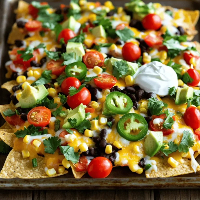 To make Loaded Veggie Sheet Pan Nachos, gather these fresh and tasty ingredients: - 1 bag of tortilla chips - 1 cup black beans, rinsed and drained - 1 cup corn kernels (fresh or frozen) - 1 red bell pepper, diced - 1 jalapeño, sliced (optional, for spice) - 1 avocado, diced - 1 cup cherry tomatoes, halved - 1 cup shredded cheese (cheddar, Monterey Jack, or a mix) - 1/2 cup sour cream or Greek yogurt - 1/4 cup fresh cilantro, chopped - 1 tablespoon olive oil - 1 teaspoon cumin - 1 teaspoon chili powder - Salt and pepper, to taste Using high-quality ingredients makes a big difference. Choose tortilla chips that are thick and sturdy. This ensures they hold all the toppings well. For the cheese, select a good blend of cheddar and Monterey Jack. They melt nicely and add great flavor. Fresh veggies, like the bell pepper and tomatoes, add crunch and color. If possible, use organic produce for better taste and health benefits. Lastly, fresh herbs like cilantro elevate the dish with bright notes. Loaded Veggie Sheet Pan Nachos are not just fun; they can be healthy too! This dish is rich in fiber from the black beans and corn. The avocado provides healthy fats. Each serving has a good mix of protein and carbs. A typical serving (about one-sixth of the recipe) contains approximately: - Calories: 350 - Protein: 15g - Carbohydrates: 35g - Fat: 20g - Fiber: 8g These nachos are a great choice for a snack or meal. You can enjoy them guilt-free while still getting a burst of flavor. For the full recipe, check out the details in the previous section. First, gather all your ingredients. You will need tortilla chips, black beans, corn, a red bell pepper, jalapeño, avocado, cherry tomatoes, cheese, sour cream or Greek yogurt, cilantro, olive oil, cumin, chili powder, salt, and pepper. Make sure to rinse and drain the black beans. Dice the red bell pepper and avocado, and slice the jalapeño if you want some heat. Next, preheat your oven to 400°F (200°C). On a large sheet pan, spread the tortilla chips out evenly. In a medium bowl, mix the black beans, corn, diced red bell pepper, and jalapeño. Drizzle olive oil over this mix, then add cumin, chili powder, salt, and pepper. Stir well until everything is coated. Scatter this veggie mix over the tortilla chips. Now, take your shredded cheese and sprinkle it generously on top of the loaded nachos. Bake in the preheated oven for about 10-12 minutes. You want the cheese to melt and bubble up nicely. When the nachos are done, carefully remove the sheet pan from the oven. Top your nachos with the diced avocado and halved cherry tomatoes. Add dollops of sour cream or Greek yogurt on top. Finally, sprinkle fresh cilantro over everything. For a fun touch, serve directly on the sheet pan or move them to a large platter. You can garnish with extra cilantro and lime wedges for some added zest. Enjoy your Loaded Veggie Sheet Pan Nachos! For more details, check out the Full Recipe. To make the best nachos, follow a few simple tips: - Use thick tortilla chips. They hold up better with toppings. - Spread the chips evenly on the pan. This helps them cook evenly. - Layer toppings well. Start with beans, then veggies, and finish with cheese. - Don’t overload the nachos. Too many toppings can make them soggy. Prep your ingredients for a smooth cooking experience: - Rinse and drain black beans to remove extra salt. - Dice the red bell pepper small for even cooking. - If using fresh corn, cut it off the cob for a sweet crunch. - For a spicy kick, slice the jalapeño thinly. Remove seeds for less heat. - Dice the avocado last to avoid browning. Squeeze lime juice over it to keep it fresh. Using the right tools helps you cook better: - A large sheet pan is key for spreading chips and toppings. - Use a mixing bowl for the bean and veggie mix. - A sharp knife makes chopping quick and easy. - A spatula or spoon helps to spread the cheese evenly. - Oven mitts are a must for safety when removing the hot pan. For the full recipe, check out the Loaded Veggie Sheet Pan Nachos. Enjoy your cooking! {{image_2}} You can easily change up the flavors in your Loaded Veggie Sheet Pan Nachos. Instead of black beans, try pinto beans or kidney beans. Both add a nice taste and texture. You can also swap corn for roasted red peppers or sautéed mushrooms. These choices bring new flavors to your nachos. If you want a cheese twist, use pepper jack cheese for a spicy kick. Or, opt for a smoked cheese to add depth. Fresh herbs like basil or parsley can replace cilantro if you prefer. Each swap makes your nachos unique! Looking to boost the protein? There are many options. You could add grilled chicken, shredded beef, or ground turkey. These meats pair well with the veggies. For a meatless option, try lentils or chickpeas. Both are high in protein and taste great on nachos. Another fun choice is adding tofu. Crumble firm tofu and season it with your favorite spices. This adds a protein punch without meat. Just make sure to drain it well before using. Making this dish vegan is easy! Just skip the cheese and sour cream. You can use cashew cheese or a vegan cheese brand. Look for options that melt well. For the sour cream, try a plant-based yogurt. These swaps keep the flavors while fitting a vegan diet. If you need a gluten-free option, choose tortilla chips labeled gluten-free. Most brands offer great choices. Just check the label to be sure. This way, everyone can enjoy your loaded nachos without worry. For the full recipe, check out the details above. After you enjoy your Loaded Veggie Sheet Pan Nachos, you might have some left. To store them, let the nachos cool down. Then, place them in an airtight container. This keeps them fresh for up to two days. Avoid stacking them too high, or the chips might break. When you're ready to eat the leftovers, reheating is easy. Preheat your oven to 350°F (175°C). Spread the nachos on a baking sheet. Heat them for about 10 minutes. This brings back their crispy texture. You can also use a microwave. Just warm them for 30 seconds at a time until hot. But keep in mind, the chips may get a bit soft. If you want to keep nachos longer, freezing is a great option. First, prepare the nachos but don't bake them. After assembling, wrap them tightly in plastic wrap. Then, place them in a freezer-safe bag. They can last up to three months. When you're ready to cook, simply bake them straight from the freezer. Add a few extra minutes to the cooking time. Enjoy your nachos fresh from the oven! For the full recipe, check out the complete guide. Yes, you can! I love mixing cheeses for flavor. Cheddar adds a sharp taste. Monterey Jack melts well and has a mild flavor. You can also try pepper jack for a spicy kick. Feel free to use what you have on hand. Just remember to shred it for even melting. The best toppings are those you enjoy! I recommend fresh avocado, juicy tomatoes, and zesty jalapeños. You can also add black olives, green onions, or even pickled jalapeños. Fresh herbs like cilantro brighten the dish. For a crunch, add some fresh lettuce after baking. To spice things up, add more jalapeños or use spicy cheese. You can also sprinkle red pepper flakes on top. A drizzle of hot sauce before serving gives it a nice kick. If you like it really hot, try adding diced habaneros or serranos to the veggie mix. Loaded veggie sheet pan nachos are fun to make and tasty to eat. We discussed key ingredients, cooking steps, and tips for great results. You can tweak the recipe for different diets or spice levels. Storing leftovers is easy, and reheating keeps them delicious. My final thought: get creative with your nachos. Enjoy your cooking adventure, and don't forget to share your tasty results!