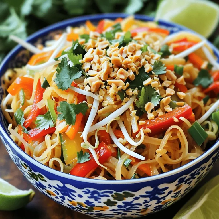 To make Easy Vegetable Pad Thai, you will need the following ingredients: - 8 oz rice noodles - 2 tablespoons vegetable oil - 2 cloves garlic, minced - 1 cup bell peppers, julienned (mixed colors for vibrancy) - 1 cup carrots, julienned - 1 cup bean sprouts - 2 green onions, sliced - 2 tablespoons soy sauce - 1 tablespoon tamarind paste - 1 tablespoon brown sugar - 1 tablespoon lime juice - 1/4 cup crushed peanuts (optional for garnish) - Fresh cilantro for garnish These ingredients create a colorful and tasty dish. The rice noodles serve as a great base. The mix of veggies adds crunch and flavor. You can add a few optional ingredients to boost the taste of your pad Thai: - Sriracha or chili flakes for heat - Tofu or tempeh for protein - Extra lime wedges for serving - Sesame oil for a nutty flavor These options let you customize your dish. Feel free to mix and match! If you can’t find some ingredients, don’t worry. Here are some substitutions you can use: - Rice noodles: Use any flat noodles like fettuccine or spaghetti. - Tamarind paste: Replace it with lime juice or vinegar. - Crushed peanuts: Almonds or sunflower seeds work well too. - Bell peppers: Use zucchini or mushrooms for a different taste. These substitutions help you adapt the recipe to what you have at home. You can still make a delicious dish with what you find! For the full recipe, check out the Easy Vegetable Pad Thai 🥢🥦. To start, soak the rice noodles in hot water. Let them sit for about 20 minutes. This softens the noodles. Drain them well and set them aside. Make sure they are not too sticky. You want them to mix easily later. Next, heat the vegetable oil in a large skillet or wok. Use medium heat for the best results. Add the minced garlic and sauté it for 1 minute. This step brings out the garlic's flavor. Then, add the bell peppers and carrots to the pan. Sauté these for about 3-4 minutes. You want them to be slightly tender but still crisp. This keeps the dish fresh and colorful. Now it's time to bring everything together. Stir in the soaked rice noodles. Add the bean sprouts and green onions. Toss all the ingredients well. In a small bowl, mix the soy sauce, tamarind paste, brown sugar, and lime juice. Pour this sauce over the noodle mixture. Stir until everything is coated. Cook for another 2-3 minutes. This allows the noodles to absorb all the flavors. Finally, remove the pan from heat. Serve hot with crushed peanuts and fresh cilantro on top. For the full recipe, check out the Easy Vegetable Pad Thai guide! To make fluffy rice noodles, soak them properly. Use hot water and let them sit for about 20 minutes. This softens them without cooking. Drain the noodles well before adding them to the pan. When cooking, avoid over-stirring. Let them sit for a moment to get a nice texture. You can boost the flavor of your pad Thai with a few tweaks. Add more lime juice for tang, or increase the tamarind paste for depth. If you like heat, toss in some chili flakes or sriracha. Mixing in fresh herbs like basil or mint also gives a fresh taste. Don’t forget crushed peanuts—they add crunch and flavor! For a vibrant presentation, serve the pad Thai in colorful bowls. Garnish each bowl with fresh cilantro and extra lime wedges. This adds brightness and freshness. You can also sprinkle more crushed peanuts on top for a nice finish. Serve with chopsticks for fun, and enjoy a tasty meal! Check out the Full Recipe for more details. {{image_2}} If you want to add protein, chicken, shrimp, or tofu work great. Simply cook the protein first. For chicken, slice it thin and cook for about five minutes. For shrimp, sauté until pink. Tofu should be pressed, cubed, and sautéed until golden. Mix your protein into the noodles with the sauce. Feel free to switch up the veggies! Broccoli, snap peas, or zucchini add a nice crunch. You can also use mushrooms for a savory touch. The goal is to use fresh, colorful vegetables. This not only makes your dish look great but also boosts nutrition. Want some heat? Add red pepper flakes or sliced fresh chili. You can also replace some soy sauce with sriracha. Start with a little, then taste. You can always add more spice. This adds depth and flavor that will excite your taste buds. For more ideas and details, check out the Full Recipe. To keep your Easy Vegetable Pad Thai fresh, store it in an airtight container. Make sure the dish is cool before sealing it. This helps prevent moisture buildup. Leftovers will last up to three days in the fridge. Label the container with the date to track freshness. When reheating, use a skillet or wok for the best results. Heat a small amount of oil over medium heat. Add the leftover pad Thai, stirring gently until hot. This method keeps the noodles from getting mushy. You can also add a splash of water or soy sauce to help with moisture. You can freeze your Easy Vegetable Pad Thai for later use. Portion it into freezer-safe bags or containers. Remove as much air as possible before sealing. It can last up to three months in the freezer. When ready to eat, thaw it overnight in the fridge. Reheat it in a skillet for the best texture. Yes, you can make Easy Vegetable Pad Thai gluten-free. Use gluten-free rice noodles instead of regular ones. Check the soy sauce too. Look for gluten-free soy sauce, often labeled tamari. This way, you get the same great taste without gluten. To adjust the spice level, start with less spice. You can add more later. For heat, try using chili flakes or fresh chili peppers. Mix them into the sauce for a kick. If you want less heat, skip the spicy additions. Always taste as you go to find your perfect balance. Serve Pad Thai hot straight from the pan. Use colorful bowls for a fun look. Garnish with crushed peanuts and fresh cilantro for flavor and color. Add lime wedges on the side for a zesty twist. This simple presentation makes the dish pop and brings joy to the table. For the full recipe, check out the complete instructions. You now have all the steps and tips to make Easy Vegetable Pad Thai. Remember to gather your ingredients, cook the noodles, and stir everything together. This dish is not just tasty; it’s fun to make! You can also try your own mix of veggies or add protein if you wish. Store any leftovers properly so they stay fresh. Enjoy your cooking adventure and impress everyone with your pad thai skills!