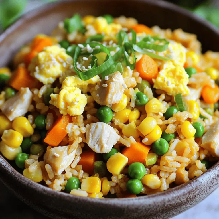 To make this easy chicken fried rice, gather these key ingredients: - 2 cups cooked rice (preferably day-old for best texture) - 1 cup cooked chicken, diced - 2 tablespoons vegetable oil - 2 eggs, lightly beaten - 1 cup mixed vegetables (carrots, peas, and corn) - 3 green onions, sliced - 2 cloves garlic, minced - 2 tablespoons soy sauce - 1 tablespoon sesame oil - Salt and pepper to taste These ingredients blend perfectly to create a tasty meal. Day-old rice gives the best texture. Freshly cooked rice can be too sticky. You can add personal touches to your chicken fried rice with these options: - Bell peppers for crunch - Broccoli for added nutrition - Shrimp or tofu for different proteins - Ginger for extra flavor - Chili flakes for heat Feel free to mix and match based on what you love. This dish is perfect for using up leftovers. If you have allergies, consider these swaps: - Use tamari instead of soy sauce for gluten-free needs. - Replace eggs with scrambled tofu for a vegan option. - Swap the vegetable oil for olive oil or avocado oil. - Use coconut aminos in place of soy sauce for a soy-free option. These substitutions help you enjoy the dish safely. Always check labels to ensure they meet your dietary needs. For the full recipe, check our detailed guide. To make this easy chicken fried rice, first gather your ingredients. You will need: - 2 cups cooked rice (preferably day-old for best texture) - 1 cup cooked chicken, diced - 2 tablespoons vegetable oil - 2 eggs, lightly beaten - 1 cup mixed vegetables (carrots, peas, and corn) - 3 green onions, sliced - 2 cloves garlic, minced - 2 tablespoons soy sauce - 1 tablespoon sesame oil - Salt and pepper to taste Make sure your rice is cold. This makes it easier to fry. Diced chicken should be ready to go. Slice your green onions and mince the garlic. These steps save time during cooking. Heat the vegetable oil in a large skillet or wok over medium-high heat. Once hot, add the minced garlic. Sauté for about 30 seconds, until fragrant. This adds great flavor to your dish. Next, push the garlic to one side of the skillet. Pour the beaten eggs into the other side. Scramble the eggs until fully cooked. Then mix them with the garlic. Now, add the diced chicken and mixed vegetables to the pan. Stir-fry for about 2-3 minutes. This allows everything to heat through and blend. Add the cooked rice next. Break up any clumps as you add it to the skillet. Stir well to combine with the other ingredients. Drizzle the soy sauce and sesame oil over the rice mixture. Stir-fry for an additional 3-4 minutes. This helps the rice absorb all the tasty flavors. Season with salt and pepper to taste. Then add the sliced green onions, saving some for garnish. Toss everything together until it is evenly mixed and heated through. For a great presentation, serve the fried rice in a large bowl. Garnish with the remaining green onions and a drizzle of sesame oil. This adds a nice touch to your dish. Enjoy your meal with chopsticks for an authentic experience. You can find the full recipe above for a detailed guide. For fried rice, use day-old rice. It dries out a bit in the fridge. This helps it fry better. Fresh rice can be too sticky. If you don’t have day-old rice, cook some and spread it on a tray to cool. This will help it dry. To boost flavors, use good soy sauce. Dark soy sauce gives a richer taste. Add sesame oil for a nice nutty flavor. You can also toss in some ginger or chili paste. Fresh herbs like cilantro add a fresh touch. A squeeze of lime brightens everything up too. Don’t overcrowd the pan. This makes food steam instead of fry. Always heat your skillet well before adding ingredients. Avoid using too much liquid; it can make the rice soggy. Lastly, don’t skip the garlic. It brings great flavor but should be cooked just right, not burnt. {{image_2}} You can easily make chicken fried rice vegetarian or vegan. Instead of chicken, use tofu or tempeh. Both add great texture and protein. For a vegan option, skip the eggs and use an egg substitute, like silken tofu. You can also add extra veggies like bell peppers or mushrooms for more flavor. Chicken is a favorite, but you can try other proteins too. Shrimp, beef, or pork all work well. For a fun twist, use leftover rotisserie chicken for quick prep. If you like a spicy kick, add diced sausage. Just remember to adjust cooking times based on the protein you choose. Enhancing flavor is key to great fried rice. Soy sauce is essential, but you can add more. Try hoisin sauce or oyster sauce for depth. For a kick, add chili paste or sriracha. Fresh herbs like cilantro or basil can brighten the dish. Finally, sesame seeds give a nice crunch. For a full guide on these variations, check out the Full Recipe. To store your leftover chicken fried rice, place it in an airtight container. Make sure the rice cools to room temperature first. This helps to keep it fresh. Store it in the fridge for up to three days. You can also divide it into smaller portions for easy access. If you want to save it longer, freezing works great. Use a freezer-safe bag or container. Press out as much air as you can before sealing. Chicken fried rice can be frozen for up to three months. When you're ready to eat, thaw it in the fridge overnight. Reheat it in a skillet over medium heat. Add a splash of water to help steam it and keep it moist. Chicken fried rice does not last forever. In the fridge, it stays good for about three days. After that, it may spoil. If you notice any off smells or colors, toss it. Always check before eating. Proper storage helps keep your meals tasty and safe! Check the [Full Recipe] for more tips on making this dish. Yes, leftover rice is perfect for chicken fried rice. Day-old rice has less moisture. This helps it fry better and gives a nice texture. Fresh rice can be too sticky and clump together. If you have leftover rice, use it! To reduce oil, use less vegetable oil. You can also add more veggies. They will add moisture and flavor without extra oil. Another tip is to cook over high heat. This helps to fry the rice quickly and keeps it from getting greasy. Great veggies for this dish include: - Carrots - Peas - Corn - Bell peppers - Broccoli These add color and crunch. You can mix and match based on what you have. Yes, you can make chicken fried rice gluten-free. Just use gluten-free soy sauce. There are many brands available now. You can also use coconut aminos as a tasty alternative. Yes, using frozen vegetables is a smart choice! They are easy and save time. Just add them straight to the pan. They will heat up quickly and keep their nutrients. Using frozen veggies also makes this dish even faster to prepare. For the full recipe, check the recipe section. Easy chicken fried rice combines simple ingredients and cooking steps. You can customize your dish with optional flavors or different proteins. I shared tips to boost taste and avoid common mistakes. Storage advice ensures you can enjoy leftovers safely. Remember, you can always use leftover rice and frozen veggies for convenience. Experiment with variations to find your favorite. This dish is fun and easy to make, perfect for any meal!