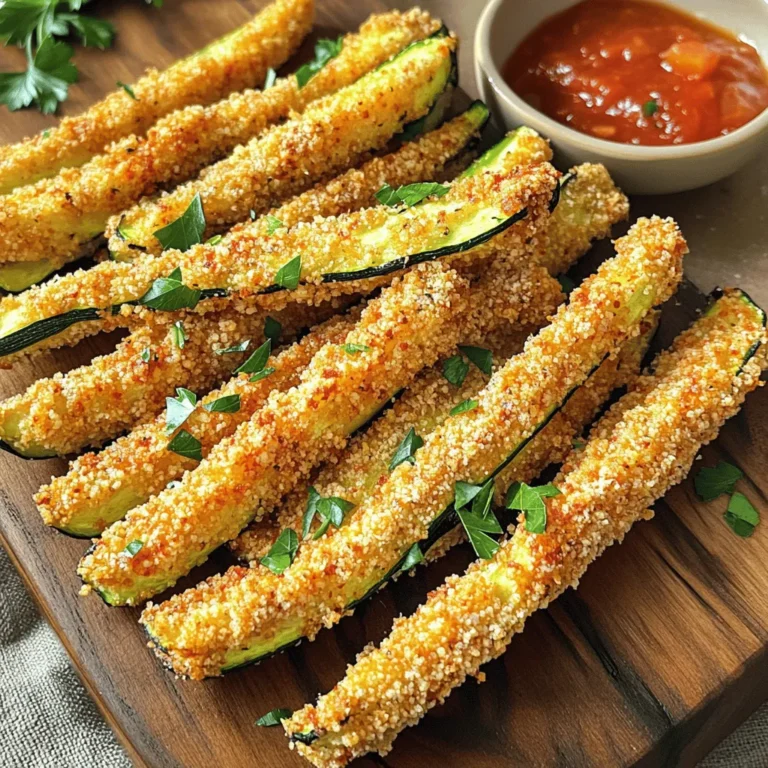 - 2 medium zucchinis, cut into fries - 1 cup breadcrumbs (preferably whole wheat or panko for extra crunch) - 1/2 cup grated Parmesan cheese - 1 teaspoon garlic powder - 1 teaspoon paprika - 1/2 teaspoon salt - 1/2 teaspoon black pepper - 2 large eggs, beaten - Cooking spray or olive oil for drizzling When choosing zucchinis, look for medium-sized ones that feel firm. Avoid any that are soft or have blemishes. Fresh zucchinis taste better and give the best results. For breadcrumbs, I suggest using either whole wheat or panko. Whole wheat adds a nutty flavor, while panko gives extra crunch. Both options work well, but I lean toward panko for that delightful crisp. Using fresh ingredients is key. Fresh herbs, spices, and cheese enhance the taste of your baked zucchini fries. They make your snack not just tasty but also healthy. Always choose high-quality ingredients for the best results. For the full recipe, check the detailed instructions above. Enjoy your cooking! Start by preheating your oven to 425°F (220°C). This high heat helps achieve that crispy texture we love. While the oven heats, line a baking sheet with parchment paper. This step makes cleanup easy and prevents sticking. Make sure the parchment paper is flat against the pan. Any wrinkles can cause uneven cooking. Next, let's coat those zucchini fries. First, beat your eggs in a shallow bowl. This will help the breadcrumbs stick. Now, prepare the breadcrumb mixture. In another bowl, mix the breadcrumbs, grated Parmesan, garlic powder, paprika, salt, and pepper. The mix should be evenly combined. For coating, take each zucchini fry and dip it into the eggs. Let the extra drip off for a cleaner look. Then, roll it in the breadcrumb mix. Press gently to ensure the crumbs stick well. This step is key for a crispy bite. Now, it's time to bake. Place the coated zucchini fries on the baking sheet. Make sure they are in a single layer and not touching. This spacing helps them crisp up. Lightly spray or drizzle with olive oil for an extra crispy finish. Bake the fries for 20 to 25 minutes. Flip them halfway through to ensure even cooking. You know they are done when they turn golden brown and crisp. Let them cool for a few minutes before serving. Enjoy your crispy and flavorful baked zucchini fries! For the full recipe, check out the [Full Recipe]. To get your zucchini fries extra crispy, focus on the coating. I recommend using panko breadcrumbs. They add more crunch than regular breadcrumbs. Mix them with grated Parmesan, garlic powder, paprika, salt, and pepper for a tasty coating. Even spacing on the baking sheet is key. Place the zucchini fries in a single layer. Make sure they don’t touch each other. This allows hot air to circulate around each fry, making them crispier. You can customize the spice levels to fit your taste. If you like heat, add cayenne pepper or chili powder. For a milder flavor, stick to garlic and herbs. Fresh herbs can enhance the flavor. Try adding chopped parsley or basil to the breadcrumb mix. This adds a fresh taste that pairs well with zucchini. If you want to try air frying, it’s a great option. Air fryers cook food quickly and make it crispy. Set the temperature to 400°F (200°C) and cook for about 15 minutes, shaking the basket halfway through. Grilling zucchini fries is another fun method. Brush them with olive oil and grill them over medium heat. This gives them a smoky flavor while still keeping them crispy. For the full recipe, check out the detailed steps provided earlier. {{image_2}} You can switch up the cheese for your baked zucchini fries. For a vegan option, use nutritional yeast. It adds a cheesy flavor without dairy. You can also use vegan cheese shreds. They melt well and give a nice texture. If you prefer traditional cheese, try mozzarella or cheddar. Both add a creamy taste. Parmesan is great for a salty kick. Mixing different cheeses can create even more flavor. Want a gluten-free option? Use almond flour or crushed rice cereal instead of breadcrumbs. These options still give that crunchy texture. For more crunch, add nuts or seeds to your coating mix. Chopped almonds or sunflower seeds work well. They boost nutrition and flavor. You can even try crushed cornflakes for a unique twist. Experiment with spices to give your fries a new taste. Try adding cayenne pepper for heat or Italian herbs for a fresh flavor. You can mix garlic powder with onion powder for depth. Incorporating other vegetables can add variety, too. Try mixing in carrot or sweet potato sticks. They can add color and taste. Just keep the size similar so they cook evenly. To keep your zucchini fries fresh, use airtight containers. Glass containers work great. You can also use plastic ones that seal well. Store them in the fridge. They stay good for about 3 days. When reheating, use the oven for the best results. Preheat it to 350°F (175°C). Place the fries on a baking sheet. Heat for about 10 minutes. This keeps them crispy. The microwave works too, but it may make them soft. If you use the microwave, heat for 1-2 minutes on a plate. You can freeze your leftover fries for later. Lay them flat on a baking sheet and freeze until solid. Then, move them to a freezer bag. They stay good for about 2 months. When you're ready to eat them, thaw overnight in the fridge. Reheat in the oven for a crispy finish. Always avoid refreezing once they are thawed. To make baked zucchini fries crispy, you need to focus on a few key steps. First, choose the right breadcrumbs. Whole wheat or panko breadcrumbs add great crunch. Dip the fries in beaten eggs to help the coating stick. Make sure to press the breadcrumbs onto the zucchini well. Common mistakes include overcrowding the baking sheet. Ensure the fries are in a single layer. This allows hot air to circulate and crisp them up. Also, lightly spray the fries with cooking spray or drizzle with olive oil before baking. This step enhances the crispiness. Using frozen zucchini is not ideal for baked zucchini fries. Frozen zucchini contains more water, which affects texture. When you bake it, the fries may turn out soggy instead of crispy. Fresh zucchini gives you the best flavor and crunch. If you only have frozen zucchini, thaw it first. Pat it dry with paper towels to remove excess moisture. This may improve the final result, but fresh is always better for this recipe. Zucchini fries taste great with many dips. Here are some popular options: - Marinara sauce - Ranch dressing - Garlic aioli - Spicy ketchup - Yogurt dip You can also make your own dips to match your taste. Mixing Greek yogurt with herbs makes a refreshing dip, while a spicy aioli adds a kick. Try different combinations to find your favorite! In this post, I shared how to make delicious zucchini fries. We covered selecting the best ingredients, baking techniques, and tips for a perfect crunch. Fresh ingredients matter for great taste. Remember to space your fries evenly for crispiness. Experiment with flavors and cooking methods for variety. Finally, store your leftovers correctly to keep them tasty. Enjoy making these versatile fries, and don’t hesitate to try new combinations!